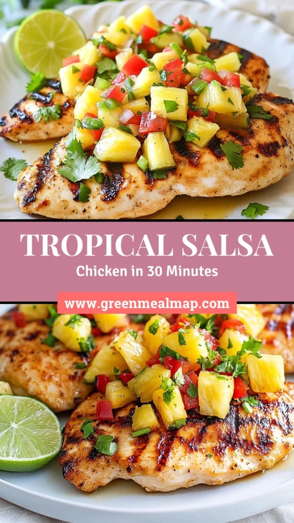 Elevate your dinner with this quick and delicious Tropical Pineapple Salsa Chicken! This tropical chicken recipe features juicy grilled chicken with salsa that bursts with flavors from fresh pineapple salsa, red bell peppers, and cilantro. It's the perfect easy chicken dinner for busy weeknights or gatherings. Discover how to create this vibrant dish and get ready to impress! Save this recipe for your next meal! #TropicalChickenRecipe #GrilledChickenWithSalsa #EasyChickenDinner #PineappleSalsaChicken