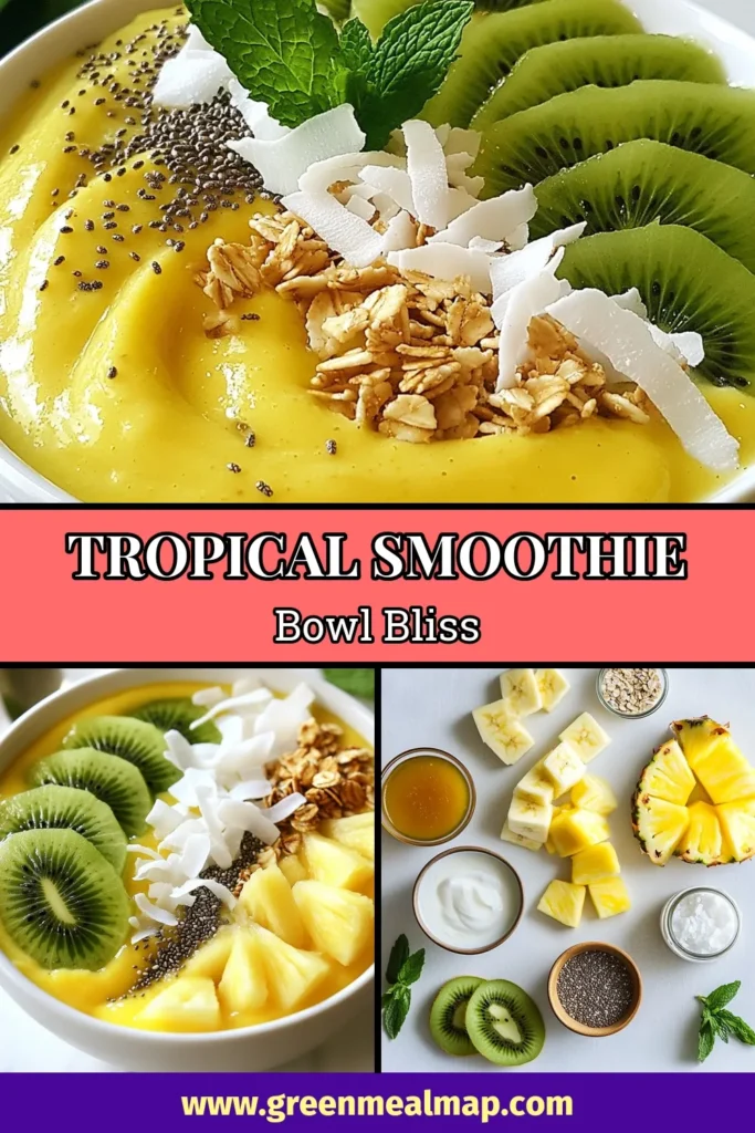 Dive into a Tropical Pineapple Smoothie Bowl that brings the taste of paradise to your kitchen! This delicious pineapple smoothie recipe combines fresh pineapple, banana, and creamy coconut milk with Greek yogurt for a healthy smoothie bowl that's both refreshing and nutritious. It’s perfect for breakfast or a snack. Try it today and enjoy a splash of tropical flavor! Save this recipe for later! #TropicalSmoothieBowl #PineappleSmoothieRecipe #HealthySmoothieBowl #CoconutMilkSmoothie