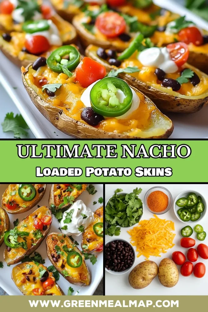 Savor the goodness of loaded nacho potato skins with this easy stuffed potato skins recipe! These cheesy potato skins are perfect baked potato appetizers for any gathering. Packed with melty cheese, black beans, and fresh toppings, they’re sure to impress. Try these delicious easy nacho potato skins today! Click to save this recipe and bring a flavor explosion to your next party! #NachoPotatoSkins #Appetizers #CheesyGoodness #PotatoSkinsRecipe