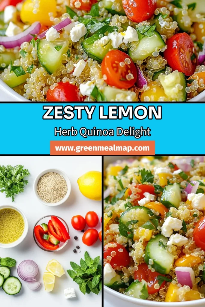 Looking for a refreshing and nutritious dish? Try this Lemon Herb Quinoa Salad! Packed with fresh veggies and topped with feta, this Healthy Quinoa Recipe is perfect for lunch or dinner. Enjoy the vibrant flavors of this Vegetarian Quinoa Salad, featuring a delightful mix of herbs and lemon for a light taste. Make your meal prep easy with this Fresh Herb Quinoa Salad that's ready in just 30 minutes. Save this recipe for your next healthy meal! #HealthyRecipes #QuinoaSalad #Vegetarian #MealPrep