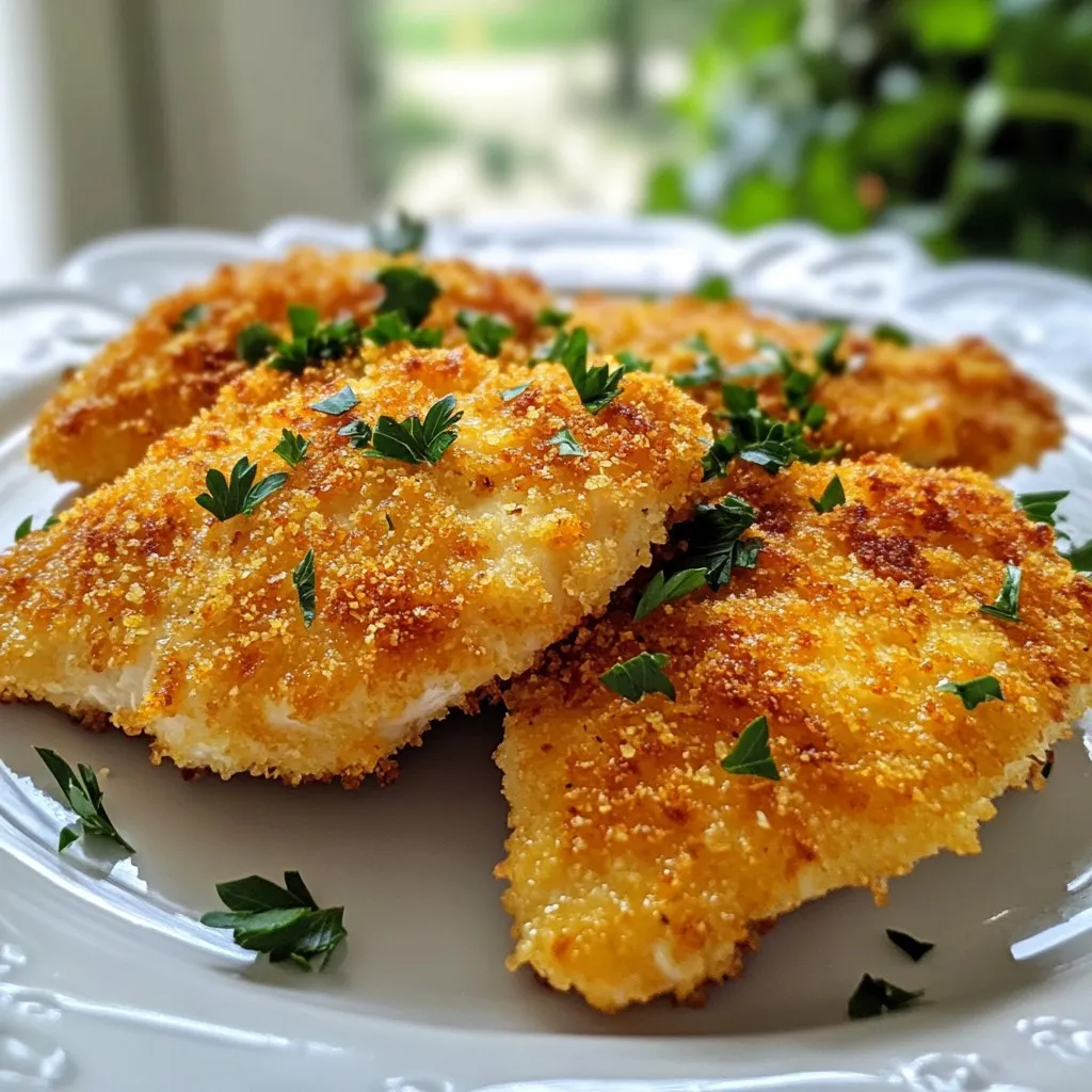 To make Parmesan crusted chicken cutlets, you need a few simple ingredients. Each one plays a key role in making this dish juicy and flavorful. Here’s what you need: - 4 boneless, skinless chicken breasts - 1 cup of grated Parmesan cheese - 1 cup of breadcrumbs (preferably panko for extra crunch) - 1/4 cup all-purpose flour - 2 large eggs - 1 teaspoon garlic powder - 1 teaspoon onion powder - 1 teaspoon dried Italian herbs (or oregano) - Salt and pepper to taste - Olive oil for frying - Fresh parsley, chopped (for garnish) These ingredients come together to form a delicious crust and tender chicken. The Parmesan cheese adds a rich, nutty flavor. The breadcrumbs help create a nice crunch. The spices bring warmth and depth, making every bite a delight. You can easily find these ingredients at your local grocery store. If you want to switch things up, try different herbs or spices. This recipe is flexible, so feel free to add your twist! {{ingredient_image_1}} To make the best Parmesan crusted chicken cutlets, you need a good breading station. Start with three shallow dishes. In the first dish, mix flour with salt and pepper. This adds a nice base for the chicken. In the second dish, beat two large eggs. This will help the breading stick. In the third dish, combine grated Parmesan cheese, breadcrumbs, garlic powder, onion powder, dried herbs, salt, and pepper. This mixture creates a flavorful crust. Next, take your four boneless, skinless chicken breasts. Place each breast between two sheets of plastic wrap. Use a meat mallet or rolling pin to pound them to about 1/2-inch thick. This step is key for even cooking and tenderness. Make sure they are all about the same thickness. This helps them cook at the same rate. Now it’s time to coat the chicken. Start by dredging each chicken breast in the flour. Make sure to cover both sides lightly. Shake off any extra flour. Next, dip the floured chicken into the beaten eggs. Ensure the chicken is fully coated in the egg. After that, press it into the Parmesan-breadcrumb mixture. Cover both sides well for a crispy crust. The mixture will stick nicely because of the egg. You are now ready to fry! To get that perfect crispy crust, use panko breadcrumbs. They make a big difference. Mix the breadcrumbs with grated Parmesan cheese, garlic powder, onion powder, and herbs. This adds flavor and crunch. Press the chicken firmly into the mixture. This helps it stick well. Pound the chicken breasts to about 1/2-inch thick. This helps them cook evenly. If they are uneven, some parts may cook too fast. Use a meat mallet or rolling pin for this step. It is key for juicy cutlets. Heat the olive oil over medium heat. You want about 1/4 inch of oil in the pan. Test the oil by dropping in a small piece of bread. If it sizzles right away, it's ready. Cook the cutlets for 4-5 minutes on each side. This ensures a golden brown color and keeps them juicy. Check the internal temperature. It should reach 165°F. Pro Tips Use Panko Breadcrumbs: For an extra crunchy texture, opt for panko breadcrumbs instead of regular ones. They create a light and crispy crust that elevates the dish. Rest the Chicken: After frying, let the chicken cutlets rest for a few minutes. This helps the juices redistribute, ensuring a moist and tender cutlet. Check Oil Temperature: Make sure the oil is hot enough before adding the chicken. A temperature of 350°F is ideal for achieving a golden crust without absorbing too much oil. Experiment with Seasonings: Feel free to customize the breadcrumb mixture by adding your favorite spices or herbs. This will give your chicken cutlets a unique flavor profile. {{image_2}} You can make this dish in the oven for a healthier twist. Preheat your oven to 400°F. Prepare the chicken as usual, then place the breaded cutlets on a baking sheet lined with parchment paper. Spray or brush them lightly with olive oil. Bake for about 20-25 minutes until golden and cooked through. This method gives you a crispy crust without frying. Want to spice things up? Add lemon zest for a bright flavor. It gives a fresh taste that pairs well with chicken. You can also mix in chili flakes for a bit of heat. Just a pinch can elevate your dish without overwhelming it. Feel free to experiment with your favorite spices, too. If you need a gluten-free option, swap the breadcrumbs with crushed gluten-free crackers or almond flour. Use cornstarch instead of flour for coating. These changes will keep the dish crispy and tasty. You won’t miss the gluten at all! After cooking, let the chicken cool to room temperature. Store the chicken cutlets in an airtight container. They will last in the fridge for up to three days. Place a paper towel in the container to absorb moisture. This helps keep the chicken crispy. If you want to save some cutlets for later, freezing is a great option. First, let the chicken cool completely. Wrap each cutlet in plastic wrap tightly. Then, place them in a freezer bag or container. They can be frozen for up to three months. Label the bag with the date for easy tracking. To reheat, avoid the microwave if you want to keep the crust crispy. Instead, place the cutlets in a preheated oven at 350°F. Heat for about 10-15 minutes, or until warmed through. You can also reheat them in a skillet over medium heat. Add a little olive oil to keep them crispy. To check if the chicken is done, use a meat thermometer. The internal temperature should reach 165°F. You can also cut into the thickest part. The meat should be white and juices should run clear. If you see any pink, cook it a bit longer. Yes, you can prep the chicken ahead of time. Bread the chicken cutlets and store them in the fridge for a few hours. This helps the breading stick better. You can also freeze the breaded cutlets for later. Just remember to thaw them before cooking. These cutlets pair well with many sides. Try serving them with a fresh salad or steamed veggies. Mashed potatoes or pasta also make great choices. Don't forget a squeeze of lemon for extra flavor. Consider a light sauce for a tasty finish too. You learned how to make crispy Parmesan-crusted chicken cutlets. We walked through the ingredients, from chicken breasts to tasty seasonings. Then, I shared the step-by-step process, so you can coat and fry them perfectly. I also gave you tips for a crunchy crust and even cooking. You can try fun variations like oven-baked options or gluten-free swaps. Now, you’re ready to impress with this delicious dish. Enjoy cooking and sharing this delightful meal!