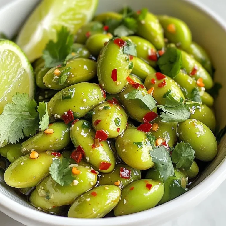 - 2 cups edamame in pods (fresh or frozen) - 3 tablespoons olive oil - 4 cloves garlic, minced - 1 teaspoon red pepper flakes (adjust to taste) - 2 tablespoons soy sauce - 1 tablespoon honey - Juice of 1 lime - Salt to taste - Fresh cilantro for garnish For this spicy garlic edamame, you need just a few simple ingredients. First, choose your edamame. You can use fresh or frozen. If you pick frozen, check the package for cooking times. Next, grab some olive oil. It gives a rich flavor and helps cook the garlic. You’ll also need garlic. I use four cloves, minced well. This adds a strong, savory taste. For spice, add red pepper flakes. You can adjust how much you add based on your heat level preference. Next, soy sauce brings umami and depth. Honey balances the spice and salt. Don't forget the juice of one lime for a fresh kick! Lastly, a sprinkle of salt ties it all together. For a beautiful touch, use fresh cilantro as a garnish. These ingredients come together fast. They create a snack that bursts with flavor. Enjoy making this easy, tasty dish! {{ingredient_image_1}} For this recipe, you can use fresh or frozen edamame. If you choose frozen, cook it based on the package directions until tender. If you use fresh edamame, boil it in salted water for about five minutes. The salt enhances the flavor and makes the edamame taste better. After boiling, drain the edamame and set it aside. Heat the olive oil in a large skillet over medium heat. This heat level is key to cooking the garlic just right. You want the oil hot but not smoking. Next, add the minced garlic and sauté it for one to two minutes. Watch closely to avoid burning the garlic. Burnt garlic tastes bitter and ruins the dish. Now, it's time to bring everything together. Add the red pepper flakes to the skillet after the garlic has sautéed. Stir them for about 30 seconds to let the flavor come out. Then, add the boiled edamame to the skillet and toss it to coat with the garlic oil. Pour in the soy sauce, honey, and lime juice next. Mix well to make sure the edamame absorbs all the flavors. Let it cook for another two to three minutes, stirring often. Finally, season with salt to taste before serving. To change the heat, use red pepper flakes. Start with one teaspoon. If you want less heat, reduce the amount or leave it out. You can also swap in paprika for a mild flavor. This way, you keep the taste but lower the spice. Choosing the right soy sauce makes a big difference. A dark soy sauce adds depth and richness. Light soy sauce gives a lighter flavor. Honey balances the spice with sweetness. Use fresh lime juice for a zesty twist. This combo lifts the dish to new heights. Spicy garlic edamame works well as a snack or appetizer. Serve it warm in a bowl. Add lime wedges on the side for extra zest. Pair it with rice dishes or grilled meats for a full meal. For a fun touch, sprinkle some sesame seeds on top! Pro Tips Adjust the Heat: If you prefer a milder dish, reduce the amount of red pepper flakes or omit them entirely. Fresh Ingredients: Use fresh garlic and lime juice for the best flavor. Fresh ingredients can elevate the dish significantly. Experiment with Sauces: Feel free to add a splash of sriracha or sesame oil for an extra flavor dimension. Perfect Serving: Serve the edamame warm, and consider pairing with a cold drink to balance the spice! {{image_2}} You can easily make Spicy Garlic Edamame vegan. Instead of honey, use maple syrup. It adds sweetness without any animal products. You can also skip the sweetener altogether if you like heat more than sweetness. Add more veggies for extra flavor and nutrients. Try bell peppers or carrots. Just chop them small and add them in when you sauté the garlic. This makes a colorful and tasty dish. Want to change the flavor? You can add other spices to the mix. Try cayenne pepper for more heat or smoked paprika for a smoky taste. You can even sprinkle some sesame seeds for a nutty flavor. Garnishes can also change the taste. Instead of cilantro, use chopped green onions. You can also top it with crushed peanuts or sesame oil for a twist. Spicy Garlic Edamame pairs well with many dishes. Serve it with sushi or rice dishes for a full meal experience. It also works great as a side with grilled meats or tofu. For drinks, a cold beer complements the spice well. If you prefer non-alcoholic, try iced green tea. Both drinks balance the heat from the edamame and enhance your meal. To keep your Spicy Garlic Edamame fresh, store it in an airtight container. Place it in the fridge within two hours of cooking. This helps maintain quality and flavor. Your leftovers will stay good for about three days. If you want to keep them longer, consider freezing them. Just make sure to cool them completely before freezing. When reheating your edamame, the best method is to use a skillet. Heat a bit of olive oil over medium heat. Add the edamame and stir until warm. This method keeps the texture nice. You can also use a microwave. Place the edamame in a bowl with a splash of water. Cover it and heat for about one minute. Stir and check if it is warm enough. If not, heat in 30-second bursts. This way, you keep the garlic flavor strong and the edamame tender. You can store Spicy Garlic Edamame in the fridge for about 3 to 5 days. Make sure to place it in an airtight container. This keeps it fresh and tasty. If you notice any off smells or changes in texture, it’s best to toss it out. To keep them even longer, you can freeze the leftovers for up to 3 months. Just remember to thaw them in the fridge before reheating. Yes, you can make Spicy Garlic Edamame in advance! Cook it a day or two before your event. Just follow the recipe, let it cool, and store it in the fridge. When it's time to serve, reheat it in a skillet over low heat. This way, you save time and still enjoy a great snack. Spicy Garlic Edamame pairs well with many dishes. Try serving it alongside sushi, grilled chicken, or a fresh salad. You can also enjoy it with rice or noodles for a complete meal. For drinks, a nice cold beer or iced tea complements the flavors beautifully. Don't shy away from garnishing your plate with lime wedges for added zest! In this post, we covered how to make tasty spicy garlic edamame. We explored the best ingredients, from fresh edamame to flavor enhancers. I shared step-by-step instructions, including cooking tips for perfect garlic. We also discussed variations to suit different diets and how to serve this dish with style. Finally, I provided storage tips to keep leftovers fresh. Try out this easy recipe for a new snack or side. Enjoy the delicious flavors!