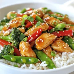 - 1 lb boneless, skinless chicken breasts, sliced into strips - 2 tablespoons sesame oil - 1 tablespoon fresh ginger, grated - 3 cloves garlic, minced - 1 red bell pepper, sliced - 1 cup snap peas, trimmed - 1 cup broccoli florets - ¼ cup low-sodium soy sauce - 1 tablespoon honey - 1 tablespoon rice vinegar The chicken is the star of this dish. I prefer boneless, skinless chicken breasts for a leaner option. Slice them into strips for quick cooking. Next, the vegetables add color and crunch. I use red bell pepper, snap peas, and broccoli. These veggies not only taste great but also make the dish look appealing. Now, let’s talk about the sauce. It’s a mix of low-sodium soy sauce, honey, and rice vinegar. This blend gives the stir fry a sweet and savory kick. - 3 green onions, sliced for garnish - 2 tablespoons sesame seeds Once the stir fry is ready, I love adding green onions for a fresh bite. Sesame seeds provide a nice crunch and nutty flavor. These garnishes take the dish to the next level, making it more fun and tasty. {{ingredient_image_1}} First, slice the chicken into thin strips. This helps the chicken cook evenly. Use a sharp knife for safe and quick cuts. Next, prepare your vegetables. Slice the red bell pepper and trim the snap peas. Cut the broccoli into small florets for easy cooking. Now, grate the fresh ginger. Use a box grater or a fine grater. This makes the ginger blend well into the dish. Then, mince the garlic cloves. You want tiny pieces to add strong flavor. Together, these ingredients will boost your stir-fry. Heat sesame oil in a large skillet or wok over medium-high heat. The oil adds great flavor and helps prevent sticking. Once hot, add the sliced chicken. Cook it for about 5 to 7 minutes. Look for a golden color and make sure it is cooked all the way through. Remove the chicken from the skillet and set it aside. In the same skillet, add the grated ginger and minced garlic. Stir them for about 30 seconds. You want to smell their fragrant aroma. Next, add the sliced red bell pepper, snap peas, and broccoli florets. Stir-fry these veggies for about 4 to 5 minutes. They should be bright and slightly tender but still crisp. Return the cooked chicken to the skillet. Pour in the low-sodium soy sauce, honey, and rice vinegar. Mix everything well. This step coats the chicken and vegetables in a flavorful sauce. Now, sprinkle sesame seeds over the stir-fry. Cook for an additional 2 minutes. This will help thicken the sauce a bit. Once done, remove from heat. Lastly, garnish with sliced green onions. This adds a fresh touch before serving. Enjoy your delicious Sesame Ginger Chicken Stir Fry! - How to avoid overcooking chicken: Cook chicken on medium-high heat. Use a meat thermometer to check its doneness. Aim for 165°F. This ensures the meat stays juicy and tender. - Maintaining crispiness of vegetables: Stir-fry vegetables quickly on high heat. Do not overcrowd the skillet. This helps them stay bright and crunchy. Add vegetables in stages if needed. - Suggestions for extra spices: Try adding red pepper flakes for heat. You could also sprinkle in some ground black pepper for depth. A splash of lime juice adds a fresh zing. - Using fresh herbs for additional flavor: Fresh cilantro or Thai basil can elevate your stir-fry. Chop them finely and add just before serving. This keeps their flavor bright and fresh. Pro Tips Use Fresh Ingredients: Always opt for fresh vegetables and herbs for the best flavor and nutrition. Fresh ginger and garlic add a vibrant taste that enhances the overall dish. High Heat is Key: Stir-frying requires high heat to quickly cook the chicken and vegetables while keeping them crisp. Make sure your skillet or wok is preheated before adding the ingredients. Customize Your Veggies: Feel free to swap in your favorite vegetables! Carrots, zucchini, or bell peppers can easily take the place of the snap peas or broccoli, depending on what's in season. Let It Rest: After cooking, allow your stir-fry to rest for a minute before serving. This lets the flavors meld together, enhancing the overall taste. {{image_2}} You can easily swap chicken for different proteins. Tofu works great for a vegetarian option. It absorbs flavors well and adds a nice texture. Just cube it and sauté until golden. Shrimp is another tasty choice. It cooks quickly and adds a sweet flavor. You can use large or small shrimp, just adjust the cooking time. Beef is also an option. Thinly slice flank steak and stir-fry until it is tender. Feel free to change the vegetables based on what you have. Seasonal veggies like zucchini or asparagus can work well. You can also add mushrooms for an earthy taste. If you or your family prefer different flavors, try using bok choy or baby corn. Adjust the cooking time based on the vegetables. Softer ones will need less time, while firmer veggies require a bit more. You can make this dish gluten-free by using tamari instead of regular soy sauce. It gives a similar taste without gluten. If you want to change the sweetness, try maple syrup or agave syrup. Both options will add a nice touch without overpowering the dish. Adjust the amount to fit your taste. After cooking, let the stir fry cool. This helps keep it fresh. You can let it sit for about 20 minutes. Once it’s cool, put it in the fridge. Use airtight containers to keep flavors in. I recommend glass containers or BPA-free plastic. They seal well and are easy to clean. To reheat, use a skillet. Heat it on medium-low. Add a splash of water or broth to keep it moist. Stir often for even heating. You can also use the microwave. Use a microwave-safe bowl and cover it. Heat in short bursts, stirring in between. This keeps the chicken and veggies from getting soggy. Enjoy your stir fry fresh and tasty again! Can I make this dish in advance? Yes, you can make this dish ahead of time. Cook the chicken and vegetables as directed. Let them cool before storing. You can keep it in the fridge for up to three days. When ready to eat, reheat it in a skillet over medium heat. What can I serve with Sesame Ginger Chicken Stir Fry? This stir fry pairs well with jasmine rice or noodles. You can also serve it with a side of steamed vegetables. If you want a crunchy side, try spring rolls or a fresh salad. Is it possible to freeze leftover stir-fry? Yes, you can freeze leftover stir-fry. Place it in an airtight container. It will last up to three months in the freezer. To reheat, thaw it in the fridge overnight and warm it in a skillet. This blog post covered how to make a delicious Sesame Ginger Chicken Stir Fry. You learned about key ingredients like chicken and veggies, and how to prepare them. I shared cooking steps for perfect results, as well as tips to enhance flavor. You can explore variations using different proteins or sauces, and learn smart storage tips for leftovers. Remember, cooking should be fun and creative. Enjoy making this dish and customize it to your taste!