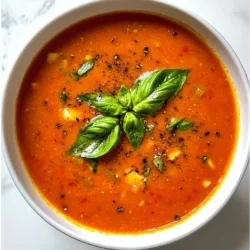 For a rich and tasty roasted tomato basil soup, you need simple, fresh ingredients. Each item adds its own unique flavor. Here’s what you will need: - 2 lbs ripe tomatoes, halved - 1 medium onion, quartered - 4 cloves garlic, peeled - 3 tablespoons olive oil - Salt and pepper to taste - 4 cups vegetable broth - 1 cup fresh basil leaves, loosely packed - 1 tablespoon balsamic vinegar - Pinch of red pepper flakes (optional) These ingredients come together to create a warm and comforting dish. The ripe tomatoes bring a sweet and tangy taste, while the onion and garlic add depth. Fresh basil gives the soup a bright, herbal note. Olive oil helps meld all the flavors while keeping the soup silky. Vegetable broth forms the base, making the soup hearty and nourishing. You can adjust the seasoning to your liking. A pinch of red pepper flakes adds a touch of heat, making the soup even more exciting. Each ingredient plays a role in making this dish a favorite for many. {{ingredient_image_1}} 1. Preheat the oven. Start by setting your oven to 400°F (200°C). This helps the soup cook evenly. 2. Tossing the vegetables. In a large bowl, combine the halved tomatoes, quartered onion, and peeled garlic. Add 3 tablespoons of olive oil, salt, and pepper. Mix well until all the veggies are coated. 3. Spreading on the baking sheet. Pour the tossed vegetables onto a baking sheet. Spread them in a single layer. This helps them roast nicely. 1. Duration and temperature details. Place the baking sheet in your preheated oven. Roast for 25 to 30 minutes. 2. Signs of perfect roasting. Look for caramelized tomatoes and soft veggies. They should smell sweet and inviting. 1. Combining with broth. After roasting, remove the baking sheet and let it cool a bit. Then, in a large pot, add the roasted vegetables and 4 cups of vegetable broth. 2. Blending techniques. Bring the pot to a gentle simmer. Use an immersion blender to blend until smooth. If you like it chunkier, blend just a bit. 3. Adjusting seasoning. Taste your soup. Add more salt, pepper, or a pinch of red pepper flakes for heat if you want. To boost the taste of your roasted tomato basil soup, consider adding a few extra seasonings. A pinch of cumin or a dash of smoked paprika can add warmth. Fresh herbs like thyme or oregano work well, too. For a fun twist, try stirring in a spoonful of pesto just before serving. When serving, pair your soup with crusty bread or a fresh salad. A sprinkle of croutons or a swirl of cream can add a nice touch. If you don’t have fresh tomatoes, canned tomatoes are a great option. Use high-quality whole or diced tomatoes. Instead of fresh basil, dried basil works in a pinch. Just remember to use less, as dried herbs are stronger. For dietary needs, swap vegetable broth with chicken broth if you prefer. You can also make it gluten-free by ensuring your broth is certified gluten-free. For this recipe, you will need a baking sheet to roast your vegetables. A large pot is essential for simmering the soup. The star tool here is the immersion blender. It lets you blend the soup right in the pot, which cuts down on cleanup. Blending is key to getting that smooth texture. It’s best for achieving the perfect consistency without transferring hot soup to a blender. Pro Tips Use Ripe Tomatoes: The flavor of your soup heavily depends on the quality of tomatoes. Choose ripe, in-season tomatoes for the best taste. Don't Skip the Roasting: Roasting the vegetables enhances their natural sweetness and adds depth to the soup, so don’t rush this step! Adjust Consistency: If you prefer a creamier texture, consider adding a splash of heavy cream or a dollop of sour cream after blending. Serve with Crusty Bread: This soup pairs beautifully with crusty bread or grilled cheese sandwiches for a comforting meal. {{image_2}} You can easily make this soup creamy. Just add a cup of heavy cream after blending. Cream gives the soup a rich taste. For a lighter option, use coconut milk. This works great for dairy-free diets. Want some heat? Add red pepper flakes to the pot. Start with a pinch and taste as you go. You can also use jalapeños or hot sauce for extra spice. These add a kick without ruining the tomato flavor. Adding grains makes this soup more filling. Consider stirring in cooked rice or quinoa. Both add fiber and protein. This way, you can turn your soup into a full meal. Plus, they enhance the soup's texture. Store leftovers in an airtight container. This keeps the soup fresh and tasty. You want to let it cool down first. Once cooled, seal it tight. The soup will last up to five days in the fridge. If you see any mold or off smells, throw it away. Freezing is a great option for this soup. First, let it cool completely. Pour the soup into freezer-safe bags or containers. Leave some space at the top for expansion. It can stay good for up to three months. To thaw, place it in the fridge overnight. You can also use the microwave for quick thawing. You can reheat the soup on the stove or in the microwave. For the stove, pour it into a pot and heat over low to medium heat. Stir often to avoid sticking. In the microwave, use a microwave-safe bowl. Heat in short bursts, stirring in between. This keeps the soup smooth and tasty. Enjoy your comforting bowl of soup! Yes, you can use canned tomatoes. Choose whole or diced tomatoes. Canned tomatoes are great for flavor. They also save time. Just drain any excess liquid before using them. The soup lasts about 5 days in the fridge. Store it in an airtight container. Make sure it cools down before putting it away. This helps keep the flavor fresh. Yes, this soup is vegan-friendly. It contains no animal products. You can enjoy it without worrying about dairy or meat. Yes, you can make this soup ahead of time. It tastes even better after a day. Just store it in the fridge and reheat when ready to serve. Serve this soup with crusty bread. Grilled cheese sandwiches pair well too. You can also add a fresh salad for a complete meal. Enjoy your comforting dish! This blog post guides you through making a delicious roasted tomato basil soup. We covered essential ingredients, step-by-step instructions, and tips for enhancing flavor. You learned about variations, storage tips, and answered common questions about the recipe. Now, you can enjoy a tasty and healthy dish that fits your needs. Use this recipe to impress friends and family or simply treat yourself. Cooking can be fun and easy, so start making your soup today!