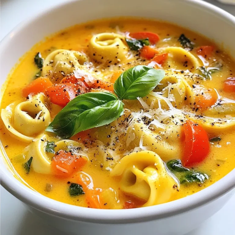 - 1 package (9-12 oz) cheese tortellini (fresh or frozen) - 1 can (15 oz) diced tomatoes, with juice - 4 cups vegetable broth The heart of this soup lies in its main ingredients. The cheese tortellini adds a rich, creamy texture. Diced tomatoes bring a burst of flavor and color. Vegetable broth serves as a warm base that ties everything together. - 1 medium onion, finely chopped - 3 cloves garlic, minced - 2 cups baby spinach, roughly chopped - 1 cup carrots, sliced - 1 cup bell pepper, chopped (any color) - 1 teaspoon Italian seasoning - ½ teaspoon red pepper flakes (optional for some heat) - Salt and pepper to taste Fresh vegetables add nutrition and texture. Onions and garlic create a savory foundation. Carrots and bell peppers provide sweetness and crunch. Spinach adds a pop of green. Italian seasoning and red pepper flakes give the soup warmth and depth. - 1 cup heavy cream or coconut cream (for a dairy-free option) - Grated Parmesan cheese (for serving, optional) - Fresh basil leaves (for garnish, optional) Cream enriches the soup, making it smooth. Parmesan cheese adds a salty finish. Fresh basil gives a bright touch. These garnishes elevate the dish and make it visually appealing. {{ingredient_image_1}} First, gather your ingredients. Chop the onion, garlic, carrots, and bell pepper. Aim for small pieces to help them cook well. This step adds flavor to the soup. It is also a great chance to let your kids help in the kitchen. While you chop, set the tortellini aside. You'll add this later. Now, it's time to layer the ingredients in the crockpot. Start with the chopped onion and garlic. Add in the sliced carrots and chopped bell pepper next. Pour in the canned diced tomatoes with their juice. This adds a nice, rich base. Then, pour in the vegetable broth. Stir in the Italian seasoning and red pepper flakes. This mix brings warmth and flavor to the soup. Cover your crockpot. Cook on low for 6-8 hours or high for 3-4 hours. Check that the vegetables are tender before adding the tortellini. About 30 minutes before serving, add the tortellini and the chopped spinach to the crockpot. This step gives the soup a fresh taste. Stir gently to combine everything and cover the pot again. Once the tortellini is cooked—this should take about 30 minutes—slowly stir in the heavy cream or coconut cream. This makes the soup rich and creamy. Season with salt and pepper to taste. Allow the soup to heat through for another 10-15 minutes. Enjoy your hearty crockpot tortellini soup! Seasoning makes a big difference in taste. Use salt, pepper, and herbs wisely. I recommend adding Italian seasoning early. It infuses the soup with rich flavors. Red pepper flakes can give a nice kick. Adjust the amount to your taste. For cooking times, set your crockpot on low for 6-8 hours. This slow cooking enhances flavors. If you’re short on time, use high for 3-4 hours. Just remember, low heat is best for deep flavors. To avoid mushy tortellini, add them late in the cooking process. They only need about 30 minutes to cook. Stir gently to keep them intact. If you like a thicker soup, try adding some pureed beans or extra vegetables. You can blend a portion of the soup and mix it back in. This gives a creamy texture without losing the soup's heartiness. Feel free to experiment with the thickness to fit your taste! Pro Tips Prep Ahead: Chop your vegetables the night before and store them in the fridge to save time on cooking day. Add Freshness: For an extra burst of flavor, add a squeeze of lemon juice just before serving. Customize Your Veggies: Feel free to swap in your favorite vegetables, such as zucchini or mushrooms, to suit your taste. Thickening the Soup: If you prefer a thicker soup, blend a portion of the soup and stir it back in before adding the cream. {{image_2}} For a vegetarian or vegan twist, you can swap out the heavy cream for coconut cream. This gives you a rich flavor without any dairy. You can also add more veggies. Think zucchini, mushrooms, or even sweet potatoes. These will make your soup heartier and more colorful. Adding extra greens, like kale or Swiss chard, boosts nutrients too. Just chop them up and toss them in with the tortellini. You'll love the added taste and texture. Want more protein in your soup? You can add cooked chicken or sausage for a meaty option. Simply shred the chicken or slice the sausage and stir it in about 30 minutes before serving. This makes the soup filling and gives it a savory kick. If you prefer a plant-based protein boost, consider adding legumes. Chickpeas or white beans work well. Drain and rinse them before adding to the crockpot. These options keep your soup hearty and satisfying, without using meat. To keep your leftover soup fresh, use an airtight container. Make sure to let the soup cool before sealing. Store it in the fridge for up to three days. After that, the taste and texture may not be the same. Always check for any off smells or changes in color before eating. To enjoy your soup later, freezing is a great option. First, let the soup cool down completely. Then, pour it into freezer-safe containers. Leave some space at the top for expansion. You can freeze it for up to three months. When you're ready to eat, take the soup out of the freezer. Place it in the fridge overnight to thaw. You can also use the microwave for faster thawing. Once thawed, reheat the soup on the stove or in the microwave. Stir it well to make sure it heats evenly. If it seems thick, add a little broth or water to thin it out. Enjoy your warm, comforting soup! Cooking this soup takes about 6-8 hours on low or 3-4 hours on high. If you need it ready faster, use the high setting. The longer time allows flavors to blend well. This soup is perfect for busy days. You can prepare it in the morning and enjoy it for dinner. Yes, you can use frozen tortellini in this recipe. Just add them in the last 30 minutes of cooking. They will cook quickly and blend nicely with the soup. Make sure to stir gently to avoid breaking them apart. This makes it easy and still delicious. You can use chicken broth or beef broth if you want a different flavor. Water is an option, but it won't have as much taste. To enhance the flavor, add some herbs or spices. A splash of white wine can also add depth to your soup. These swaps keep the soup tasty and enjoyable. This blog post showed how to make a tasty crockpot tortellini soup. We covered the key ingredients, like cheese tortellini and fresh veggies, along with cooking steps. I shared tips for great flavor and texture, plus options for vegans or those wanting to add protein. In the end, you can store leftovers safely or freeze them for later. Enjoy this warm soup that’s simple, healthy, and perfect for any day. Now, you’re ready to create your own flavorful dish.