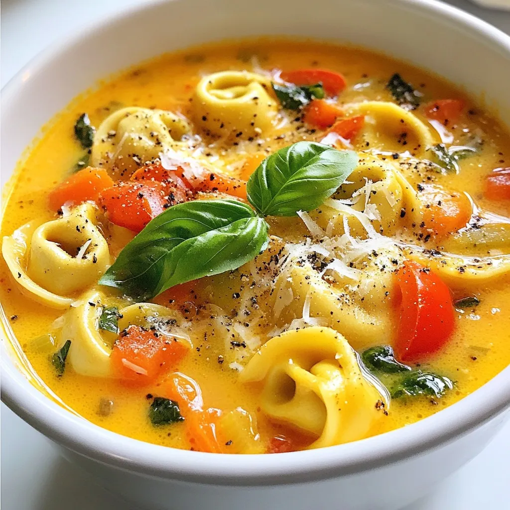 - 1 package (9-12 oz) cheese tortellini (fresh or frozen) - 1 can (15 oz) diced tomatoes, with juice - 4 cups vegetable broth The heart of this soup lies in its main ingredients. The cheese tortellini adds a rich, creamy texture. Diced tomatoes bring a burst of flavor and color. Vegetable broth serves as a warm base that ties everything together. - 1 medium onion, finely chopped - 3 cloves garlic, minced - 2 cups baby spinach, roughly chopped - 1 cup carrots, sliced - 1 cup bell pepper, chopped (any color) - 1 teaspoon Italian seasoning - ½ teaspoon red pepper flakes (optional for some heat) - Salt and pepper to taste Fresh vegetables add nutrition and texture. Onions and garlic create a savory foundation. Carrots and bell peppers provide sweetness and crunch. Spinach adds a pop of green. Italian seasoning and red pepper flakes give the soup warmth and depth. - 1 cup heavy cream or coconut cream (for a dairy-free option) - Grated Parmesan cheese (for serving, optional) - Fresh basil leaves (for garnish, optional) Cream enriches the soup, making it smooth. Parmesan cheese adds a salty finish. Fresh basil gives a bright touch. These garnishes elevate the dish and make it visually appealing. {{ingredient_image_1}} First, gather your ingredients. Chop the onion, garlic, carrots, and bell pepper. Aim for small pieces to help them cook well. This step adds flavor to the soup. It is also a great chance to let your kids help in the kitchen. While you chop, set the tortellini aside. You'll add this later. Now, it's time to layer the ingredients in the crockpot. Start with the chopped onion and garlic. Add in the sliced carrots and chopped bell pepper next. Pour in the canned diced tomatoes with their juice. This adds a nice, rich base. Then, pour in the vegetable broth. Stir in the Italian seasoning and red pepper flakes. This mix brings warmth and flavor to the soup. Cover your crockpot. Cook on low for 6-8 hours or high for 3-4 hours. Check that the vegetables are tender before adding the tortellini. About 30 minutes before serving, add the tortellini and the chopped spinach to the crockpot. This step gives the soup a fresh taste. Stir gently to combine everything and cover the pot again. Once the tortellini is cooked—this should take about 30 minutes—slowly stir in the heavy cream or coconut cream. This makes the soup rich and creamy. Season with salt and pepper to taste. Allow the soup to heat through for another 10-15 minutes. Enjoy your hearty crockpot tortellini soup! Seasoning makes a big difference in taste. Use salt, pepper, and herbs wisely. I recommend adding Italian seasoning early. It infuses the soup with rich flavors. Red pepper flakes can give a nice kick. Adjust the amount to your taste. For cooking times, set your crockpot on low for 6-8 hours. This slow cooking enhances flavors. If you’re short on time, use high for 3-4 hours. Just remember, low heat is best for deep flavors. To avoid mushy tortellini, add them late in the cooking process. They only need about 30 minutes to cook. Stir gently to keep them intact. If you like a thicker soup, try adding some pureed beans or extra vegetables. You can blend a portion of the soup and mix it back in. This gives a creamy texture without losing the soup's heartiness. Feel free to experiment with the thickness to fit your taste! Pro Tips Prep Ahead: Chop your vegetables the night before and store them in the fridge to save time on cooking day. Add Freshness: For an extra burst of flavor, add a squeeze of lemon juice just before serving. Customize Your Veggies: Feel free to swap in your favorite vegetables, such as zucchini or mushrooms, to suit your taste. Thickening the Soup: If you prefer a thicker soup, blend a portion of the soup and stir it back in before adding the cream. {{image_2}} For a vegetarian or vegan twist, you can swap out the heavy cream for coconut cream. This gives you a rich flavor without any dairy. You can also add more veggies. Think zucchini, mushrooms, or even sweet potatoes. These will make your soup heartier and more colorful. Adding extra greens, like kale or Swiss chard, boosts nutrients too. Just chop them up and toss them in with the tortellini. You'll love the added taste and texture. Want more protein in your soup? You can add cooked chicken or sausage for a meaty option. Simply shred the chicken or slice the sausage and stir it in about 30 minutes before serving. This makes the soup filling and gives it a savory kick. If you prefer a plant-based protein boost, consider adding legumes. Chickpeas or white beans work well. Drain and rinse them before adding to the crockpot. These options keep your soup hearty and satisfying, without using meat. To keep your leftover soup fresh, use an airtight container. Make sure to let the soup cool before sealing. Store it in the fridge for up to three days. After that, the taste and texture may not be the same. Always check for any off smells or changes in color before eating. To enjoy your soup later, freezing is a great option. First, let the soup cool down completely. Then, pour it into freezer-safe containers. Leave some space at the top for expansion. You can freeze it for up to three months. When you're ready to eat, take the soup out of the freezer. Place it in the fridge overnight to thaw. You can also use the microwave for faster thawing. Once thawed, reheat the soup on the stove or in the microwave. Stir it well to make sure it heats evenly. If it seems thick, add a little broth or water to thin it out. Enjoy your warm, comforting soup! Cooking this soup takes about 6-8 hours on low or 3-4 hours on high. If you need it ready faster, use the high setting. The longer time allows flavors to blend well. This soup is perfect for busy days. You can prepare it in the morning and enjoy it for dinner. Yes, you can use frozen tortellini in this recipe. Just add them in the last 30 minutes of cooking. They will cook quickly and blend nicely with the soup. Make sure to stir gently to avoid breaking them apart. This makes it easy and still delicious. You can use chicken broth or beef broth if you want a different flavor. Water is an option, but it won't have as much taste. To enhance the flavor, add some herbs or spices. A splash of white wine can also add depth to your soup. These swaps keep the soup tasty and enjoyable. This blog post showed how to make a tasty crockpot tortellini soup. We covered the key ingredients, like cheese tortellini and fresh veggies, along with cooking steps. I shared tips for great flavor and texture, plus options for vegans or those wanting to add protein. In the end, you can store leftovers safely or freeze them for later. Enjoy this warm soup that’s simple, healthy, and perfect for any day. Now, you’re ready to create your own flavorful dish.
