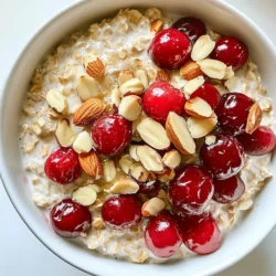 - 1 cup rolled oats - 2 cups almond milk (or any preferred milk) - 1/2 cup pitted cherries, chopped (fresh or frozen) - 1/4 cup almond butter - 2 tablespoons chia seeds - 1 tablespoon maple syrup (optional, for sweetness) - 1/2 teaspoon vanilla extract - A pinch of salt - Sliced almonds for garnish To make Cherry Almond Overnight Oats, you start with rolled oats. Rolled oats soak up the almond milk well. Next, you need almond milk, which gives the oats a creamy texture. You can use any type of milk you like. Cherries add a sweet and tart flavor. You can use fresh or frozen cherries. Almond butter gives a rich taste and healthy fats. Don't skip the chia seeds; they help thicken the oats and add fiber. Maple syrup is optional. You can add it for extra sweetness if you want. Vanilla extract brings a warm flavor that pairs well with cherries. A pinch of salt balances the sweetness. Finally, slice some almonds for a nice crunch on top. Gather these ingredients, and you're ready to create a tasty and nutritious breakfast! {{ingredient_image_1}} 1. Combine the rolled oats, chia seeds, and salt Start by taking a mixing bowl. Add 1 cup of rolled oats, 2 tablespoons of chia seeds, and a pinch of salt. Mix them well. This step helps to blend the dry ingredients. 2. Whisk together the wet ingredients In another bowl, pour 2 cups of almond milk. Add 1/4 cup of almond butter, 1 tablespoon of maple syrup, and 1/2 teaspoon of vanilla extract. Whisk until smooth. This mixture brings creaminess and flavor to your oats. 3. Pour wet mixture over dry ingredients Now, take the wet mixture and pour it over the dry ingredients. Stir well until all the oats soak up the liquid. This step is key to making sure the oats are soft. 4. Fold in the chopped cherries Gently add 1/2 cup of chopped cherries into the bowl. Fold them in carefully to keep the cherries intact. This adds sweetness and a burst of flavor. 5. Divide into jars or containers Next, take two jars or airtight containers. Spoon the oat mixture evenly into each jar. This makes it easy to grab in the morning. 6. Refrigerate overnight Cover the jars and place them in the fridge. Let them chill overnight. This allows the oats to absorb all the flavors and become creamy. 7. Final stir and serving instructions In the morning, take out your jars. Give the oats a good stir. If you like, add more maple syrup for sweetness. Top with sliced almonds and extra cherries for a lovely finish. Enjoy your nutritious breakfast! - Ensure oats are fully saturated: When mixing, make sure all oats soak up the almond milk. This helps them soften and creates a creamy texture. If some oats stay dry, they won’t taste good. Stir well! - Adjusting sweetness levels: If you like it sweeter, add more maple syrup. You can taste the mix before refrigerating. This way, you can find the right balance for your taste buds. - Importance of refrigerating overnight: Letting your oats sit overnight is key. This time helps the oats absorb the liquid. The flavors meld together, making each bite delicious and satisfying. - Experimenting with almond butter textures: Almond butter comes in smooth and crunchy forms. Try both to see which you prefer. Crunchy almond butter adds a fun texture, while smooth gives a rich, creamy taste. - Using fresh vs. frozen cherries: Fresh cherries taste bright and juicy. Frozen cherries are convenient and often just as tasty. They may make the oats a bit cooler when mixed in, but they still work great! Pro Tips Use Fresh Cherries: For the best flavor, opt for fresh cherries when they’re in season. If using frozen, make sure they are fully thawed and drained before adding. Customize Your Sweetness: Adjust the sweetness to your taste by adding more or less maple syrup. You can also use honey or agave syrup as alternatives. Chia Seed Benefits: Chia seeds not only thicken the oats but also add a boost of omega-3 fatty acids and fiber. Feel free to experiment with adding more for extra nutrition! Overnight Storage: Store the oats in airtight containers to keep them fresh. They can last in the refrigerator for up to 3 days, making them perfect for meal prep! {{image_2}} You can switch up the nut butter in this recipe. Try peanut butter or cashew butter for a new flavor. Each nut butter offers a unique taste and texture. For the milk, you have options too. Use oat milk, soy milk, or coconut milk. Each type gives a different creaminess to your oats. Feel free to add other fruits. Berries, bananas, or diced apples work great. They add flavor and more nutrition to your meal. Adding spices can take your oats to the next level. A sprinkle of cinnamon adds warmth and sweetness. Nutmeg gives a cozy fall flavor. If you want to change the sweetness, try honey or agave syrup. They can replace maple syrup nicely. Adjust to your taste for the perfect balance. These simple swaps can help you create a new dish each time. Enjoy experimenting with flavors! To keep your Cherry Almond Overnight Oats fresh, choose glass jars with tight lids or airtight containers. These containers help seal in flavor and moisture. You can store the oats in the fridge for up to 5 days. Just remember to keep them covered. If you want to save some for later, you can freeze them. Just pour the mixture into freezer-safe containers, leaving a bit of space at the top for expansion. They can last up to 3 months in the freezer. If you want to warm your oats, take them out of the fridge. You can microwave them for about 30 seconds. Stir them, then heat for another 30 seconds if needed. Be sure to check the temperature before serving. For a fresh taste, top your oats with sliced almonds and more chopped cherries. You can also add a drizzle of honey or maple syrup if you like it sweeter. Enjoy your delicious breakfast! Can I use quick oats instead of rolled oats? Yes, you can use quick oats. They cook faster and make a softer texture. However, they may absorb more liquid, so you might need less milk. How long can overnight oats be stored in the fridge? You can store overnight oats for up to five days in the fridge. Just keep them in a sealed container. They taste best within the first two days. Are Cherry Almond Overnight Oats healthy? Yes, these oats are quite healthy! They have fiber from the oats and chia seeds. They also offer healthy fats from almond butter and almonds. Cherries add antioxidants. Can I make this recipe vegan or gluten-free? Absolutely! To make it vegan, use maple syrup and almond milk. For a gluten-free option, ensure the oats are labeled gluten-free. This way, you can enjoy them without worry! You learned how to make Cherry Almond Overnight Oats. We covered easy steps, tips, and variations. This recipe is healthy and customizable, making it perfect for you. Remember to store your oats well and try different flavors. Don’t hesitate to experiment with new ingredients or enhance the flavors. Enjoy a nutritious breakfast that saves time and boosts your day! Making it your way can turn each morning into an exciting meal. Happy eating!