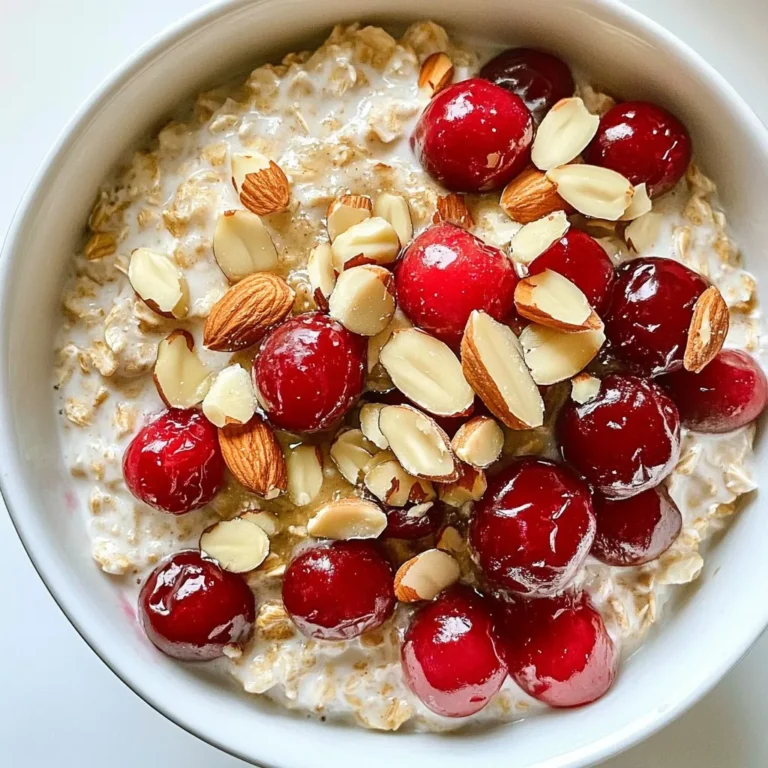 - 1 cup rolled oats - 2 cups almond milk (or any preferred milk) - 1/2 cup pitted cherries, chopped (fresh or frozen) - 1/4 cup almond butter - 2 tablespoons chia seeds - 1 tablespoon maple syrup (optional, for sweetness) - 1/2 teaspoon vanilla extract - A pinch of salt - Sliced almonds for garnish To make Cherry Almond Overnight Oats, you start with rolled oats. Rolled oats soak up the almond milk well. Next, you need almond milk, which gives the oats a creamy texture. You can use any type of milk you like. Cherries add a sweet and tart flavor. You can use fresh or frozen cherries. Almond butter gives a rich taste and healthy fats. Don't skip the chia seeds; they help thicken the oats and add fiber. Maple syrup is optional. You can add it for extra sweetness if you want. Vanilla extract brings a warm flavor that pairs well with cherries. A pinch of salt balances the sweetness. Finally, slice some almonds for a nice crunch on top. Gather these ingredients, and you're ready to create a tasty and nutritious breakfast! {{ingredient_image_1}} 1. Combine the rolled oats, chia seeds, and salt Start by taking a mixing bowl. Add 1 cup of rolled oats, 2 tablespoons of chia seeds, and a pinch of salt. Mix them well. This step helps to blend the dry ingredients. 2. Whisk together the wet ingredients In another bowl, pour 2 cups of almond milk. Add 1/4 cup of almond butter, 1 tablespoon of maple syrup, and 1/2 teaspoon of vanilla extract. Whisk until smooth. This mixture brings creaminess and flavor to your oats. 3. Pour wet mixture over dry ingredients Now, take the wet mixture and pour it over the dry ingredients. Stir well until all the oats soak up the liquid. This step is key to making sure the oats are soft. 4. Fold in the chopped cherries Gently add 1/2 cup of chopped cherries into the bowl. Fold them in carefully to keep the cherries intact. This adds sweetness and a burst of flavor. 5. Divide into jars or containers Next, take two jars or airtight containers. Spoon the oat mixture evenly into each jar. This makes it easy to grab in the morning. 6. Refrigerate overnight Cover the jars and place them in the fridge. Let them chill overnight. This allows the oats to absorb all the flavors and become creamy. 7. Final stir and serving instructions In the morning, take out your jars. Give the oats a good stir. If you like, add more maple syrup for sweetness. Top with sliced almonds and extra cherries for a lovely finish. Enjoy your nutritious breakfast! - Ensure oats are fully saturated: When mixing, make sure all oats soak up the almond milk. This helps them soften and creates a creamy texture. If some oats stay dry, they won’t taste good. Stir well! - Adjusting sweetness levels: If you like it sweeter, add more maple syrup. You can taste the mix before refrigerating. This way, you can find the right balance for your taste buds. - Importance of refrigerating overnight: Letting your oats sit overnight is key. This time helps the oats absorb the liquid. The flavors meld together, making each bite delicious and satisfying. - Experimenting with almond butter textures: Almond butter comes in smooth and crunchy forms. Try both to see which you prefer. Crunchy almond butter adds a fun texture, while smooth gives a rich, creamy taste. - Using fresh vs. frozen cherries: Fresh cherries taste bright and juicy. Frozen cherries are convenient and often just as tasty. They may make the oats a bit cooler when mixed in, but they still work great! Pro Tips Use Fresh Cherries: For the best flavor, opt for fresh cherries when they’re in season. If using frozen, make sure they are fully thawed and drained before adding. Customize Your Sweetness: Adjust the sweetness to your taste by adding more or less maple syrup. You can also use honey or agave syrup as alternatives. Chia Seed Benefits: Chia seeds not only thicken the oats but also add a boost of omega-3 fatty acids and fiber. Feel free to experiment with adding more for extra nutrition! Overnight Storage: Store the oats in airtight containers to keep them fresh. They can last in the refrigerator for up to 3 days, making them perfect for meal prep! {{image_2}} You can switch up the nut butter in this recipe. Try peanut butter or cashew butter for a new flavor. Each nut butter offers a unique taste and texture. For the milk, you have options too. Use oat milk, soy milk, or coconut milk. Each type gives a different creaminess to your oats. Feel free to add other fruits. Berries, bananas, or diced apples work great. They add flavor and more nutrition to your meal. Adding spices can take your oats to the next level. A sprinkle of cinnamon adds warmth and sweetness. Nutmeg gives a cozy fall flavor. If you want to change the sweetness, try honey or agave syrup. They can replace maple syrup nicely. Adjust to your taste for the perfect balance. These simple swaps can help you create a new dish each time. Enjoy experimenting with flavors! To keep your Cherry Almond Overnight Oats fresh, choose glass jars with tight lids or airtight containers. These containers help seal in flavor and moisture. You can store the oats in the fridge for up to 5 days. Just remember to keep them covered. If you want to save some for later, you can freeze them. Just pour the mixture into freezer-safe containers, leaving a bit of space at the top for expansion. They can last up to 3 months in the freezer. If you want to warm your oats, take them out of the fridge. You can microwave them for about 30 seconds. Stir them, then heat for another 30 seconds if needed. Be sure to check the temperature before serving. For a fresh taste, top your oats with sliced almonds and more chopped cherries. You can also add a drizzle of honey or maple syrup if you like it sweeter. Enjoy your delicious breakfast! Can I use quick oats instead of rolled oats? Yes, you can use quick oats. They cook faster and make a softer texture. However, they may absorb more liquid, so you might need less milk. How long can overnight oats be stored in the fridge? You can store overnight oats for up to five days in the fridge. Just keep them in a sealed container. They taste best within the first two days. Are Cherry Almond Overnight Oats healthy? Yes, these oats are quite healthy! They have fiber from the oats and chia seeds. They also offer healthy fats from almond butter and almonds. Cherries add antioxidants. Can I make this recipe vegan or gluten-free? Absolutely! To make it vegan, use maple syrup and almond milk. For a gluten-free option, ensure the oats are labeled gluten-free. This way, you can enjoy them without worry! You learned how to make Cherry Almond Overnight Oats. We covered easy steps, tips, and variations. This recipe is healthy and customizable, making it perfect for you. Remember to store your oats well and try different flavors. Don’t hesitate to experiment with new ingredients or enhance the flavors. Enjoy a nutritious breakfast that saves time and boosts your day! Making it your way can turn each morning into an exciting meal. Happy eating!