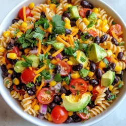 - 8 oz fusilli pasta - 1 can (15 oz) black beans, drained and rinsed - 1 cup cherry tomatoes, halved - 1 cup corn kernels (fresh or frozen) - 1 red bell pepper, diced - 1/2 red onion, finely chopped - 1 avocado, diced - 1 cup shredded cheddar cheese - 1/4 cup fresh cilantro, chopped - 1/4 cup olive oil - 2 tablespoons lime juice - 1 tablespoon taco seasoning - Salt and pepper to taste Gather these ingredients before you start. The fusilli pasta gives a nice twist to the salad. Black beans add protein and fiber. Cherry tomatoes offer a sweet burst of flavor. Corn kernels bring a nice crunch. Red bell pepper adds color and sweetness. Red onion gives a sharp taste. Avocado makes the salad creamy. Shredded cheddar cheese adds richness. Fresh cilantro brings a bright taste. Olive oil and lime juice form a zesty dressing. Taco seasoning gives that fiesta vibe. Lastly, salt and pepper enhance all the flavors. This mix of ingredients not only looks great but also tastes fantastic. Each bite is filled with fun textures and flavors. You'll love how they come together in a colorful, tasty dish. {{ingredient_image_1}} To cook fusilli pasta perfectly, start by boiling a large pot of salted water. Once it boils, add the 8 oz of fusilli pasta. Cook according to the package directions, usually about 8-10 minutes. Stir the pasta occasionally to prevent sticking. When it's al dente, drain it in a colander. Rinsing the pasta under cold water is important. This cools the pasta and stops the cooking process. It also helps keep the pasta from clumping in the salad. In a large bowl, it's time to mix the salad ingredients. Combine the cooled pasta, 1 can of drained black beans, 1 cup of halved cherry tomatoes, 1 cup of corn kernels, 1 diced red bell pepper, 1/2 finely chopped red onion, 1 diced avocado, and 1 cup of shredded cheddar cheese. To ensure even distribution, gently fold the ingredients together. This way, every bite has a bit of everything. In a small bowl, whisk together the dressing. Mix 1/4 cup of olive oil, 2 tablespoons of lime juice, 1 tablespoon of taco seasoning, and salt and pepper to taste. Whisk until the mixture is well combined and smooth. Adjust the seasoning to fit your taste. If you like it zestier, add more lime juice. If you prefer more spice, add extra taco seasoning. Once the dressing is ready, pour it over the pasta mixture. Gently toss until everything is coated evenly. Chill your Fiesta Taco Pasta Salad for at least 30 minutes. This helps the flavors mix well. Fresh ingredients make a big difference. Use ripe avocados, sweet tomatoes, and crisp bell peppers. They add flavor and color. Serve the salad in a large, colorful bowl. This makes it eye-catching. Garnish with lime wedges and fresh cilantro. It adds a nice pop of color and flavor. Arrange the lime and cilantro neatly for the best look. Use a large mixing bowl for easy combining. A good whisk helps blend the dressing smoothly. Try a cutting board with a juice groove. This keeps your workspace clean when cutting fruits and veggies. Having the right tools makes cooking fun and easy. Pro Tips Cook Pasta Al Dente: Ensure your fusilli pasta is cooked al dente for the best texture, as it will soften slightly when mixed with the dressing. Customize Your Dressing: Feel free to adjust the lime juice and taco seasoning to suit your taste preferences, adding more for a bolder flavor. Use Fresh Ingredients: Opt for fresh vegetables and herbs for the best flavor and nutrition; ripe avocados and sweet cherry tomatoes make a difference. Chill Before Serving: Allow the salad to chill for at least 30 minutes to let the flavors meld together, enhancing the overall taste. {{image_2}} To make Fiesta Taco Pasta Salad gluten-free, swap the fusilli pasta for gluten-free pasta. Many brands offer great options that taste similar. You can also use zoodles, or spiralized zucchini, for a fresh twist. For a dairy-free version, replace shredded cheddar with nutritional yeast or dairy-free cheese. For the dressing, use olive oil and lime juice without dairy. If you want to change the black beans, try kidney beans or chickpeas. Both can add protein and texture. For seasonal veggies, you can use diced cucumbers in summer or roasted butternut squash in fall. These swaps keep your salad fresh and fun. If you like your salad spicy, add chopped jalapeños or a dash of hot sauce. You can also mix in a few teaspoons of chili powder for more kick. To add protein, grilled chicken or shrimp are great choices. Toss them in for a more filling meal. To keep your Fiesta Taco Pasta Salad fresh, store it in an airtight container. This helps to lock in flavors and keep the salad crunchy. Place it in the fridge as soon as you finish eating. It’s best to eat it within three days for optimal taste. If you notice any brown avocado, remove it to keep the salad looking nice. Can you freeze Fiesta Taco Pasta Salad? I don’t recommend freezing the whole salad. Freezing can change the texture of the ingredients, especially the avocado and tomatoes. Instead, freeze the pasta and beans. Use freezer-safe bags to keep them fresh. When you want to eat it later, thaw them in the fridge overnight. To refresh the salad, add a splash of lime juice and a bit of olive oil. This brings back the zesty flavors. Consider adding fresh avocado and cherry tomatoes right before serving for that vibrant touch. Enjoy your salad with these easy tips! You can pair Fiesta Taco Pasta Salad with many dishes. Tacos are a great choice. The flavors match well. Grilled chicken or shrimp adds protein too. For a lighter option, serve it with a fresh green salad. You can also add tortilla chips for crunch. They give a nice contrast to the salad. Fiesta Taco Pasta Salad lasts about 3 to 5 days in the fridge. It holds up nicely. Keep it in an airtight container. This helps keep the flavors fresh. If you notice any browning on the avocado, just scoop it out. It will still taste great! Yes, you can make this salad ahead of time! It actually tastes better after chilling. Prepare it a day in advance for a party. Just remember to add the avocado close to serving time. This keeps it looking fresh and green. This blog post covered a delicious Fiesta Taco Pasta Salad. We discussed the key ingredients, step-by-step instructions, and important tips. You learned how to perfect your salad and explore variations for different diets. Storing and reheating options help keep leftovers fresh and tasty. Overall, this salad is easy and fun to make. It works for many meals or events. Enjoy creating your own version with fresh flavors and personal touches.