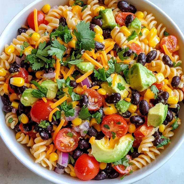 - 8 oz fusilli pasta - 1 can (15 oz) black beans, drained and rinsed - 1 cup cherry tomatoes, halved - 1 cup corn kernels (fresh or frozen) - 1 red bell pepper, diced - 1/2 red onion, finely chopped - 1 avocado, diced - 1 cup shredded cheddar cheese - 1/4 cup fresh cilantro, chopped - 1/4 cup olive oil - 2 tablespoons lime juice - 1 tablespoon taco seasoning - Salt and pepper to taste Gather these ingredients before you start. The fusilli pasta gives a nice twist to the salad. Black beans add protein and fiber. Cherry tomatoes offer a sweet burst of flavor. Corn kernels bring a nice crunch. Red bell pepper adds color and sweetness. Red onion gives a sharp taste. Avocado makes the salad creamy. Shredded cheddar cheese adds richness. Fresh cilantro brings a bright taste. Olive oil and lime juice form a zesty dressing. Taco seasoning gives that fiesta vibe. Lastly, salt and pepper enhance all the flavors. This mix of ingredients not only looks great but also tastes fantastic. Each bite is filled with fun textures and flavors. You'll love how they come together in a colorful, tasty dish. {{ingredient_image_1}} To cook fusilli pasta perfectly, start by boiling a large pot of salted water. Once it boils, add the 8 oz of fusilli pasta. Cook according to the package directions, usually about 8-10 minutes. Stir the pasta occasionally to prevent sticking. When it's al dente, drain it in a colander. Rinsing the pasta under cold water is important. This cools the pasta and stops the cooking process. It also helps keep the pasta from clumping in the salad. In a large bowl, it's time to mix the salad ingredients. Combine the cooled pasta, 1 can of drained black beans, 1 cup of halved cherry tomatoes, 1 cup of corn kernels, 1 diced red bell pepper, 1/2 finely chopped red onion, 1 diced avocado, and 1 cup of shredded cheddar cheese. To ensure even distribution, gently fold the ingredients together. This way, every bite has a bit of everything. In a small bowl, whisk together the dressing. Mix 1/4 cup of olive oil, 2 tablespoons of lime juice, 1 tablespoon of taco seasoning, and salt and pepper to taste. Whisk until the mixture is well combined and smooth. Adjust the seasoning to fit your taste. If you like it zestier, add more lime juice. If you prefer more spice, add extra taco seasoning. Once the dressing is ready, pour it over the pasta mixture. Gently toss until everything is coated evenly. Chill your Fiesta Taco Pasta Salad for at least 30 minutes. This helps the flavors mix well. Fresh ingredients make a big difference. Use ripe avocados, sweet tomatoes, and crisp bell peppers. They add flavor and color. Serve the salad in a large, colorful bowl. This makes it eye-catching. Garnish with lime wedges and fresh cilantro. It adds a nice pop of color and flavor. Arrange the lime and cilantro neatly for the best look. Use a large mixing bowl for easy combining. A good whisk helps blend the dressing smoothly. Try a cutting board with a juice groove. This keeps your workspace clean when cutting fruits and veggies. Having the right tools makes cooking fun and easy. Pro Tips Cook Pasta Al Dente: Ensure your fusilli pasta is cooked al dente for the best texture, as it will soften slightly when mixed with the dressing. Customize Your Dressing: Feel free to adjust the lime juice and taco seasoning to suit your taste preferences, adding more for a bolder flavor. Use Fresh Ingredients: Opt for fresh vegetables and herbs for the best flavor and nutrition; ripe avocados and sweet cherry tomatoes make a difference. Chill Before Serving: Allow the salad to chill for at least 30 minutes to let the flavors meld together, enhancing the overall taste. {{image_2}} To make Fiesta Taco Pasta Salad gluten-free, swap the fusilli pasta for gluten-free pasta. Many brands offer great options that taste similar. You can also use zoodles, or spiralized zucchini, for a fresh twist. For a dairy-free version, replace shredded cheddar with nutritional yeast or dairy-free cheese. For the dressing, use olive oil and lime juice without dairy. If you want to change the black beans, try kidney beans or chickpeas. Both can add protein and texture. For seasonal veggies, you can use diced cucumbers in summer or roasted butternut squash in fall. These swaps keep your salad fresh and fun. If you like your salad spicy, add chopped jalapeños or a dash of hot sauce. You can also mix in a few teaspoons of chili powder for more kick. To add protein, grilled chicken or shrimp are great choices. Toss them in for a more filling meal. To keep your Fiesta Taco Pasta Salad fresh, store it in an airtight container. This helps to lock in flavors and keep the salad crunchy. Place it in the fridge as soon as you finish eating. It’s best to eat it within three days for optimal taste. If you notice any brown avocado, remove it to keep the salad looking nice. Can you freeze Fiesta Taco Pasta Salad? I don’t recommend freezing the whole salad. Freezing can change the texture of the ingredients, especially the avocado and tomatoes. Instead, freeze the pasta and beans. Use freezer-safe bags to keep them fresh. When you want to eat it later, thaw them in the fridge overnight. To refresh the salad, add a splash of lime juice and a bit of olive oil. This brings back the zesty flavors. Consider adding fresh avocado and cherry tomatoes right before serving for that vibrant touch. Enjoy your salad with these easy tips! You can pair Fiesta Taco Pasta Salad with many dishes. Tacos are a great choice. The flavors match well. Grilled chicken or shrimp adds protein too. For a lighter option, serve it with a fresh green salad. You can also add tortilla chips for crunch. They give a nice contrast to the salad. Fiesta Taco Pasta Salad lasts about 3 to 5 days in the fridge. It holds up nicely. Keep it in an airtight container. This helps keep the flavors fresh. If you notice any browning on the avocado, just scoop it out. It will still taste great! Yes, you can make this salad ahead of time! It actually tastes better after chilling. Prepare it a day in advance for a party. Just remember to add the avocado close to serving time. This keeps it looking fresh and green. This blog post covered a delicious Fiesta Taco Pasta Salad. We discussed the key ingredients, step-by-step instructions, and important tips. You learned how to perfect your salad and explore variations for different diets. Storing and reheating options help keep leftovers fresh and tasty. Overall, this salad is easy and fun to make. It works for many meals or events. Enjoy creating your own version with fresh flavors and personal touches.