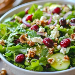 - 4 cups mixed baby greens (arugula, spinach, and kale) - 1 cup fresh cranberries (or dried cranberries if fresh aren't available) - 1/2 cup walnut halves, toasted - 1/2 cup crumbled feta cheese (optional) - 1/2 red onion, thinly sliced - 1/2 cup cucumber, diced - 1/4 cup olive oil - 2 tablespoons apple cider vinegar - 1 tablespoon honey - Salt and pepper to taste - Crumbled feta cheese adds creaminess and flavor. - You can skip the feta for a lighter option. - Fresh herbs like parsley or mint enhance the taste. - Mixed baby greens are rich in vitamins A, C, and K. - Cranberries are high in antioxidants and support heart health. - Walnuts provide omega-3 fatty acids for brain health. - Feta cheese adds calcium for strong bones. - Olive oil is good for heart health and can reduce inflammation. - Cucumbers are hydrating and low in calories. This salad combines great taste and health. You get fresh greens that boost your vitamins. The walnuts add crunch and healthy fats. Use fresh cranberries for a tart kick. Enjoy the mix of flavors! {{ingredient_image_1}} Making this salad is quick and easy. You need just 10 minutes. Gather all your ingredients first. This step helps keep things smooth. A clean workspace makes the task more fun. 1. Start with the greens. In a large bowl, add 4 cups of mixed baby greens. Use arugula, spinach, and kale for the best mix. 2. Add the cranberries. If you have fresh cranberries, rinse them under cold water. Add them whole to the greens. If you use dried cranberries, sprinkle them over the top. 3. Toast the walnuts. In a dry skillet, toast 1/2 cup of walnut halves. Heat them over medium for about 5 minutes. They should smell nutty and look light brown. Then, add them to the salad. 4. Mix in some cheese and onion. Fold in 1/2 cup of crumbled feta cheese. Add 1/2 thinly sliced red onion too. This will give your salad great flavor. 5. Add a crunch. Dice 1/2 cup of cucumber and mix it in. The cucumber adds a nice, refreshing crunch. 6. Make your dressing. In a small bowl, whisk together 1/4 cup of olive oil, 2 tablespoons of apple cider vinegar, and 1 tablespoon of honey. Add salt and pepper to taste. 7. Combine everything. Drizzle your dressing over the salad. Toss gently to coat all the ingredients. Be careful not to bruise the greens. 8. Taste and adjust. Take a moment to taste your salad. Add more salt or pepper if you like. Serve the salad in chilled bowls or on a large platter. Garnish with extra feta and walnuts for a pretty look. For a pop of color, add a few whole cranberries on top. Enjoy your fresh and tasty delight! Toasting walnuts brings out their flavor and crunch. Use a dry skillet over medium heat. Add the walnut halves in a single layer. Stir them often for about five minutes. Watch closely, as they can burn quickly. You want them golden brown and fragrant. Once done, let them cool before adding to your salad. A good vinaigrette can make or break your salad. For this one, mix olive oil, apple cider vinegar, and honey in a bowl. Whisk it together until it looks smooth. Add salt and pepper to taste. This dressing should balance flavors. If it’s too tart, add more honey. If it’s too sweet, add more vinegar. Adjust it until it’s just right. When tossing your salad, do it gently. Start by adding the dressing to the greens, not the other way around. Use two large spoons or your hands to lift and fold ingredients. Avoid smashing the greens; you want them to stay crisp. Toss just before serving to keep everything fresh. If you need to prepare it early, store the dressing separately. Pro Tips Fresh vs. Dried Cranberries: If fresh cranberries aren’t available, dried cranberries can add a sweet touch. However, soak them in warm water for a few minutes to plump them up before adding to the salad. Toasting Walnuts: Toasting walnuts enhances their flavor and crunch. Keep a close eye on them in the skillet as they can burn quickly. Dressing Tip: For a creamier dressing, add a tablespoon of Greek yogurt to the dressing mixture. This adds extra flavor and a rich texture. Make Ahead: You can prepare the salad ingredients ahead of time. Just keep the dressing separate until you're ready to serve to avoid soggy greens. {{image_2}} You can change the base greens for the salad. Instead of mixed baby greens, try romaine or butter lettuce. For a spicy kick, use arugula. You can even mix in some Swiss chard for a unique flavor. Each green adds its own taste and texture, making your salad fun and fresh. To turn this salad into a meal, add protein. Grilled chicken or shrimp works well. For a vegetarian option, try canned chickpeas or black beans. Another tasty choice is hard-boiled eggs, which add creaminess. These protein additions make the salad more filling and satisfying. You can easily adapt this salad with seasonal ingredients. In the summer, add sliced strawberries or peaches for sweetness. In the fall, try roasted sweet potatoes or apples for warmth. During winter, throw in pomegranate seeds for a burst of color and flavor. Seasonal swaps keep your salad exciting and fresh all year round. To store leftover salad, place it in an airtight container. This keeps the salad fresh. If you have dressing left, keep it separate. This helps the greens stay crisp. Use glass or plastic containers with tight-fitting lids. These containers protect the salad from air. You can also use a salad spinner to store greens. Just make sure it’s dry. The salad lasts about 2 to 3 days in the fridge. If the greens get soggy, it’s time to toss them. Check for any off smells or colors. If it looks or smells funny, don’t eat it. Yes, you can make this salad ahead of time. To keep it fresh, prepare the greens and toppings separately. Store the mixed greens in a dry container. Keep the cranberries, walnuts, feta, onion, and cucumber in another container. When you’re ready to serve, just toss everything together. Make the dressing in advance too. Store it in a jar in the fridge. This way, your salad stays crisp and tasty. If you don’t have walnuts, you can use other nuts. Pecans or almonds work well. You can also try sunflower seeds for a nut-free option. They add a nice crunch too. Make sure to toast them like the walnuts. This brings out their flavor and makes your salad even better. To make this salad vegan-friendly, skip the feta cheese. You can add avocado for creaminess instead. Use maple syrup in place of honey for sweetness. Ensure your dressing is vegan by sticking to olive oil and vinegar. This way, you keep all the great flavors while making it plant-based. Enjoy your fresh and tasty delight! This article covered all the ingredients and steps to make a great salad. We discussed key ingredients, optional add-ins, and their health benefits. I shared tips for perfect toasting, dressing, and tossing greens. We explored fun variations for different tastes and how to properly store leftovers. Overall, making a fresh salad is easy and rewarding. You can enjoy it anytime by using these tips and ideas. Now, go try your new salad skills!