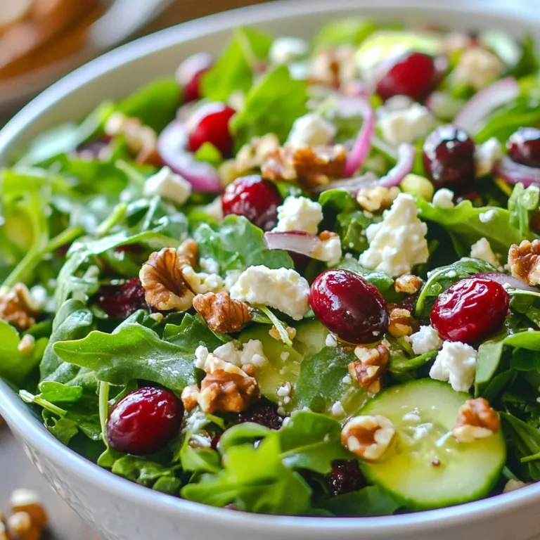 - 4 cups mixed baby greens (arugula, spinach, and kale) - 1 cup fresh cranberries (or dried cranberries if fresh aren't available) - 1/2 cup walnut halves, toasted - 1/2 cup crumbled feta cheese (optional) - 1/2 red onion, thinly sliced - 1/2 cup cucumber, diced - 1/4 cup olive oil - 2 tablespoons apple cider vinegar - 1 tablespoon honey - Salt and pepper to taste - Crumbled feta cheese adds creaminess and flavor. - You can skip the feta for a lighter option. - Fresh herbs like parsley or mint enhance the taste. - Mixed baby greens are rich in vitamins A, C, and K. - Cranberries are high in antioxidants and support heart health. - Walnuts provide omega-3 fatty acids for brain health. - Feta cheese adds calcium for strong bones. - Olive oil is good for heart health and can reduce inflammation. - Cucumbers are hydrating and low in calories. This salad combines great taste and health. You get fresh greens that boost your vitamins. The walnuts add crunch and healthy fats. Use fresh cranberries for a tart kick. Enjoy the mix of flavors! {{ingredient_image_1}} Making this salad is quick and easy. You need just 10 minutes. Gather all your ingredients first. This step helps keep things smooth. A clean workspace makes the task more fun. 1. Start with the greens. In a large bowl, add 4 cups of mixed baby greens. Use arugula, spinach, and kale for the best mix. 2. Add the cranberries. If you have fresh cranberries, rinse them under cold water. Add them whole to the greens. If you use dried cranberries, sprinkle them over the top. 3. Toast the walnuts. In a dry skillet, toast 1/2 cup of walnut halves. Heat them over medium for about 5 minutes. They should smell nutty and look light brown. Then, add them to the salad. 4. Mix in some cheese and onion. Fold in 1/2 cup of crumbled feta cheese. Add 1/2 thinly sliced red onion too. This will give your salad great flavor. 5. Add a crunch. Dice 1/2 cup of cucumber and mix it in. The cucumber adds a nice, refreshing crunch. 6. Make your dressing. In a small bowl, whisk together 1/4 cup of olive oil, 2 tablespoons of apple cider vinegar, and 1 tablespoon of honey. Add salt and pepper to taste. 7. Combine everything. Drizzle your dressing over the salad. Toss gently to coat all the ingredients. Be careful not to bruise the greens. 8. Taste and adjust. Take a moment to taste your salad. Add more salt or pepper if you like. Serve the salad in chilled bowls or on a large platter. Garnish with extra feta and walnuts for a pretty look. For a pop of color, add a few whole cranberries on top. Enjoy your fresh and tasty delight! Toasting walnuts brings out their flavor and crunch. Use a dry skillet over medium heat. Add the walnut halves in a single layer. Stir them often for about five minutes. Watch closely, as they can burn quickly. You want them golden brown and fragrant. Once done, let them cool before adding to your salad. A good vinaigrette can make or break your salad. For this one, mix olive oil, apple cider vinegar, and honey in a bowl. Whisk it together until it looks smooth. Add salt and pepper to taste. This dressing should balance flavors. If it’s too tart, add more honey. If it’s too sweet, add more vinegar. Adjust it until it’s just right. When tossing your salad, do it gently. Start by adding the dressing to the greens, not the other way around. Use two large spoons or your hands to lift and fold ingredients. Avoid smashing the greens; you want them to stay crisp. Toss just before serving to keep everything fresh. If you need to prepare it early, store the dressing separately. Pro Tips Fresh vs. Dried Cranberries: If fresh cranberries aren’t available, dried cranberries can add a sweet touch. However, soak them in warm water for a few minutes to plump them up before adding to the salad. Toasting Walnuts: Toasting walnuts enhances their flavor and crunch. Keep a close eye on them in the skillet as they can burn quickly. Dressing Tip: For a creamier dressing, add a tablespoon of Greek yogurt to the dressing mixture. This adds extra flavor and a rich texture. Make Ahead: You can prepare the salad ingredients ahead of time. Just keep the dressing separate until you're ready to serve to avoid soggy greens. {{image_2}} You can change the base greens for the salad. Instead of mixed baby greens, try romaine or butter lettuce. For a spicy kick, use arugula. You can even mix in some Swiss chard for a unique flavor. Each green adds its own taste and texture, making your salad fun and fresh. To turn this salad into a meal, add protein. Grilled chicken or shrimp works well. For a vegetarian option, try canned chickpeas or black beans. Another tasty choice is hard-boiled eggs, which add creaminess. These protein additions make the salad more filling and satisfying. You can easily adapt this salad with seasonal ingredients. In the summer, add sliced strawberries or peaches for sweetness. In the fall, try roasted sweet potatoes or apples for warmth. During winter, throw in pomegranate seeds for a burst of color and flavor. Seasonal swaps keep your salad exciting and fresh all year round. To store leftover salad, place it in an airtight container. This keeps the salad fresh. If you have dressing left, keep it separate. This helps the greens stay crisp. Use glass or plastic containers with tight-fitting lids. These containers protect the salad from air. You can also use a salad spinner to store greens. Just make sure it’s dry. The salad lasts about 2 to 3 days in the fridge. If the greens get soggy, it’s time to toss them. Check for any off smells or colors. If it looks or smells funny, don’t eat it. Yes, you can make this salad ahead of time. To keep it fresh, prepare the greens and toppings separately. Store the mixed greens in a dry container. Keep the cranberries, walnuts, feta, onion, and cucumber in another container. When you’re ready to serve, just toss everything together. Make the dressing in advance too. Store it in a jar in the fridge. This way, your salad stays crisp and tasty. If you don’t have walnuts, you can use other nuts. Pecans or almonds work well. You can also try sunflower seeds for a nut-free option. They add a nice crunch too. Make sure to toast them like the walnuts. This brings out their flavor and makes your salad even better. To make this salad vegan-friendly, skip the feta cheese. You can add avocado for creaminess instead. Use maple syrup in place of honey for sweetness. Ensure your dressing is vegan by sticking to olive oil and vinegar. This way, you keep all the great flavors while making it plant-based. Enjoy your fresh and tasty delight! This article covered all the ingredients and steps to make a great salad. We discussed key ingredients, optional add-ins, and their health benefits. I shared tips for perfect toasting, dressing, and tossing greens. We explored fun variations for different tastes and how to properly store leftovers. Overall, making a fresh salad is easy and rewarding. You can enjoy it anytime by using these tips and ideas. Now, go try your new salad skills!