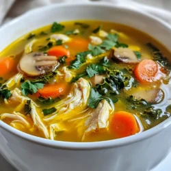To make the anti-inflammatory chicken soup, you will need these key ingredients: - 1 pound boneless, skinless chicken breast - 6 cups low-sodium chicken broth - 1 tablespoon olive oil - 1 medium onion, diced - 3 cloves garlic, minced - 2 medium carrots, sliced - 2 celery stalks, sliced - 1 teaspoon fresh ginger, grated - 1 teaspoon turmeric powder - 1 teaspoon dried thyme - 1 cup kale, chopped (or spinach) - 1 cup mushrooms, sliced - Salt and pepper to taste - Fresh cilantro or parsley for garnish These ingredients work together to create a warm and healing soup. The chicken provides protein, while the broth adds rich flavor. Olive oil and veggies like onion, garlic, and carrots bring depth. Ginger and turmeric are key for their anti-inflammatory properties. Kale or spinach adds nutrients and color, while mushrooms enhance the soup's earthiness. Use herbs for a fresh finish. This combo not only tastes amazing but also supports your health. {{ingredient_image_1}} To start, gather your chicken and vegetables. Cut your chicken into bite-sized pieces if you prefer. Clean and chop the onion, garlic, carrots, and celery. This helps your soup taste fresh. When you sauté, use medium heat. This method brings out the best flavors. The olive oil warms up first, helping the onion turn soft and clear. This process takes about 3-4 minutes. 1. Heat Olive Oil: In a large pot, heat 1 tablespoon of olive oil over medium heat. 2. Sauté Onion: Add 1 medium diced onion. Cook until it’s clear, for about 3-4 minutes. 3. Cook Garlic and Ginger: Stir in 3 minced garlic cloves and 1 teaspoon of grated ginger. Cook for 1 minute more until you smell the aroma. 4. Add Carrots and Celery: Toss in 2 sliced carrots and 2 sliced celery stalks. Cook these for about 5 minutes until they get soft. 5. Season with Spices: Sprinkle in 1 teaspoon of turmeric powder and 1 teaspoon of dried thyme. Stir well so all veggies get coated with spices. 6. Pour in Broth: Add 6 cups of low-sodium chicken broth and bring it to a gentle boil. 7. Cook Chicken: Add 1 pound of boneless, skinless chicken breast. Lower the heat to simmer for 20-25 minutes until the chicken is fully cooked. 8. Shred Chicken: Carefully take the chicken out and shred it with two forks. Return it to the pot. 9. Add Greens and Mushrooms: Toss in 1 cup of chopped kale or spinach and 1 cup of sliced mushrooms. Cook for 5-7 minutes until the greens wilt. 10. Season to Taste: Lastly, add salt and pepper according to your taste. Serve your soup hot, and garnish with fresh cilantro or parsley for a burst of flavor. Enjoy the warmth and health benefits of this delicious dish! To make your soup extra tasty, try adding these spices and herbs: - Cumin: Adds warmth and depth. - Paprika: Offers a subtle sweetness. - Bay leaves: Infuse a rich aroma. - Fresh herbs: Add basil or dill for brightness. When seasoning, start small. Taste as you go. This way, you won’t overpower the soup. Fresh herbs shine when added at the end. They bring a burst of flavor to each bowl. To keep the chicken tender, use low heat. Simmer gently instead of boiling hard. This helps the chicken stay juicy. For the perfect soup consistency, use enough broth. If it’s too thick, add more broth or water. Stir often to prevent sticking. This keeps all the ingredients well mixed and flavorful. Pro Tips Use Bone-In Chicken: For a richer flavor and more nutritious broth, consider using bone-in chicken pieces instead of boneless breasts. Customize Veggies: Feel free to add other vegetables like zucchini or bell peppers based on your preferences or what you have on hand. Make It Ahead: This soup can be made in advance and stored in the refrigerator for up to 3 days, or frozen for longer storage. Adjust Seasoning: Always taste your soup before serving and adjust the salt, pepper, and spices to your liking for the best flavor. {{image_2}} The main ingredients in this soup fight inflammation. Chicken provides protein that helps your body heal. Garlic boosts your immune system and reduces inflammation. Ginger is well-known for its healing properties. Turmeric contains curcumin, which lowers inflammation and improves joint health. Kale adds vitamins and minerals that help fight diseases. Each of these ingredients plays a role in keeping you healthy. This soup is packed with nutrients. Here’s a quick look at what’s inside: - Chicken breast: High in protein, low in fat. - Broth: Hydrates and provides minerals. - Onion and garlic: Rich in antioxidants. - Carrots: Full of beta-carotene, good for vision. - Celery: Contains fiber, which aids digestion. - Ginger and turmeric: Provide anti-inflammatory compounds. - Kale: Offers vitamins A, C, and K. - Mushrooms: Source of vitamins D and B. Together, these ingredients support your overall health. This soup can help fight off colds and boost your energy. Enjoy this flavorful bowl of goodness for a healthy meal. You can easily swap chicken for tofu or chickpeas for a plant-based meal. Instead of chicken broth, try vegetable broth for a vegan option. If you want more veggies, add zucchini or bell peppers. You can also use different greens like Swiss chard instead of kale or spinach. For spices, try cumin or smoked paprika if you want a new flavor. To add heat, toss in some red pepper flakes or diced jalapeños. If you like a zestier soup, squeeze in some lemon juice at the end. For a unique twist, consider adding a splash of coconut milk for creaminess. You could also stir in some fresh herbs like basil or dill. Each change can make the soup your own! How to store leftover chicken soup? Store leftover chicken soup in an airtight container. Let it cool first. Keep it in the fridge for up to three days. If you want to save it longer, use the freezer. Can I freeze anti-inflammatory chicken soup? Yes, you can freeze it! Pour the cooled soup into freezer-safe containers. It can stay fresh for up to three months. Just thaw it in the fridge before reheating. What are the best sides to serve with this soup? Some great sides include whole-grain bread or a simple salad. You can also serve it with rice or quinoa for extra fiber. How to reheat the soup effectively? Reheat the soup on the stove over low heat. Stir often to avoid sticking. You can also use a microwave. Heat it in short bursts, stirring in between. Can I add more veggies to this recipe? Absolutely! You can add bell peppers, zucchini, or green beans. Just chop them small and add them when you cook the other veggies. This blog post explored a simple, healthy chicken soup recipe. We covered the key ingredients and cooking steps for making a tasty dish. I shared tips to enhance flavor and ensure the chicken stays tender. You also learned about the health benefits of the ingredients and some fun variations. Remember, cooking is fun! Feel free to make this soup your own. Enjoy the warmth and comfort it brings to your table.