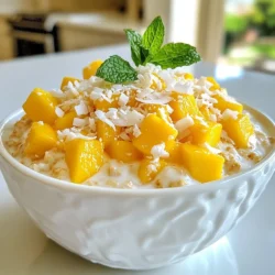 For this tasty mango coconut overnight oats recipe, you will need: - 1 cup rolled oats - 1 cup coconut milk (canned or carton) - 1 ripe mango, diced - 1/4 cup shredded coconut (unsweetened) - 2 tablespoons chia seeds - 1 tablespoon maple syrup (or honey) - 1/2 teaspoon vanilla extract - A pinch of salt You can make your oats even better with these toppings: - Extra diced mango - More shredded coconut - Fresh mint leaves for garnish These mango coconut overnight oats are not just delicious; they are also healthy. Each serving provides: - Calories: About 350 - Protein: 6 grams - Carbohydrates: 60 grams - Fiber: 10 grams - Sugars: 9 grams - Fats: 12 grams These oats keep you full and energized. Enjoy this simple and healthy breakfast! {{ingredient_image_1}} Gather all your ingredients first. You need rolled oats, coconut milk, a ripe mango, and more. This will make the process smooth and fun. Measure everything carefully. You want the right balance of flavors. In a medium bowl, add 1 cup of rolled oats. Pour in 1 cup of coconut milk. Then, add 2 tablespoons of chia seeds. Mix in 1 tablespoon of maple syrup and 1/2 teaspoon of vanilla extract. Don’t forget the pinch of salt! Stir everything well. This ensures all the oats soak up the coconut milk. Next, gently fold in the diced mango and shredded coconut. Reserve some mango and coconut for topping later. This makes your dish look pretty and fresh. Make sure everything is evenly mixed. Cover the bowl with plastic wrap. You can also divide the mixture into jars if you prefer. Place it in the fridge overnight. If you don’t have that much time, let it chill for at least 4 hours. This waiting time lets the oats and chia seeds absorb the liquid. They will become soft and creamy. The next morning, take it out. Stir the oats well. If it seems thick, add a splash of coconut milk. This helps reach your favorite texture. Now, it’s ready to serve! Top with the reserved mango, extra coconut, and some fresh mint leaves if you like. Enjoy your delicious mango coconut overnight oats! To boost the taste of your mango coconut overnight oats, try adding spices. A pinch of cinnamon or nutmeg can add warmth. You can also mix in a bit of lime juice for a fresh zing. If you want more sweetness, increase the maple syrup or honey. Fresh vanilla beans can also enhance the flavor. If you prefer a creamier texture, use more coconut milk. You can adjust the amount of chia seeds too. They thicken the oats, so add less if you want it looser. If the mixture is too thick after chilling, stir in a splash of coconut milk before serving. These overnight oats are great for meal prep. You can make them up to three days in advance. Store them in jars for easy grab-and-go breakfasts. Just add the toppings before you eat. This keeps them fresh and tasty. Pro Tips Use Ripe Mangoes: Ensure your mangoes are perfectly ripe for the best flavor and sweetness. Look for fruit that yields slightly to pressure and has a sweet aroma. Chill for Optimal Texture: Allow the oats to soak overnight for optimal texture. This gives the oats time to absorb the liquid and become creamy. Experiment with Toppings: Feel free to add other toppings like nuts, seeds, or fresh berries for added texture and flavor. Coconut flakes and a sprinkle of cinnamon are also great options. Adjust Sweetness: Taste your mixture before refrigerating and adjust the sweetness to your liking. You can add more maple syrup or honey if you prefer a sweeter breakfast. {{image_2}} You can change the fruit to fit your taste. Try using bananas, berries, or peaches. Each fruit adds a unique flavor and texture. For example, strawberries give a sweet tang. Blueberries add a burst of color and antioxidants. If you like a tropical twist, use pineapple instead of mango. Just remember to adjust the sweetness if needed. If you want to switch up the milk, there are great options. Almond milk, oat milk, or soy milk work well. Each has a different taste and can change the flavor of your oats. Coconut milk gives a creamy and rich texture. Almond milk is light and nutty. Choose what you enjoy the most or what you have on hand. Maple syrup is a classic choice, but you can try others too. Honey adds a floral note, while agave syrup is milder and vegan. You might also use stevia or monk fruit for a sugar-free option. Each sweetener changes the taste slightly, so pick one that fits your diet or preference. Adjust the amount based on how sweet you like your oats. Store your mango coconut overnight oats in the fridge. Use an airtight container. This keeps them fresh for up to 4 days. If you make extra, portion it into jars. Each jar can be a quick grab-and-go breakfast. Just remember to stir well before eating. You can freeze overnight oats! However, the texture may change. Use freezer-safe containers or bags. Label them with the date. They can last up to 3 months. When ready to eat, thaw them overnight in the fridge. Stir in a bit of coconut milk for creaminess. For the best taste, enjoy your oats within 4 days after making. Check for any signs of spoilage, like off smells or changes in color. If you see any, don’t eat them! Always label your containers. This helps you keep track of how long they’ve been stored. Yes, you can use quick oats. They cook faster and absorb liquid well. However, they might make your overnight oats mushy. Rolled oats give a better texture. I prefer rolled oats for a chewier bite. You can store overnight oats in the fridge for up to five days. They stay fresh and tasty. Just make sure to seal them well. If you notice any change in smell or texture, it’s best to toss them. You can customize your oats with many toppings. Try fresh fruits like berries or bananas. Nuts and seeds add crunch. You can also sprinkle cinnamon or drizzle nut butter for extra flavor. Get creative and enjoy your oats! We explored the key ingredients and toppings that make overnight oats delicious. You learned how to prepare, mix, and refrigerate them properly. I shared tips to enhance flavor and texture, plus storage information to keep your oats fresh. You discovered fun variations with fruits and dairy options. In summary, overnight oats can be simple yet full of flavor. You can easily customize them to fit your taste. Enjoy creating your perfect combination of ingredients!