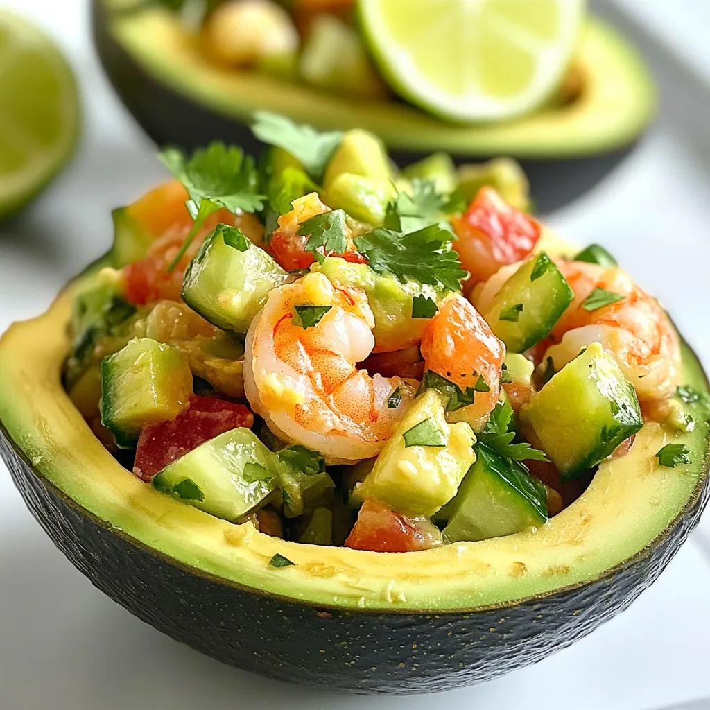 - 1 pound large shrimp, peeled and deveined - 2 ripe avocados, diced - 1 medium cucumber, diced - 1 red bell pepper, diced - 1 jalapeño, finely chopped - 1/4 cup red onion, finely chopped For the main ingredients, you want to choose fresh shrimp and ripe avocados. The shrimp should be large and pink. This gives a nice bite to the dish. The avocados should be soft but not mushy. They add creaminess that balances the spice. - 2 tablespoons lime juice - 1 tablespoon olive oil - 1 teaspoon chili powder - Salt and pepper to taste The dressing is key to this salad. Lime juice brings bright flavor. Olive oil helps mix everything. Chili powder adds heat and depth. Adjust salt and pepper to your taste. This simple dressing ties all the flavors together. - 2 tablespoons fresh cilantro, chopped - Additional lime juice for serving Fresh cilantro adds a burst of freshness. You can use more lime juice when serving for extra zing. These garnishes make the salad look and taste fresh. They enhance the overall flavor, making it even more enjoyable. {{ingredient_image_1}} First, grab a bowl. Mix together the chili powder, olive oil, lime juice, salt, and pepper. This mix will be your tasty marinade. The flavors will really blend together here. Next, add the shrimp to the bowl. Toss the shrimp well to coat it in the marinade. Let it sit for 15-20 minutes. This step is key. It allows the shrimp to soak up all those bold flavors. While the shrimp marinates, prepare your vegetables. Dice the avocados, cucumber, and red bell pepper. Make sure to chop the jalapeño and red onion finely. Place all these diced veggies into a large mixing bowl. Their colors will brighten your salad. Now, heat a skillet over medium-high heat. Add the marinated shrimp to the skillet. Cook the shrimp for 2-3 minutes on each side. You’ll know they are done when they turn pink and are cooked through. Once the shrimp is cooked, let it cool for a minute. Then, add the shrimp to the bowl with the veggies. Toss everything gently with the chopped cilantro. Be careful not to mash the avocados while mixing. Finally, taste your salad. Adjust the seasoning with salt and pepper if needed. Serve it right away for the best flavor. Enjoy the freshness and spice of this delightful dish! To know when shrimp is cooked, look for a few signs. Cooked shrimp turn pink and form a C shape. If they curl tightly, they might be overcooked. Keep an eye on the time. Cook shrimp for just 2-3 minutes on each side. You can also grill or boil shrimp as great alternatives. For grilling, preheat your grill and cook shrimp on skewers. Boiling is simple too: just add shrimp to boiling water for 2-3 minutes. To keep avocados from browning, try a few tricks. Squeeze fresh lime juice on cut avocado. This keeps it green longer. Another method is to store it with the pit in, covered tightly. When choosing avocados, you want ripe ones. Press gently; they should yield slightly. Avoid hard avocados, as they are not ready to eat. Want extra spice? Add more jalapeño or a dash of hot sauce. You can also sprinkle in red pepper flakes for a kick. For dressings, consider a creamy avocado dressing. A citrus vinaigrette adds fresh flavor too. Both options will take the salad to the next level. Pro Tips Marinate for Flavor: Allow the shrimp to marinate for at least 15-20 minutes to absorb the spices and enhance the overall flavor of the salad. Choose Ripe Avocados: Make sure your avocados are perfectly ripe for the best taste and texture. They should yield slightly to gentle pressure when squeezed. Adjust Spice Level: If you prefer a milder salad, you can reduce the amount of jalapeño or remove the seeds before chopping. Garnish Creatively: Enhance the presentation by using fresh cilantro leaves or lime wedges as a garnish for added color and freshness. {{image_2}} You can easily change the seafood in this salad. Try using scallops or crab for a twist. Both options add new flavors and textures. If you want a vegetarian choice, use chickpeas instead of shrimp. They provide protein and make the dish filling. Adding fruits can brighten the salad's taste. Mango or pineapple adds sweetness and a tropical vibe. These fruits pair well with the spicy shrimp. You can also switch up the herbs. Try parsley or basil for a fresh flavor change. Each herb gives a unique taste to the dish. The dressing can be a game changer. You might want to try a creamy avocado dressing. It adds rich flavor and smoothness. Another option is a citrus vinaigrette. This tangy dressing complements the salad well. Both alternatives are tasty and easy to make. To store your Spicy Shrimp Avocado Salad in the fridge, use an airtight container. This keeps the salad fresh and tasty. Place the salad in the fridge right after serving. It can last up to two days. Avoid adding avocados if you plan to store it. This helps prevent browning and mushiness. For freezing, I do not recommend freezing the salad as it may change the texture. However, if you want to freeze the shrimp, make sure they are cooked first. Cool the shrimp completely, then place them in a freezer bag. Squeeze out as much air as you can before sealing. When you are ready to eat, thaw the shrimp in the fridge overnight. The recommended duration for fresh salad is about two days. After this, the quality may drop. You will know the salad has spoiled if the shrimp smells off or the vegetables look slimy. Always check for any changes before serving leftovers. You can use leftover salad in many ways. Try mixing it with cooked pasta for a quick meal. You can also add it to a tortilla for a spicy wrap. Another fun idea is to turn it into a dip. Just mash the salad and serve it with chips. This way, you can enjoy the flavors in new dishes! Yes, you can use frozen shrimp. To thaw, place the shrimp in a bowl of cold water for about 15-20 minutes. Change the water halfway through. You can also leave the shrimp in the fridge overnight. This method is safe and keeps the shrimp fresh. To lower the spice level, reduce or skip the jalapeño. You can also use bell pepper for crunch without heat. Adding more diced avocado can help balance the spice too. If you want a creamy texture, blend some avocado into the dressing. Yes, this salad works well for meal prep. Keep the shrimp and veggies separate until ready to eat. Store the shrimp in an airtight container in the fridge. You can chop the veggies a day ahead. Add the avocado just before serving to keep it fresh. This salad pairs well with rice or quinoa for a fuller meal. You can also serve it with tortilla chips for a fun crunch. Fresh fruit like mango or pineapple makes a great side too. Consider a light soup to start your meal. This blog post covered the key ingredients for a spicy shrimp avocado salad, including shrimp, avocados, and seasonings. I shared easy steps to prepare and cook, along with tips for perfecting flavors and storing leftovers. You can add variety with ingredient swaps and different dressings. Remember, cooking is fun, and this salad is fresh and tasty. Now, it’s your turn to make this dish. Enjoy the bright flavors and share your creations!