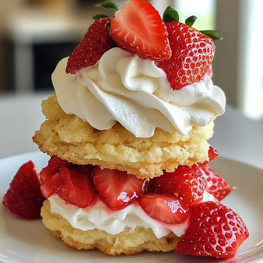 - 1 cup all-purpose flour - 1/2 cup almond flour - 1/4 cup cornstarch - 1/2 teaspoon baking powder - 1/4 teaspoon baking soda - 1/4 teaspoon salt - 1/4 cup unsalted butter, softened - 1/2 cup granulated sugar - 1 large egg - 1 teaspoon vanilla extract - 1 cup fresh strawberries, chopped - 1/2 cup whipped cream (for topping) - Extra strawberries for garnish Each ingredient plays a key role in the flavor and texture of the cookies. The all-purpose flour gives structure, while almond flour adds a nice nutty flavor. Cornstarch helps make the cookies soft and chewy. Baking powder and baking soda help cookies rise. Salt enhances all the flavors. The butter needs to be softened. This helps it mix well with sugar. Granulated sugar sweetens the cookies and gives them a nice texture. The egg binds everything together and gives moisture. Vanilla extract adds lovely flavor. Fresh strawberries make these cookies special. They add sweetness and a burst of juicy flavor. Topping with whipped cream gives a creamy finish. Extra strawberries for garnish make the cookies look lovely and fresh. Gather these ingredients, and you're ready to create a sweet treat that blends classic shortcake with the joy of cookies! {{ingredient_image_1}} - Preheat oven to 350°F (175°C). - Prepare a baking sheet with parchment paper. First, you need to set your oven. The heat helps the cookies rise and get soft. Parchment paper makes sure they do not stick. It also helps with easier cleanup. - Whisk together flours and rising agents. - Set aside for later use. In a medium bowl, mix the all-purpose flour, almond flour, cornstarch, baking powder, baking soda, and salt. Whisking helps air get in. This makes the cookies light and fluffy. Set this bowl aside for now. - Instructions for creaming until fluffy. - Adding egg and vanilla extract. In a large bowl, cream the softened butter and granulated sugar together. Mix for about 3-4 minutes. You want it to be light and fluffy. Next, add the egg and vanilla extract. Mix until everything is well blended. - Gradually mix in dry ingredients. - Folding in chopped strawberries. Now, slowly add the dry mixture into the wet mixture. Mix just until combined. Do not overmix; this keeps the cookies soft. Gently fold in the chopped strawberries. This way, they spread evenly in the dough. - Drop cookie dough on baking sheet. - Baking time and indicators for doneness. Using a cookie scoop, drop the dough onto your prepared baking sheet. Space them about 2 inches apart. Bake for 12-15 minutes. You know they are done when the edges are lightly golden. - Cooling process on wire rack. - Topping cookies with whipped cream and strawberries. Take the cookies out and let them cool on the baking sheet for a few minutes. Then, move them to a wire rack to cool completely. Once cooled, top each cookie with whipped cream and extra strawberry slices. Enjoy your sweet treat! To get the best texture in your cookies, start with the right butter temperature. Use softened butter that feels cool to the touch. It should not be melted. This temperature helps mix well with sugar, making your cookies light and chewy. When you fold in the strawberries, do it gently. This keeps the berries whole and bright. Stir just until you see no dry dough. Be careful not to smash the strawberries. This way, every bite has fresh fruit flavor. One common mistake is overmixing the dough. This can make your cookies tough. Mix until the dry and wet ingredients just blend. On the other hand, undermixing can leave dry spots. Aim for a smooth, slightly sticky dough. Another mistake is uneven baking. Make sure to space the cookie dough evenly on the baking sheet. This allows heat to flow around each cookie. Rotate your baking sheet halfway through baking. This helps cookies cook evenly and brown nicely. These cookies taste amazing with a scoop of ice cream. Vanilla or strawberry ice cream pairs well. The cold creaminess contrasts with the warm cookie. You can also try different toppings. Use whipped cream, fresh mint, or chocolate drizzle for fun twists. Each option adds a new flavor layer that makes these cookies even better! Pro Tips Chill the Dough: For a thicker cookie, chill the dough for 30 minutes before baking. This helps prevent spreading and enhances the texture. Use Fresh Strawberries: Opt for ripe, fresh strawberries to maximize flavor. Frozen strawberries may release too much moisture and alter the texture. Don’t Overmix: Mix the dough just until combined to keep the cookies tender. Overmixing can lead to tough cookies. Customize Toppings: Feel free to experiment with different toppings like chocolate drizzle or crushed nuts for added flavor and texture. {{image_2}} To make vegan strawberry shortcake cookies, you need to swap the butter and egg. Use coconut oil or vegan butter in place of regular butter. For the egg, try using 1/4 cup of unsweetened applesauce or a flax egg (1 tablespoon of ground flaxseed mixed with 2.5 tablespoons of water). This keeps the cookies moist and helps them hold together. If you need gluten-free cookies, you can use a mix of gluten-free flours. A good choice is a blend of almond flour and gluten-free all-purpose flour. You can also add some cornstarch to keep the texture light. When baking, keep an eye on the cookies. Gluten-free dough can bake faster, so check them a few minutes early. Add fun flavors to your cookies for a twist! Try some lemon or orange zest to brighten the taste. If you love chocolate, fold in some mini chocolate chips or chunks. You can also add chopped nuts for extra crunch. Each of these additions will enhance the cookie and make it even more delightful. To keep your strawberry shortcake cookies fresh, use an airtight container. This will help keep them soft and chewy. You can store them at room temperature or in the fridge. If you choose the fridge, wrap them tightly to avoid drying out. Freezing cookies is a great way to save some for later. To freeze, place the baked cookies in a single layer on a baking sheet. Once they are frozen, transfer them to a freezer-safe bag. Squeeze out any air before sealing. When you're ready to enjoy them, simply thaw them at room temperature for about 30 minutes. These cookies stay fresh for about 5 days at room temperature. If you store them in the fridge, they can last up to a week. You’ll know they have gone bad if they smell off or have a hard texture. Always check for any signs of mold before eating. Yes, you can use frozen strawberries. They work fine in cookies. However, frozen berries may have more moisture. This can change the cookie's texture. If you use frozen strawberries, let them thaw first. Pat them dry with a paper towel to remove extra liquid. This step helps keep your cookies from becoming too soggy. If you lack almond flour, don't worry. You can use regular flour instead. Just replace it with an equal amount of all-purpose flour. Another option is to use oat flour. If you want a nut-free choice, rice flour is a good fit too. Each option will give your cookies a unique taste and texture. Making these cookies healthier is easy! You can reduce the sugar by 1/4 cup. This change still keeps your cookies sweet. You can also swap half of the butter for unsweetened applesauce. This swap cuts fat while adding moisture. For a fun twist, try adding oats to boost fiber. This article covers all you need to know about making delicious strawberry shortcake cookies. We discussed key ingredients, step-by-step instructions, and tips for success. You can tweak the recipe for a vegan or gluten-free version. Storage methods and common questions were also answered. Enjoy your baking! With these steps, you can create tasty treats to share or enjoy solo. Try different toppings and flavor twists for more fun. Happy baking!