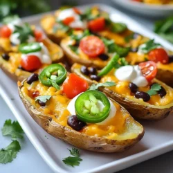 To start your Loaded Nacho Potato Skins, gather these key items: - 4 large russet potatoes - 1 cup shredded cheddar cheese - 1 cup black beans, rinsed and drained - 1 cup cherry tomatoes, diced - 1 jalapeño, sliced - 1/2 cup sour cream - 1/4 cup fresh cilantro, chopped - 1 tablespoon olive oil - 1 teaspoon garlic powder - 1 teaspoon cumin - Salt and pepper to taste These ingredients create a tasty base. The russet potatoes offer a sturdy skin. Cheddar cheese adds creaminess, while black beans give protein. Fresh tomatoes and jalapeños add color and flavor. You can mix in some fun toppings. Try these for even more flavor: - Avocado slices - Salsa for a spicy kick - Crispy bacon bits These add-ons can make your snack even better. Avocado provides creaminess, while salsa adds zest. Bacon gives a savory crunch that many enjoy. To change the flavor, use different spices and herbs. Here are some ideas: - Paprika for a smoky taste - Chili powder for extra heat - Fresh lime juice for brightness These simple changes can elevate your dish. Experiment with seasonings to find your perfect blend. Each bite can surprise you with a new taste! {{ingredient_image_1}} Start by washing the potatoes well under cold water. Use a fork to poke several holes in each potato. This helps steam escape while baking. Next, rub each potato with olive oil. Sprinkle salt on top for flavor. Place them on a baking sheet and bake at 400°F (200°C) for 45-60 minutes. They should feel soft when pierced with a fork. After baking, let the potatoes cool for a few minutes. Cut each potato in half lengthwise. Carefully scoop out some of the flesh, leaving a small rim. This helps keep the shape of the skin. Save the scooped-out potato for later use, like making mashed potatoes. In a mixing bowl, combine the shredded cheddar cheese, black beans, and diced cherry tomatoes. Add the garlic powder, cumin, and sliced jalapeño. Mix until everything is well combined. Season the filling with salt and pepper to taste. Spoon the mixture evenly into each potato skin. This filling is full of flavor and adds great texture. To make crispy potato skins, start with good potatoes. I recommend using large russet potatoes. They hold their shape well and get crispy. After baking, let them cool a bit. This helps the skins firm up. When you scoop out the flesh, leave a little around the edges. This keeps the skin strong. For the perfect cheese melt, use fresh shredded cheddar cheese. Pre-shredded cheese has additives that can prevent meltiness. Sprinkle the cheese evenly over the filling. This helps it melt better. Bake the potato skins until the cheese is bubbly and golden. This usually takes about 10-15 minutes. You can enhance the flavor of your nacho potato skins in many ways. Add sliced olives or green onions for extra texture. If you like it spicy, toss in more jalapeños or a dash of hot sauce. You can also mix in different cheeses like pepper jack for a kick. Don’t forget to top with fresh cilantro for a burst of flavor! Pro Tips Choose the Right Potatoes: Opt for large russet potatoes for their sturdy skin and fluffy interior, perfect for holding all the delicious toppings. Customize Your Toppings: Feel free to mix in other toppings like cooked ground beef, shredded chicken, or your favorite vegetables to personalize your potato skins. Keep it Crispy: For an extra crispy skin, broil the loaded potato skins for a couple of minutes after baking to achieve that golden finish. Make Ahead: Prepare the potato skins in advance, fill them with toppings, and refrigerate. Just bake them when you're ready to serve! {{image_2}} Want to spice things up? Add jalapeños or hot sauce. Slice fresh jalapeños and mix them into the filling. You can also sprinkle some red pepper flakes for extra heat. This will give your potato skins a nice kick. You can easily make these potato skins vegetarian or vegan. For a vegan twist, swap the cheddar cheese for a plant-based cheese. Use cashew cream or a dairy-free sour cream as a topping. Black beans and fresh veggies still work great in the filling. This way, everyone can enjoy this tasty snack. Make your loaded nacho potato skins fit any theme. For game night, serve them with a side of salsa and guacamole. For holidays, top them with festive garnishes like pomegranate seeds or colorful veggies. You can even create a nacho bar, letting guests add their own toppings. These ideas make your snack fun and festive! To keep your loaded nacho potato skins fresh, you should store them properly. First, let the potato skins cool down completely. Next, place them in an airtight container. You can refrigerate them for up to three days. If you want to keep them longer, you can freeze them. Wrap each potato skin in plastic wrap, then place them in a freezer-safe bag. Make sure to remove as much air as possible before sealing. Reheating is key to keeping the flavor and texture. For best results, use an oven. Preheat your oven to 350°F (175°C). Place the potato skins on a baking sheet. Bake them for about 10-15 minutes, until they are hot and the cheese melts again. If you’re in a hurry, you can use a microwave. However, this may make the skins a bit soggy. If you do use the microwave, heat them in short bursts of about 30 seconds. Leftovers can last in the fridge for up to three days. If frozen, the loaded nacho potato skins can stay good for about two months. Always check for signs of spoilage, like unusual smells or changes in texture, before eating. When in doubt, it’s better to throw them out. This way, you stay safe and enjoy your next snack! Yes, you can prep these tasty snacks ahead of time. Cook the potatoes and scoop them out. Store the skins in the fridge. You can prepare the filling mix too. Keep it in a separate container. When you're ready, fill the skins and bake them. This makes it easy for parties or game nights! If you need a sour cream swap, plenty of options exist. Greek yogurt is a great choice. It gives a creamy texture and tang. For a dairy-free option, try avocado or cashew cream. They add richness without the dairy. You can also use hummus for a fun twist! Absolutely! While russet potatoes work well, you can switch it up. Sweet potatoes bring a nice sweetness. Fingerling potatoes are fun for bite-sized snacks. Each type brings unique flavors. Experiment to find your favorite variation! You've learned how to make loaded nacho potato skins, from ingredients to storage. We discussed essential ingredients and how to achieve that perfect crispy texture. Whether you prefer spicy or vegetarian options, there’s a variation for everyone. Remember to store leftovers properly and reheat for the best taste. Now it's time to get creative in your kitchen. Enjoy making this fun dish for yourself or at your next gathering!