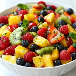 For a delicious Honey Lime Fruit Salad, you need a mix of fresh fruits, a tasty dressing, and some mint for garnish. Here’s what you’ll need: - 2 cups strawberries, hulled and sliced - 2 cups blueberries - 2 cups pineapple, diced - 2 cups kiwi, peeled and sliced - 1 cup raspberries These fruits bring a nice balance of sweetness and tartness. Strawberries add a juicy burst, while blueberries are small yet flavorful. Pineapple gives a tropical twist, and kiwi adds a bright green color. Raspberries bring a tangy note that ties everything together. - 1/4 cup honey - 2 tablespoons fresh lime juice - Zest of 1 lime The honey lime dressing is simple but packs a punch. Honey sweetens the salad, while lime juice adds a refreshing zing. The zest brings out the lime’s flavor, making each bite taste bright and fresh. - Fresh mint leaves Fresh mint leaves are the final touch. They add a pop of green and a cool flavor. Just sprinkle them on top before serving for a lovely look and taste. Gathering these ingredients will help you create a beautiful and refreshing fruit salad that everyone will love. {{ingredient_image_1}} To make the mixed fruit, start by washing all the fruits. For strawberries, hull and slice them. Combine them in a large bowl with the blueberries, diced pineapple, sliced kiwi, and raspberries. Mix them gently to keep the fruit intact. Next, let’s make the honey lime dressing. In a small bowl, whisk together 1/4 cup of honey, 2 tablespoons of fresh lime juice, and the zest of one lime. Make sure to blend it well until it is smooth. This dressing adds a sweet and tangy twist to your fruit salad. Now, it’s time to mix the dressing with the fruit. Drizzle the honey lime dressing over the mixed fruit. Gently toss the fruit to coat it evenly with the dressing. Be careful not to crush the fruit pieces while tossing. Chilling the salad is important for flavor enhancement. Cover the bowl with plastic wrap or a lid and place it in the fridge for about 30 minutes. This waiting time allows the flavors to blend and makes the salad even tastier. For serving, use a large spoon to transfer the fruit salad to a serving bowl. This keeps it nice and fresh. Before serving, toss the fruit salad gently again to redistribute the dressing. Garnishing with fresh mint leaves adds a lovely touch. Just sprinkle them on top before serving. The mint not only looks great, but it also adds a refreshing flavor. Enjoy every delightful bite! To make a great honey lime fruit salad, start with ripe fruits. Look for strawberries that are red and firm. Choose blueberries that are dark and plump. For pineapple, pick one that smells sweet and has a bit of give when pressed. Kiwi should be slightly soft but not mushy. Raspberries should be bright and intact. Store your fruits in a cool place before use. Keep them in the fridge if you won’t use them right away. This helps them stay fresh longer. Avoid stacking fruits on top of each other to prevent bruising. To make your fruit salad even better, try adding spices. A sprinkle of cinnamon can bring out the sweetness in the fruit. You can also mix in other fruits like mango or banana for extra flavor. Adjust the sweetness by adding more honey if you like it sweeter. Just remember, a little goes a long way! Cutting fruits can take time, so here are some tips to save it. Use a sharp knife for quick cuts. You can slice strawberries in half quickly by stacking them. For kiwi, cut it in half and scoop the flesh out with a spoon. Prepare the honey lime dressing in advance. Mix the honey, lime juice, and zest ahead of time. Store it in the fridge so it’s ready when you need it. This way, you can enjoy your fruit salad faster! Pro Tips Use Fresh Fruits: For the best flavor and texture, use fresh, ripe fruits. Avoid overripe or mushy fruits that can spoil the salad's appeal. Chill Before Serving: Allowing the fruit salad to chill for at least 30 minutes helps the flavors meld beautifully, enhancing the overall taste. Mix and Match: Feel free to substitute or add other fruits such as mangoes, peaches, or grapes for variety and to suit your taste preferences. Presentation Matters: Serve the fruit salad in a beautiful bowl and garnish with fresh mint leaves for an attractive and appetizing presentation. {{image_2}} You can make a tropical fruit salad by adding mango or papaya. These fruits bring a sweet twist and a burst of flavor. To change the dressing, try using coconut milk instead of honey. This adds a creamy texture and a hint of the tropics. The result feels like a vacation in a bowl. For a berry mix salad, focus just on berries. Use strawberries, blueberries, raspberries, and blackberries. You can mix them with yogurt for a creamy touch. This makes the salad rich and smooth, perfect for breakfast or a snack. The yogurt also packs in protein, making this a great option for kids. Add a citrus twist by including orange or grapefruit slices. These fruits add a bright, zesty flavor that wakes up the taste buds. You can also infuse the mix with more lime juice for extra zing. This version is refreshing and perfect for a sunny day. The sweet and sour notes complement the other fruits well. To keep your honey lime fruit salad fresh, refrigerate any leftovers. Use airtight containers to prevent the salad from absorbing other smells in the fridge. This keeps the fruit looking bright and tasting sweet. The salad lasts about three days in the fridge. Check for signs of spoilage, like mushy fruit or off smells. If you notice these signs, it’s best to toss the salad. Freshness is key to enjoying this dish. You can freeze fruit salad, but the texture may change after thawing. Best fruits for freezing include pineapple and blueberries. Avoid freezing delicate fruits like strawberries and raspberries, as they can become mushy. If you want to enjoy this salad later, freeze the fruits separately. Then, mix them with the honey lime dressing when you’re ready to eat. You can use maple syrup, agave nectar, or stevia. Each sweetener brings a unique taste. If you choose a liquid sweetener, use the same amount as honey. If you use stevia, check the package for the right amount. Lime juice helps balance the sweetness of these substitutes. Adjust the lime a bit if you like it more tart. Yes, you can prepare this salad ahead of time. Store it in an airtight container to keep it fresh. It tastes best within one day. If you make it too early, the fruit may get mushy. For meal prep, make the honey lime dressing separately. Mix it in just before serving to keep the fruit crisp. This recipe is very flexible. For a vegan option, use maple syrup instead of honey. It keeps the taste fresh and sweet. If you need gluten-free options, this recipe is already gluten-free! For low-sugar diets, you can reduce the honey or use a sugar-free sweetener. Always adjust the lime juice to match your taste. This blog post outlined a simple and tasty fruit salad recipe. We discussed fresh fruits, a delightful honey lime dressing, and garnishing with mint. You learned how to prepare, mix, and chill the salad for maximum flavor. We also shared tips on selecting ripe fruit and making the process efficient. In closing, enjoy the versatility of this recipe. Experiment with variations and find your favorite combo. Your fresh fruit salad will impress anyone lucky enough to share it with you. Enjoy!