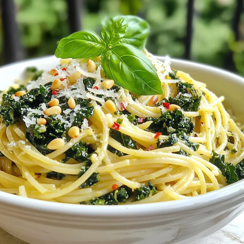 To make Lemon Garlic Kale Pasta, you will need: - 8 oz pasta of choice (spaghetti, fettuccine, or penne) - 2 tablespoons olive oil - 4 cloves garlic, minced - 6 cups kale, stems removed and chopped - 1 lemon (zested and juiced) - ½ teaspoon red pepper flakes (adjust to taste) - Salt and pepper to taste - ½ cup grated Parmesan cheese (or a vegan alternative) - 2 tablespoons pine nuts, toasted (optional) - Fresh basil leaves for garnish You can swap ingredients if needed. Use any pasta you have. Whole wheat or gluten-free pasta work well. Instead of olive oil, try avocado oil for a different flavor. For garlic, use garlic powder in a pinch. If you don't have kale, spinach is a great choice. You can use lime juice instead of lemon. For cheese, nutritional yeast makes a good vegan option. Want to make this dish even better? Add some toasted pine nuts for crunch. Sliced cherry tomatoes bring sweetness. Cooked chicken or shrimp adds protein. If you like more heat, toss in extra red pepper flakes. You can also add a handful of peas for color and taste. {{ingredient_image_1}} To start, boil a large pot of salted water. Add 8 ounces of pasta and cook it until it's al dente. Follow the package instructions for timing. Once done, save one cup of the pasta water. Drain the pasta and set it aside for later. Next, heat 2 tablespoons of olive oil in a large skillet over medium heat. When the oil is hot, add 4 minced garlic cloves. Sauté for about one minute. You want to smell the garlic, but don’t let it brown. Now, add 6 cups of chopped kale to the skillet. Cook the kale for about 3 to 5 minutes. Stir it often until it wilts and becomes tender. To spice things up, mix in ½ teaspoon of red pepper flakes. Now it’s time to mix! Add the drained pasta to the skillet with the kale. Pour in the juice and zest of one lemon. Don’t forget to add a splash of the reserved pasta water. Toss everything well. If it seems dry, add more pasta water until it’s just right. Season your dish with salt and pepper to taste. Stir in ½ cup of grated Parmesan cheese until it melts and mixes in well. This adds creaminess and flavor. To serve, divide the pasta among plates. If you like, sprinkle on some toasted pine nuts for crunch. Garnish with fresh basil leaves. This gives your dish a lovely touch and adds a hint of flavor. Enjoy your meal! To cook pasta just right, start with a large pot. Use plenty of salted water. Bring it to a boil before adding your pasta. Cook it until it's al dente. This means it should be firm when you bite it. Remember to reserve one cup of pasta water before draining. This water helps mix the sauce later. Garlic is key for flavor. Sauté it gently to bring out its aroma. Don't let it brown; just cook until fragrant. Adding red pepper flakes gives a nice kick. You can adjust the amount based on your taste. The lemon juice and zest brighten the dish. They add a fresh, zesty note that pairs well with kale. Serve your Lemon Garlic Kale Pasta in shallow bowls. This helps show off the vibrant greens and pasta. Top with more grated Parmesan for a rich touch. Add a lemon wedge on the side for color. Fresh basil leaves make a lovely garnish. They add a pop of green and extra flavor. Pro Tips Use Fresh Garlic: Freshly minced garlic packs a stronger flavor than pre-minced or powdered garlic, enhancing the overall taste of your dish. Adjust the Spice: Feel free to modify the amount of red pepper flakes based on your spice tolerance. Start with less and add more if desired. Perfect Pasta Texture: Always cook pasta al dente, as it will continue to cook slightly when mixed with the kale and sauce, preventing it from becoming mushy. Garnish for Flavor: Fresh basil not only adds color but also enhances the dish with a refreshing flavor. Consider adding other herbs like parsley or arugula for variety. {{image_2}} You can easily make this dish vegan. Simply skip the Parmesan cheese or use a vegan alternative. Nutritional yeast adds a cheesy flavor without dairy. You can also add a splash of lemon juice for extra zest. This keeps the dish bright and fresh. For a gluten-free option, choose pasta made from rice or lentils. These options work well and still taste great. Cook them according to the package instructions. The lemon and garlic flavors shine through, making it just as delightful. Want to add protein? Chicken or shrimp works perfectly. Cook your protein first in the olive oil. Then, follow the recipe steps as usual. This makes your meal heartier and more filling. You can also try chickpeas for a plant-based boost. They pair well with kale and add great texture. Lemon garlic kale pasta keeps well in the fridge. Store it in an airtight container. It lasts for 3 to 5 days. Make sure it cools down before sealing it. This helps prevent sogginess. If you want to freeze it, pack it tightly in a freezer-safe bag. Remove as much air as possible. It stays good for up to 3 months. When you’re ready to eat, let it thaw in the fridge overnight. To reheat, use a skillet over medium heat. Add a splash of water or olive oil to keep it moist. Stir until heated through. You can also microwave it, but cover it to avoid drying out. Enjoy your pasta just like the first time! To make Lemon Garlic Kale Pasta, follow these steps: 1. Cook the Pasta: Start with 8 oz of pasta. Boil water, add salt, and cook the pasta until al dente. Save one cup of pasta water, then drain the pasta. 2. Sauté the Garlic: Heat 2 tablespoons of olive oil in a skillet. Add 4 cloves of minced garlic. Cook for about one minute. 3. Prepare the Kale: Add 6 cups of chopped kale to the skillet. Sauté for about 3-5 minutes, until it wilts. Mix in ½ teaspoon of red pepper flakes. 4. Combine Ingredients: Add the drained pasta to the skillet. Pour in the zest and juice of one lemon. Use a splash of reserved pasta water to blend everything. Toss to combine. 5. Add the Finishing Touch: Season with salt and pepper. Stir in ½ cup of grated Parmesan cheese until melted. 6. Serve: Plate the pasta. Top with optional toasted pine nuts and fresh basil leaves. If you need a substitute for Parmesan cheese, try these options: - Nutritional yeast for a vegan option. - A mix of ground almonds and nutritional yeast for added texture. - Grated Pecorino Romano for a similar flavor. - Vegan Parmesan cheese from the store. Yes, you can use different types of pasta. Here are some ideas: - Spaghetti for a classic feel. - Fettuccine for a wider noodle. - Penne for easy scooping. - Gluten-free pasta for a gluten-free dish. Lemon Garlic Kale Pasta lasts about 3-5 days in the fridge. Store it in an airtight container. Reheat it gently on the stove or in the microwave. Add a splash of water to keep it moist. This post covered how to make Lemon Garlic Kale Pasta. You learned the key ingredients and some tasty substitutions. I shared step-by-step instructions to make cooking easier. You'll also find helpful tips to boost flavor and presentation. Lastly, we explored variations and how to store the pasta. This dish is flexible, tasty, and quick. Try it out, and make it your own! Enjoy your cooking adventure!