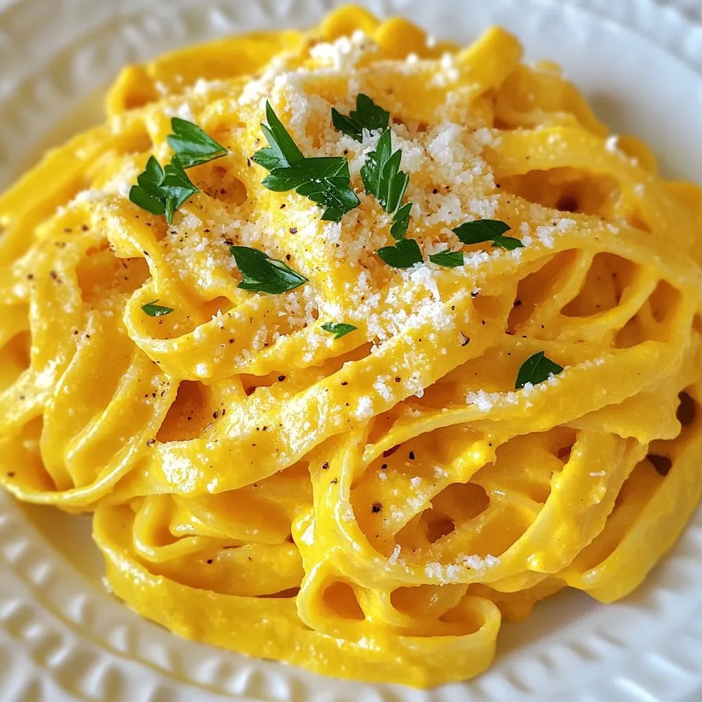 - 12 oz fettuccine or your pasta of choice - 1 cup pure pumpkin puree - 1 cup heavy cream - 1/2 cup grated Parmesan cheese - 2 tablespoons unsalted butter - 2 cloves garlic, minced - 1 teaspoon dried sage - 1/2 teaspoon nutmeg - Salt and pepper to taste - Fresh parsley for garnish To create this creamy pumpkin Alfredo pasta, gather your ingredients first. The star here is pure pumpkin puree, which gives the dish its rich flavor and beautiful color. You can use any pasta you like, but fettuccine works best. Heavy cream adds the smooth, creamy texture. Don't forget the grated Parmesan cheese; it enhances the flavor a lot. Garlic and sage bring warmth to the dish, while nutmeg adds a hint of spice. Salt and pepper will help balance the flavors. Finally, fresh parsley not only looks great but adds a pop of freshness. Each ingredient plays a vital role in making this meal special. When you combine all these flavors, you'll create a dish that feels both cozy and gourmet. {{ingredient_image_1}} 1. Start by bringing a large pot of salted water to a boil. This step is key for flavor. 2. Add 12 ounces of fettuccine to the boiling water. Cook it according to the package instructions. You want it to be al dente, which means it's firm but not hard. 3. Once cooked, drain the pasta in a colander. Remember to set aside about 1 cup of the pasta water. This water will help adjust the sauce later. 1. In a large skillet, melt 2 tablespoons of unsalted butter over medium heat. Watch it closely so it doesn’t brown. 2. Add 2 cloves of minced garlic to the melted butter. Sauté it for about 1 minute. You want it to smell great but not burn. 1. Next, add 1 cup of pure pumpkin puree to the skillet. Stir it in with the garlic and butter. 2. Gradually pour in 1 cup of heavy cream while stirring. This step makes the sauce creamy. 3. Stir in 1/2 cup of grated Parmesan cheese, 1 teaspoon of dried sage, 1/2 teaspoon of nutmeg, salt, and pepper. Keep stirring until the sauce is smooth. If it seems too thick, add some of the reserved pasta water to get the right consistency. 1. Now, toss the drained pasta into the sauce. Make sure each piece is coated well. 2. If the sauce feels too thick, add more of the reserved pasta water. This will help the sauce stick to the pasta better. 3. Your Pumpkin Alfredo Pasta is almost ready! To make your Pumpkin Alfredo sauce super creamy, always use freshly grated Parmesan cheese. Fresh cheese melts better and gives a richer taste. Pre-grated cheese may not melt as well and can leave a grainy texture. Do not forget to save some pasta water before draining your fettuccine. This starchy water helps the sauce stick and achieve the right thickness. If your sauce seems too thick, just add a bit of the reserved pasta water. Add more flavor with herbs like thyme or rosemary. These herbs work well with pumpkin and can boost the taste. You can also adjust your seasoning. Taste your sauce and add salt or pepper to make it just right for you. To make your dish look great, garnish with fresh parsley. This adds a nice splash of color and a fresh taste. Serve your pasta with extra Parmesan on the side for those who want more cheese. You can also add toasted nuts for a bit of crunch. This gives your meal a fun texture and extra flavor. Pro Tips Use Fresh Pumpkin: For a richer flavor, consider using fresh pumpkin instead of canned puree. Roast it until tender, then blend until smooth. Adjust Consistency: If the sauce becomes too thick, gradually add the reserved pasta water to reach your desired creaminess without diluting the flavor. Enhance Flavor: Feel free to add a pinch of cayenne pepper or red pepper flakes for a slight kick that complements the creamy pumpkin sauce. Garnish Wisely: Fresh herbs like sage or thyme can elevate the dish. Toast some pumpkin seeds as a crunchy topping for added texture. {{image_2}} You can make Pumpkin Alfredo even better by adding proteins. - Adding chicken or shrimp: Cook some chicken breast or shrimp in a pan. After cooking, add them to the pasta. They bring a nice taste and extra nutrition to the dish. - Vegetarian protein options: If you want a meatless option, try adding chickpeas or tofu. They soak up the sauce and add protein. Switching your pasta can change the dish too. - Gluten-free options: If you need gluten-free pasta, look for rice or corn-based options. They work well with the creamy sauce. - Whole wheat pasta benefits: Whole wheat pasta adds fiber and a nutty flavor. It also keeps you full longer. Adding seasonal ingredients can elevate your meal. - Adding spinach or kale: Toss in fresh spinach or kale towards the end of cooking. They add color and nutrients without changing the taste much. - Seasonal spices to enhance flavor: Consider adding a pinch of cinnamon or allspice. These spices bring warmth and depth, making your dish perfect for fall. To keep your Pumpkin Alfredo Pasta fresh, use proper storage containers. Glass or BPA-free plastic containers work well. Make sure to let the pasta cool before sealing. Store it in the fridge for up to three days. This helps maintain the flavor and texture of your dish. Reheating your pasta can be simple. The best method is to use a skillet. Add a splash of water or cream to the pan. Heat over low to medium heat. Stir often to avoid sticking. If you want to keep it creamy, do not use the microwave. The microwave can dry out the sauce, making it less enjoyable. Always check the temperature before serving. Pumpkin puree is smooth and thick, made from cooked pumpkin. You can find it in cans or make it fresh. It is different from pumpkin pie filling. Pie filling has added sugar and spices. Puree has no extra ingredients, just pure pumpkin goodness. Yes, you can make vegan Pumpkin Alfredo Pasta. For cream, use coconut cream or cashew cream. Swap Parmesan cheese for nutritional yeast or a vegan cheese. These changes keep the dish creamy and tasty without dairy. To thicken the Alfredo sauce, you can use a couple of tricks. First, cook the sauce longer over low heat. This helps it reduce and thicken. You can also add more pumpkin puree or a bit of cornstarch mixed with water. The starch acts as a thickener and makes the sauce creamy. This blog post shared a simple pasta recipe using pumpkin puree. We covered ingredients, cooking instructions, and tips to help you make a creamy sauce. Don't forget to add your favorite proteins or seasonal veggies for extra flavor. Store leftovers correctly and reheat to keep that creaminess. Now, you can enjoy a delicious dish that's not just easy but also flexible for your taste. Try it out and get creative with your own twists!