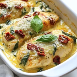 - 4 boneless, skinless chicken breasts - 1 cup sun-dried tomatoes in oil, drained and chopped - 1 cup heavy cream - 1 cup chicken broth - 1 cup baby spinach - 3 cloves garlic, minced - 1 teaspoon dried Italian herbs (oregano, basil, thyme) - 1 tablespoon olive oil - Salt and pepper to taste - Grated Parmesan cheese for garnish - Fresh basil leaves for garnish Gather these ingredients to make your Creamy Sun-Dried Tomato Chicken. The chicken breasts are the main star. They add protein and texture. Sun-dried tomatoes give a rich, tangy flavor that stands out. Heavy cream adds that dreamy, creamy texture. Chicken broth adds depth and keeps everything moist. Don't forget about the spinach! It adds color and a hint of earthiness. Garlic brings in a savory note that enhances all the flavors. The dried Italian herbs blend perfectly, giving a wonderful aroma. Olive oil helps to sear the chicken, making it golden. For garnishes, use salt and pepper to taste. Grated Parmesan adds a salty richness that ties everything together. Fresh basil leaves add a pop of freshness and color. This mix of ingredients will create a dish that is not only tasty but also visually appealing. {{ingredient_image_1}} - Seasoning the Chicken Breasts Start by seasoning the chicken breasts. Use salt and pepper on both sides. This simple step adds flavor. - Searing the Chicken in the Skillet Heat olive oil in a large skillet over medium-high heat. When the oil is hot, add the chicken breasts. Sear them for about 6-7 minutes on each side. Look for a golden-brown crust. The chicken should be cooked through. Once done, remove the chicken and set it aside. - Sautéing Garlic and Sun-Dried Tomatoes In the same skillet, add minced garlic. Sauté it for about 30 seconds. You want it fragrant but not burnt. Next, stir in the chopped sun-dried tomatoes. Cook this mixture for 2 minutes, letting the flavors blend. - Adding Chicken Broth and Reducing the Sauce Pour in the chicken broth, bringing the mix to a simmer. Let it reduce for about 3-4 minutes. This helps concentrate the flavors. - Incorporating Heavy Cream and Herbs Lower the heat to medium-low. Now, add the heavy cream and stir well. This will make the sauce creamy. Add dried Italian herbs for that extra flavor. - Adding Baby Spinach and Returning Chicken Toss in the baby spinach. Allow it to wilt in the sauce for about 2 minutes. Then, return the chicken to the skillet. Nestle it into the creamy sauce. - Adjusting Seasoning and Serving Let everything simmer for another 5 minutes. This helps the flavors meld. Taste the sauce and adjust the seasoning with more salt and pepper, if needed. Serve the chicken topped with the creamy sauce, garnished with grated Parmesan cheese and fresh basil leaves. Enjoy! How can I ensure juiciness and flavor? To keep your chicken juicy, always season it well. Use salt and pepper before cooking. Searing the chicken in hot oil locks in moisture. Cook it until it's golden brown. This method gives great flavor and a nice texture. What is the recommended cooking temperature? Cook the chicken to an internal temperature of 165°F. Use a meat thermometer to check. This ensures it's safe to eat and keeps it moist. How can I adjust the consistency of the sauce? If your sauce is too thick, add more chicken broth or cream. Stir well to combine. For a thicker sauce, let it simmer longer to reduce. This helps concentrate the flavors. How can I enhance flavor with additional seasonings? Don't be shy with seasonings! You can add a pinch of red pepper flakes for heat. Fresh herbs like thyme or parsley can brighten the dish. Taste as you go to find your perfect balance. What are some plating suggestions? For a beautiful plate, place the chicken on a clean dish. Spoon the creamy sauce over it. Add a sprinkle of grated Parmesan for a nice finish. A few fresh basil leaves on top add color and freshness. What are the best pairings for serving? Serve this dish with pasta or rice to soak up the sauce. A side of steamed veggies or a fresh salad works great too. Pair it with a light white wine for an elegant touch. Pro Tips Choose Quality Chicken: Opt for organic or free-range chicken breasts for better flavor and texture. Sun-Dried Tomato Oil: Use the oil from the sun-dried tomatoes to sauté the garlic for an extra flavor boost. Adjust Creaminess: For a lighter sauce, substitute half of the heavy cream with low-fat milk or chicken broth. Serve with Sides: This dish pairs beautifully with pasta, rice, or a fresh green salad to balance the richness. {{image_2}} You can easily swap out heavy cream in this recipe. Here are some options: - Use coconut cream for a dairy-free version. - Substitute Greek yogurt for a tangy twist. - Try cashew cream for a rich, nut-based alternative. For greens, you can use other veggies like: - Kale or Swiss chard for a hearty option. - Broccoli florets for a crunchy bite. - Zucchini noodles for a fun twist. To enhance the taste, consider adding: - Extra spices like red pepper flakes for heat. - Feta or goat cheese for a tangy flavor. - Fresh herbs like thyme or parsley for freshness. You can also modify the dish for different cuisines: - Add curry powder for an Indian flair. - Use soy sauce and ginger for an Asian twist. - Incorporate lime juice and cilantro for a Mexican vibe. For low-carb or keto diets, try these changes: - Use chicken thighs instead of breasts for more fat. - Replace heavy cream with cream cheese for thickness. If you need gluten-free options, focus on: - Ensuring your chicken broth is gluten-free. - Using gluten-free pasta or no pasta at all for a lighter meal. To keep your creamy sun-dried tomato chicken fresh, follow these steps: - Refrigeration: Place leftovers in the fridge within two hours of cooking. This keeps bacteria away. - Container Recommendations: Use airtight containers. Glass or BPA-free plastic works well. Label with the date. For the best taste and texture, reheat your chicken like this: - Methods for Keeping Chicken Tender: Use the stovetop or microwave. If using a stovetop, heat on low. This keeps the chicken juicy. - Avoiding Sauce Separation: Stir the sauce while reheating. This helps mix the flavors and prevents the sauce from splitting. If you want to save some for later, here’s how: - Best Practices for Freezing Creamy Dishes: Let the dish cool completely before freezing. Use freezer-safe containers. Leave some space for expansion. - Thawing and Reheating After Freezing: Thaw overnight in the fridge. When reheating, do it slowly over low heat. Stir often to keep it creamy. You can serve Creamy Sun-Dried Tomato Chicken with many sides. Here are some great options: - Rice: White or brown rice soaks up the creamy sauce well. - Pasta: A simple spaghetti or fettuccine pairs nicely. - Vegetables: Roasted broccoli or green beans add color and crunch. - Bread: Crusty bread is perfect for dipping in the sauce. Yes, you can prepare this dish ahead. Cook the chicken and sauce, then store them together in the fridge. Reheat gently on the stove before serving. This allows flavors to mingle, making it even better. To avoid curdling, keep these tips in mind: - Temperature: Let the cream come to room temperature before adding it to the hot skillet. - Heat Level: Use low heat when adding cream. High heat can cause it to curdle. - Stir Constantly: Always stir the sauce while adding the cream for a smooth blend. Here are the basic nutritional values per serving: - Calories: Approximately 450 - Protein: 40g - Fat: 30g - Carbohydrates: 5g These values may vary based on specific ingredients used. Always check labels for precise info. This blog post covered a tasty recipe for Creamy Sun-Dried Tomato Chicken. You learned about the main ingredients, step-by-step instructions, and useful tips. We explored variations to suit your taste and dietary needs. Cooking can be simple and delicious when you use the right methods. Try this recipe and enjoy a delightful meal that's easy to make. Happy cooking!