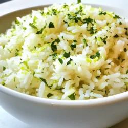 - 1 cup jasmine rice - 2 cups vegetable broth (or water) - Zest of 1 lime - 2 tablespoons fresh lime juice - 1/4 cup fresh cilantro, finely chopped - 1 tablespoon olive oil - 1 teaspoon garlic powder - 1 teaspoon onion powder - Salt to taste When making Zesty Cilantro Lime Rice, you want the best ingredients. Start with jasmine rice. It cooks up fluffy and fragrant. Use vegetable broth or water for cooking. Broth adds flavor, while water works too. Fresh limes are key for this dish. The zest brings a bright taste. The juice gives it that zesty kick. Cilantro adds a fresh touch, making each bite delightful. Olive oil gives a nice richness to the rice. Garlic and onion powders boost the flavor without extra effort. Don't forget the salt; it enhances all the tastes. - Choosing the right rice: Look for jasmine rice with a shiny, smooth look. If possible, buy organic for better quality. - Selecting fresh limes and cilantro: Pick limes that feel heavy for their size. Look for smooth skin. When it comes to cilantro, choose bright green leaves. Avoid any yellow or wilting parts. - Alternative rice options: If jasmine rice isn't available, try basmati rice. It has a similar texture and flavor. You can also use long-grain rice for a different twist. - Substitutes for vegetable broth: You can use chicken broth for a non-vegetarian option. Water works too if you're in a pinch. Just add a little extra seasoning to boost the flavor. {{ingredient_image_1}} Rinsing jasmine rice is key to great texture. Rinsing removes excess starch that can make rice sticky. Run cold water over the rice until it runs clear. This simple step improves the dish. Next, toasting the rice adds a nutty flavor. Heat olive oil in a medium saucepan over medium heat. Add the rinsed rice and stir often. Toast for 2-3 minutes until it turns lightly golden. This step enhances the overall taste. Now it’s time to cook the rice. Pour in 2 cups of vegetable broth or water. Add garlic powder, onion powder, and salt for flavor. Stir the mix well to combine everything. Bring the mix to a boil over high heat. Once it boils, reduce the heat to low. Cover the pan and let it simmer for 15-18 minutes. The rice should absorb all the liquid. Keep the lid on and let it sit for 5 more minutes. This makes the rice fluffier. Now comes the fun part – adding flavor! Remove the lid and fluff the rice with a fork. Zest the lime over the rice to add brightness. Then squeeze in 2 tablespoons of fresh lime juice. These steps bring out a burst of flavor. Finally, mix in 1/4 cup of finely chopped cilantro. Stir gently to coat the rice evenly. Taste it and adjust the salt if needed. Your zesty cilantro lime rice is now ready to enjoy! To get perfect rice, use a 2:1 water-to-rice ratio. For every cup of jasmine rice, add two cups of vegetable broth or water. This ensures the rice cooks well and absorbs the flavors. After cooking, let the rice rest for five minutes. This resting time allows it to become fluffy and helps the grains separate nicely. To boost the taste, consider adding spices like cumin or chili powder. These spices add warmth and depth. You can also mix in other ingredients like black beans or corn for added texture. Pairing with grilled chicken or shrimp creates a delicious meal. The mix of flavors brings a zest to your plate. When serving, use a large bowl to show off the rice. This makes it inviting for guests. For gatherings, consider making rice in a colorful serving dish. Garnish with extra cilantro or lime wedges to add visual appeal. This simple touch brightens your dish and makes it look fresh and tasty. Pro Tips Rinsing the Rice: Always rinse jasmine rice under cold water until the water runs clear to remove excess starch, which helps prevent the rice from becoming gummy. Toasting for Flavor: Toasting the rice in olive oil for a few minutes enhances its nutty flavor and adds depth to your dish. Resting Period: Let the rice sit covered after cooking for an additional 5 minutes. This allows the moisture to redistribute and results in fluffier rice. Freshness Matters: Use freshly squeezed lime juice and chopped cilantro for the best flavor. Dried herbs and bottled lime juice won't have the same vibrant taste. {{image_2}} You can easily make Zesty Cilantro Lime Rice more exciting with some add-ins. For a protein boost, consider adding grilled chicken or sautéed shrimp. These options add great taste and make the dish heartier. You can also mix in vegetables like bell peppers or sweet corn. They add color, texture, and extra nutrients to your rice. If you want to change the flavor, try different herbs. You can use fresh parsley or chopped green onions instead of cilantro. Each brings a new twist to the dish. You can also explore other citrus flavors. Lemon zest or orange juice can give your rice a fresh kick. Making dietary adjustments is simple with this recipe. To keep it gluten-free, ensure your broth is free from gluten. Most vegetable broths are safe, but always check the label. If you follow a vegan diet, this recipe is already plant-based. Just stick to vegetable broth and fresh veggies. You can also replace any added protein with your favorite plant-based options. To keep Zesty Cilantro Lime Rice fresh, store it in an airtight container. Place it in the fridge within two hours of cooking. This helps reduce bacteria growth. When you store it, make sure it cools down first. It can last up to four days in the fridge. If you want to save it longer, freeze the rice. Divide it into small portions. Use freezer bags or containers. Press out as much air as you can before sealing. This keeps the rice from getting freezer burn. You can freeze it for up to three months. When you are ready to eat the rice, there are a few good methods to reheat it. You can use the microwave, stovetop, or oven. Microwave: Place the rice in a microwave-safe bowl. Add a splash of water to keep it moist. Cover it with a damp paper towel. Heat it for 1-2 minutes, stirring halfway through. Stovetop: Heat a pan over low heat. Add the rice and a splash of water or broth. Stir occasionally until warmed through. Oven: Preheat your oven to 350°F. Spread the rice in a baking dish. Add a bit of broth or water. Cover with foil and heat for about 15 minutes. To avoid soggy rice, do not add too much liquid. If it seems dry, add just a little moisture. In the fridge, Zesty Cilantro Lime Rice lasts for about four days. If you notice any off smells or mold, discard the rice right away. Signs of spoilage also include a change in color or texture. If you freeze the rice, it can last up to three months. Just remember to label your containers with the date. To make Zesty Cilantro Lime Rice vegan, use vegetable broth instead of chicken broth. This keeps the dish plant-based. You can also check ingredients for any animal products. Ensure the olive oil is pure and free from additives. This way, your rice stays fresh and tasty. Yes, you can use brown rice. Brown rice takes longer to cook than jasmine rice. You will need to increase the water ratio. Use 2 ½ cups of water for every cup of brown rice. Cook for about 40-45 minutes. Check the rice for doneness before serving. Zesty Cilantro Lime Rice goes well with many dishes. Here are a few ideas: - Grilled chicken - Shrimp tacos - Black bean burritos - Veggie stir-fry - Fish tacos These dishes enhance the bright flavors of your rice. Enjoy mixing and matching for your meals! This article covered everything you need to make Zesty Cilantro Lime Rice. You learned about the key ingredients, tips for selecting fresh items, and common substitutions. The step-by-step instructions helped you master the cooking process, while tips and tricks ensured perfect texture and flavor. We explored variations and provided storage tips for leftovers. In conclusion, this vibrant rice dish is easy to customize and share. Enjoy your cooking journey!