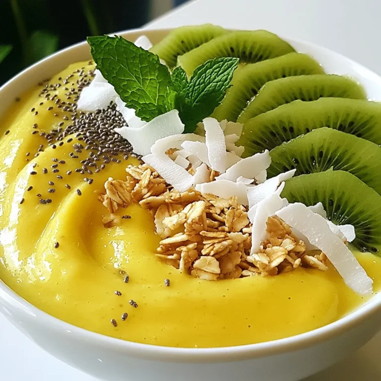 - 1 cup fresh pineapple, chopped - 1 banana, sliced - 1/2 cup coconut milk - 1/2 cup Greek yogurt - 1 tablespoon honey (or maple syrup) - 1/2 teaspoon vanilla extract - Toppings: sliced kiwi, chia seeds, shredded coconut, granola, and fresh mint leaves - Fresh pineapple: Use one cup of pineapple, chopped into small pieces. - Banana: Slice one medium banana. - Coconut milk: Measure half a cup of coconut milk from a can or carton. - Greek yogurt: Take half a cup of plain Greek yogurt for creaminess. - Honey or maple syrup: Use one tablespoon for sweetness. - Vanilla extract: Add half a teaspoon for flavor. - Toppings: Prepare sliced kiwi, a sprinkle of chia seeds, a handful of shredded coconut, granola, and a few fresh mint leaves. For fresh pineapple, choose ripe fruit from your local market. Dole and Del Monte are good brands. For coconut milk, look for brands that use real coconut, like Thai Kitchen or Native Forest. Choose full-fat Greek yogurt for the best texture; Fage and Chobani are reliable choices. For honey, local honey is often the best choice, while maple syrup can be pure or organic. Finally, for toppings, consider brands like Bob's Red Mill for chia seeds and granola. {{ingredient_image_1}} To make this Tropical Pineapple Smoothie Bowl, start with your ingredients. You need fresh pineapple, banana, coconut milk, Greek yogurt, honey, and vanilla extract. 1. First, chop one cup of fresh pineapple. 2. Next, slice one banana. 3. In a blender, add the chopped pineapple, sliced banana, half a cup of coconut milk, half a cup of Greek yogurt, one tablespoon of honey, and half a teaspoon of vanilla extract. 4. Blend on high speed until the mix is smooth and creamy. You may need to stop and scrape down the sides. 5. Once blended, pour the smoothie into a bowl. Use a spatula to get every last drop. For the right texture, you want your smoothie to be thick but not too heavy. If it is too thick, add a bit more coconut milk. Blend again until smooth. If it is too thin, add more Greek yogurt. This will give you that perfect creamy feel. To make your bowl look great, top it with sliced kiwi, chia seeds, shredded coconut, granola, and fresh mint leaves. Arrange the toppings in a fun way. You can create patterns or piles for a colorful look. You can add a colorful straw or wooden spoon for a nice touch. For more fun, consider a slice of pineapple or a cute cocktail umbrella. Enjoy your tasty treat! When selecting ripe pineapples, look for a firm, golden-yellow skin. A sweet aroma at the base is a good sign too. Avoid any signs of soft spots or bruises. For bananas, choose ones that are bright yellow with a few brown spots. These are sweet and creamy. If they are all green, wait a few days for them to ripen. You can boost the flavor of your smoothie bowl with a dash of cinnamon or nutmeg. These spices add warmth and depth. A splash of coconut extract can enhance the tropical taste, too. If you want a little zing, try adding a squeeze of lime juice. It brightens the flavors really well. Make your smoothie bowl a feast for the eyes. Start by pouring the smoothie mixture into a bright bowl. Layer your toppings neatly. Arrange sliced kiwi, chia seeds, and shredded coconut in sections. Use a spoon to create patterns. A sprig of fresh mint adds a pop of green. For a fun touch, use a colorful straw or a cute umbrella. It makes the bowl feel more festive! Pro Tips Fresh Ingredients: Using ripe and fresh fruits will enhance the flavor and creaminess of your smoothie bowl. Chill Your Bowl: For a refreshing experience, chill your bowl in the freezer for a few minutes before serving. Texture Variation: Experiment with different toppings like nuts or seeds to add crunch and nutrients to your bowl. Custom Sweetness: Adjust the amount of honey or maple syrup based on your desired sweetness level; taste as you go! {{image_2}} If you want a dairy-free or vegan smoothie bowl, swap Greek yogurt for coconut yogurt. This keeps your bowl creamy and delicious. Use plant-based milk, like almond or oat milk, instead of coconut milk. It gives a nice flavor, too. When sweetening, choose maple syrup or agave nectar in place of honey. These swaps ensure everyone can enjoy this tasty treat. You can change up the fruits to keep things fresh! In summer, try berries like strawberries or blueberries. They add a pop of color and flavor. In fall, use diced apples or pears for a cozy touch. Winter is great for citrus fruits like oranges or grapefruit. They brighten the dish and add zing. Each season brings new tastes to your smoothie bowl! For a boost in nutrition, consider adding protein powder. This makes your smoothie bowl more filling. You can also toss in a handful of spinach or kale. They blend well and add vitamins without changing the taste. Chia seeds are another great option. They are small but pack a lot of omega-3s. These simple add-ins help you create a more balanced meal. To store leftover smoothie mixture, pour it into a clean container. Seal it tightly. Place the container in the fridge. Use it within one to two days for the best taste. If you see separation, just stir it before drinking. Freezing the smoothie is a great way to save it. Pour the mixture into ice cube trays or silicone molds. Once frozen, pop the cubes into a freezer bag. This works well for quick smoothies later. You can blend the cubes with a bit of coconut milk for a fresh treat! For short-term storage, use glass jars or plastic containers with lids. If you freeze, use freezer-safe bags or containers. Make sure they are airtight to prevent freezer burn. Label your containers with the date to track freshness. Yes, you can make this smoothie bowl in advance. Blend your ingredients and store the mix in an airtight container. Keep it in the fridge for up to 24 hours. Just remember to stir it well before serving. This helps mix the ingredients again. You can use many healthy toppings for your smoothie bowl. Here are some fun ideas: - Sliced kiwi - Chia seeds - Shredded coconut - Granola - Fresh mint leaves You can also try berries, nuts, or seeds for extra crunch and flavor. To adjust the sweetness, you can add honey or maple syrup. Start with one tablespoon. Blend and taste. If you want it sweeter, add more little by little. You can also use ripe fruits like bananas, which add natural sweetness. You learned how to make a delicious smoothie bowl. We discussed the ingredients, measurements, and brands for quality. I shared step-by-step instructions to achieve the best consistency and serve it nicely. You now have tips for choosing ripe fruits and enhancing flavors. I covered variations for different diets and how to store leftovers. With these insights, you can enjoy tasty smoothie bowls anytime. Ready to blend your own masterpiece?