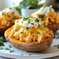To make Buffalo Chicken Stuffed Sweet Potatoes, you need a few simple ingredients. Here’s the list: - 4 medium sweet potatoes - 2 cups cooked chicken, shredded - 1/2 cup buffalo sauce - 1/2 cup Greek yogurt - 1 cup shredded cheddar cheese - 1/4 cup green onions, sliced - 1/2 cup celery, diced - Salt and pepper to taste - Optional: fresh parsley for garnish These ingredients create a tasty and filling dish. The sweet potatoes bring a natural sweetness that balances the spicy buffalo chicken. The Greek yogurt adds creaminess while keeping it light. Shredded cheddar on top melts into a gooey delight. Fresh green onions and celery add crunch and freshness. You can adjust the heat level with the buffalo sauce. If you like it spicy, add more sauce. If you prefer it mild, use less. This dish is great for a quick meal or a fun dinner party. Enjoy each bite of this savory delight! {{ingredient_image_1}} - Preheat oven to 400°F (200°C). - Scrub the sweet potatoes under cold water. - Pat them dry with a towel. - Prick the skins with a fork to let steam escape. - Place sweet potatoes on a baking sheet lined with parchment. - Bake for 45 minutes to 1 hour, until tender when pierced. - In a bowl, combine the shredded chicken and buffalo sauce. - Mix until the chicken is well coated in sauce. - Once the sweet potatoes are done, let them cool slightly. - Carefully slice each sweet potato in half lengthwise. - Scoop out some of the flesh, leaving enough for structure. - In a clean bowl, mix the scooped sweet potato flesh with Greek yogurt. - Add half of the shredded cheddar cheese, diced celery, and green onions. - Season the mixture with salt and pepper. - Fold the buffalo chicken mixture into the sweet potato filling. - Spoon this mixture back into the hollowed-out sweet potatoes. - Top with the remaining cheddar cheese. - Return the stuffed sweet potatoes to the oven. - Bake for an additional 10-15 minutes, until the cheese melts and bubbles. - Remove from the oven and let cool for a few minutes. - Garnish with extra green onions and fresh parsley if desired. To avoid soggy sweet potatoes, make sure to poke holes in the skins. This allows steam to escape while baking. Bake at 400°F (200°C) until tender, about 45 minutes to 1 hour. Letting them cool slightly helps too. If you scoop too much flesh, the skins may collapse. Adjusting spice level with buffalo sauce is simple. Start with a small amount, then taste. You can always add more if you want extra heat. For a milder option, mix in Greek yogurt. It adds creaminess while cooling the spice. For sides, pair these stuffed sweet potatoes with a fresh salad. A crunchy coleslaw or a simple green salad work well. They balance the dish and add freshness. For garnishes, sliced green onions and fresh parsley brighten the plate. You can also add extra buffalo sauce on top for those who love spice. These little touches make your dish look and taste even better. Pro Tips Choose the Right Sweet Potatoes: Look for firm, unblemished sweet potatoes for the best flavor and texture. Customize Your Heat Level: Adjust the amount of buffalo sauce according to your spice preference for a milder or hotter dish. Add Extra Veggies: Feel free to mix in additional vegetables like bell peppers or spinach for extra nutrition and flavor. Perfect Cheese Melt: For an extra gooey topping, broil the stuffed sweet potatoes for the last minute of baking. {{image_2}} You can easily change the buffalo sauce if you want a different taste. Try using barbecue sauce for a sweeter flavor. Hot sauce can also add more heat if you prefer it spicy. For cheese, cheddar is great, but you can use pepper jack for a kick. You can also try mozzarella for a milder taste. To make the dish lighter, swap Greek yogurt for non-fat yogurt. This keeps the creaminess but cuts calories. If you want a vegetarian option, use black beans or chickpeas instead of chicken. You can also mix in some sautéed veggies like bell peppers or spinach for added nutrients. These swaps keep the dish tasty and healthy. To keep your buffalo chicken stuffed sweet potatoes fresh, store leftovers in an airtight container. Place them in the fridge for up to four days. When you reheat, use the oven for the best texture. Set your oven to 350°F (175°C). Heat for about 15-20 minutes, until warm. Yes, you can freeze stuffed sweet potatoes. After baking, let them cool completely. Wrap each potato tightly in plastic wrap and then foil. They can last in the freezer for three months. To thaw, move them to the fridge overnight. Reheat in the oven at 350°F (175°C) for about 30-40 minutes. This keeps them nice and soft. How do I make buffalo chicken stuffed sweet potatoes spicy? You can add more buffalo sauce to the chicken mix. If you like heat, try using hot sauce or a spicy pepper mix. You can also add diced jalapeños for extra kick. Can I use canned chicken instead of cooked shredded chicken? Yes, you can use canned chicken. Drain it well before mixing with the buffalo sauce. Canned chicken makes this dish quicker and still tasty. What can I substitute for Greek yogurt? If you don’t have Greek yogurt, try sour cream or plain yogurt. For a dairy-free option, use cashew cream or silken tofu. These will still keep your filling creamy. How long do buffalo chicken stuffed sweet potatoes last in the fridge? These stuffed sweet potatoes last about 3-4 days in the fridge. Make sure to store them in an airtight container to maintain freshness. Can I prepare these sweet potatoes ahead of time? Yes, you can prepare them a day in advance. Bake the sweet potatoes and mix the filling. Just assemble and bake again when you're ready to serve. Buffalo chicken stuffed sweet potatoes combine flavors and nutrition in each bite. You learned about the right ingredients, preparation steps, and tips for perfecting this dish. I also shared variations and storage info to stretch meals. This recipe is easy and fun, making it great for any meal. Experiment with ingredients and enjoy creating your unique version. With these steps, you can make a tasty treat that everyone loves.