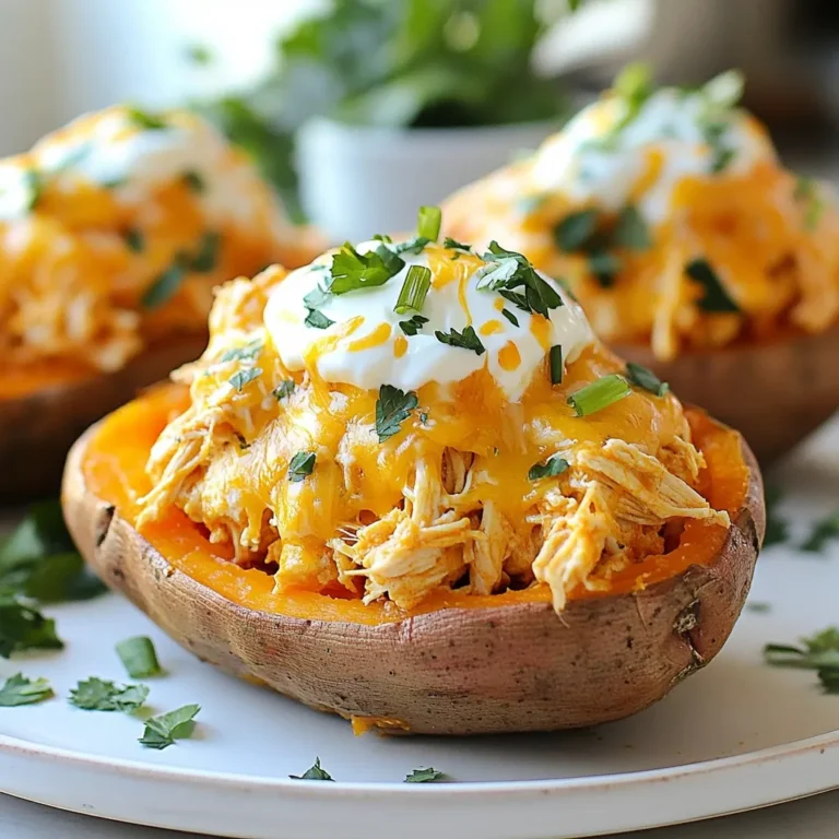 To make Buffalo Chicken Stuffed Sweet Potatoes, you need a few simple ingredients. Here’s the list: - 4 medium sweet potatoes - 2 cups cooked chicken, shredded - 1/2 cup buffalo sauce - 1/2 cup Greek yogurt - 1 cup shredded cheddar cheese - 1/4 cup green onions, sliced - 1/2 cup celery, diced - Salt and pepper to taste - Optional: fresh parsley for garnish These ingredients create a tasty and filling dish. The sweet potatoes bring a natural sweetness that balances the spicy buffalo chicken. The Greek yogurt adds creaminess while keeping it light. Shredded cheddar on top melts into a gooey delight. Fresh green onions and celery add crunch and freshness. You can adjust the heat level with the buffalo sauce. If you like it spicy, add more sauce. If you prefer it mild, use less. This dish is great for a quick meal or a fun dinner party. Enjoy each bite of this savory delight! {{ingredient_image_1}} - Preheat oven to 400°F (200°C). - Scrub the sweet potatoes under cold water. - Pat them dry with a towel. - Prick the skins with a fork to let steam escape. - Place sweet potatoes on a baking sheet lined with parchment. - Bake for 45 minutes to 1 hour, until tender when pierced. - In a bowl, combine the shredded chicken and buffalo sauce. - Mix until the chicken is well coated in sauce. - Once the sweet potatoes are done, let them cool slightly. - Carefully slice each sweet potato in half lengthwise. - Scoop out some of the flesh, leaving enough for structure. - In a clean bowl, mix the scooped sweet potato flesh with Greek yogurt. - Add half of the shredded cheddar cheese, diced celery, and green onions. - Season the mixture with salt and pepper. - Fold the buffalo chicken mixture into the sweet potato filling. - Spoon this mixture back into the hollowed-out sweet potatoes. - Top with the remaining cheddar cheese. - Return the stuffed sweet potatoes to the oven. - Bake for an additional 10-15 minutes, until the cheese melts and bubbles. - Remove from the oven and let cool for a few minutes. - Garnish with extra green onions and fresh parsley if desired. To avoid soggy sweet potatoes, make sure to poke holes in the skins. This allows steam to escape while baking. Bake at 400°F (200°C) until tender, about 45 minutes to 1 hour. Letting them cool slightly helps too. If you scoop too much flesh, the skins may collapse. Adjusting spice level with buffalo sauce is simple. Start with a small amount, then taste. You can always add more if you want extra heat. For a milder option, mix in Greek yogurt. It adds creaminess while cooling the spice. For sides, pair these stuffed sweet potatoes with a fresh salad. A crunchy coleslaw or a simple green salad work well. They balance the dish and add freshness. For garnishes, sliced green onions and fresh parsley brighten the plate. You can also add extra buffalo sauce on top for those who love spice. These little touches make your dish look and taste even better. Pro Tips Choose the Right Sweet Potatoes: Look for firm, unblemished sweet potatoes for the best flavor and texture. Customize Your Heat Level: Adjust the amount of buffalo sauce according to your spice preference for a milder or hotter dish. Add Extra Veggies: Feel free to mix in additional vegetables like bell peppers or spinach for extra nutrition and flavor. Perfect Cheese Melt: For an extra gooey topping, broil the stuffed sweet potatoes for the last minute of baking. {{image_2}} You can easily change the buffalo sauce if you want a different taste. Try using barbecue sauce for a sweeter flavor. Hot sauce can also add more heat if you prefer it spicy. For cheese, cheddar is great, but you can use pepper jack for a kick. You can also try mozzarella for a milder taste. To make the dish lighter, swap Greek yogurt for non-fat yogurt. This keeps the creaminess but cuts calories. If you want a vegetarian option, use black beans or chickpeas instead of chicken. You can also mix in some sautéed veggies like bell peppers or spinach for added nutrients. These swaps keep the dish tasty and healthy. To keep your buffalo chicken stuffed sweet potatoes fresh, store leftovers in an airtight container. Place them in the fridge for up to four days. When you reheat, use the oven for the best texture. Set your oven to 350°F (175°C). Heat for about 15-20 minutes, until warm. Yes, you can freeze stuffed sweet potatoes. After baking, let them cool completely. Wrap each potato tightly in plastic wrap and then foil. They can last in the freezer for three months. To thaw, move them to the fridge overnight. Reheat in the oven at 350°F (175°C) for about 30-40 minutes. This keeps them nice and soft. How do I make buffalo chicken stuffed sweet potatoes spicy? You can add more buffalo sauce to the chicken mix. If you like heat, try using hot sauce or a spicy pepper mix. You can also add diced jalapeños for extra kick. Can I use canned chicken instead of cooked shredded chicken? Yes, you can use canned chicken. Drain it well before mixing with the buffalo sauce. Canned chicken makes this dish quicker and still tasty. What can I substitute for Greek yogurt? If you don’t have Greek yogurt, try sour cream or plain yogurt. For a dairy-free option, use cashew cream or silken tofu. These will still keep your filling creamy. How long do buffalo chicken stuffed sweet potatoes last in the fridge? These stuffed sweet potatoes last about 3-4 days in the fridge. Make sure to store them in an airtight container to maintain freshness. Can I prepare these sweet potatoes ahead of time? Yes, you can prepare them a day in advance. Bake the sweet potatoes and mix the filling. Just assemble and bake again when you're ready to serve. Buffalo chicken stuffed sweet potatoes combine flavors and nutrition in each bite. You learned about the right ingredients, preparation steps, and tips for perfecting this dish. I also shared variations and storage info to stretch meals. This recipe is easy and fun, making it great for any meal. Experiment with ingredients and enjoy creating your unique version. With these steps, you can make a tasty treat that everyone loves.