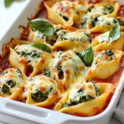 To make delicious spinach ricotta stuffed shells, gather the following ingredients: - 20 jumbo pasta shells - 2 cups fresh spinach, chopped - 1 cup ricotta cheese - 1 cup shredded mozzarella cheese, plus ½ cup for topping - ¼ cup grated Parmesan cheese - 1 egg, lightly beaten - 2 cloves garlic, minced - 1 teaspoon Italian seasoning - Salt and pepper to taste - 2 cups marinara sauce (store-bought or homemade) - Fresh basil leaves for garnish (optional) Each ingredient plays a key role in the flavor and texture of the dish. The jumbo pasta shells serve as a perfect pocket for the creamy spinach and cheese filling. Fresh spinach adds vibrancy and nutrients. Ricotta cheese provides a rich base, while mozzarella and Parmesan bring that lovely cheesy goodness. The egg helps bind everything together, giving the filling a smooth texture. Garlic and Italian seasoning enhance the overall flavor. Marinara sauce adds moisture and zest. Feel free to customize the ingredients based on what you have on hand. For example, you can use different kinds of cheese or add herbs you enjoy. Always choose fresh ingredients when possible for the best results. {{ingredient_image_1}} 1. Preheat the oven: Start by setting your oven to 375°F (190°C). This will help the shells bake evenly. 2. Cook the pasta shells: Boil a pot of water and cook 20 jumbo pasta shells until they are al dente. This usually takes around 10-12 minutes. Once done, drain them and set aside to cool slightly. 3. Sauté garlic and spinach: In a large skillet, heat a bit of oil over medium heat. Add 2 cloves of minced garlic and sauté for about 1 minute, until fragrant. Next, add 2 cups of chopped spinach and cook until it wilts, which takes about 2-3 minutes. Remove from the heat and let it cool slightly. 1. Combine cheese mixture: In a large mixing bowl, combine 1 cup of ricotta cheese, 1 cup of shredded mozzarella cheese, and ¼ cup of grated Parmesan cheese. Add 1 lightly beaten egg, 1 teaspoon of Italian seasoning, and a pinch of salt and pepper. Mix until smooth. 2. Fold in spinach: Once the spinach has cooled, stir it gently into the cheese mixture until it is evenly combined. 3. Stuff the pasta shells: Take each cooled pasta shell and fill it with about 2 tablespoons of the spinach and cheese mixture. Place each stuffed shell in a 9x13 inch baking dish, open side up. 1. Layer marinara sauce in the baking dish: Spread 1 cup of marinara sauce on the bottom of your baking dish. This keeps the shells moist while baking. 2. Arrange stuffed shells: Carefully place the stuffed shells in the dish, making sure they are close but not touching. 3. Bake and serve: Pour the remaining marinara sauce over the stuffed shells. Top them with an extra ½ cup of mozzarella cheese. Cover the dish with aluminum foil and bake for 20 minutes. Remove the foil and bake for another 10-15 minutes, until the cheese is bubbly and golden. Let them cool for a few minutes before serving. To make great stuffed shells, follow these easy tips. First, cook the pasta shells until they are al dente. If they are too soft, they will break when you stuff them. Check the package for cooking time. Next, always choose fresh spinach when you can. Fresh spinach tastes better and has a nice texture. If you use frozen spinach, make sure to squeeze out the water after cooking. This keeps your filling from becoming soggy. You can mix it up with different cheeses. For a richer flavor, try using goat cheese or feta instead of ricotta. A blend of mozzarella and provolone adds a nice twist, too. If you want a dairy-free option, use cashew cheese or tofu. Blend them with a bit of lemon juice and nutritional yeast. This gives a cheesy taste without the dairy. Garnishing makes your dish look special. Fresh basil leaves on top add color and flavor. A light drizzle of olive oil gives a shiny finish and enhances taste. For serving, place the stuffed shells on a large platter. This allows everyone to enjoy the view. Pair your dish with a simple side salad for a balanced meal. Pro Tips Use Fresh Spinach: Fresh spinach will provide a vibrant flavor and better texture compared to frozen spinach. Cheese Variations: Feel free to mix in other cheeses like feta or goat cheese for a different flavor profile. Make Ahead: Assemble the shells ahead of time and refrigerate, then bake just before serving for easy meal prep. Serve with a Salad: A fresh side salad pairs perfectly with these stuffed shells for a complete meal. {{image_2}} You can create fun twists with add-ins. Adding cooked meat like chicken or sausage gives a hearty touch. Just chop the meat into small pieces and mix it into the cheese filling. You can also add vegetables like mushrooms or bell peppers. Sauté them with the spinach for extra flavor and texture. This makes each bite more exciting and personal. Sauce choice can change the whole dish. You can use homemade marinara for a fresh taste. It’s easy to make with tomatoes, garlic, and herbs. Store-bought marinara is also great for quick meals. If you want something creamy, try a white sauce. A rich alfredo can add a nice twist. Experiment with sauces to find your favorite. Dietary needs are important to consider. For gluten-free options, use gluten-free pasta shells. They cook just as well and taste great. If you're looking for vegan versions, swap the ricotta for a plant-based cheese. You can use tofu blended with lemon juice and nutritional yeast. This makes a tasty alternative that keeps the dish flavorful. Adjust the recipe to fit your lifestyle and enjoy! To keep your leftover stuffed shells fresh, follow these steps: - Refrigeration tips: Place the shells in an airtight container. They will last in the fridge for about 3-5 days. Make sure the shells are cool before sealing to avoid moisture buildup. - Freezing guidelines: For longer storage, you can freeze the stuffed shells. Use a freezer-safe container or wrap them tightly in plastic wrap, then foil. They can stay frozen for up to 3 months. When ready to eat, thaw in the fridge overnight before reheating. For the best taste and texture when reheating, consider these methods: - Best methods for reheating: The oven works great for reheating stuffed shells. Preheat your oven to 350°F (175°C). Place the shells in a baking dish, cover with foil, and heat for about 20-25 minutes until warm. You can also use a microwave if you're short on time. Heat in 30-second intervals until hot. - Avoiding sogginess in reheated shells: To keep the shells from getting soggy, do not add extra sauce before reheating. You can serve additional sauce on the side if desired. This keeps the shells firm and tasty. Stuffed shells last about 3 to 5 days in the fridge. Keep them in an airtight container. This helps keep them fresh. Yes, you can prepare them ahead of time. Just stuff the shells and layer them in the dish. Cover with foil and store in the fridge. To make the dish ahead, cook the pasta and prepare the filling. Stuff the shells and add the sauce. Store in the fridge until you are ready to bake them. Absolutely! You can use cottage cheese instead of ricotta. You can also swap mozzarella for provolone. Feel free to use different herbs for flavor. Stuffed shells go great with a side salad or garlic bread. You can also serve them with steamed veggies for a complete meal. Enjoy! This post showed how to make tasty stuffed pasta shells. You learned the key ingredients and steps. We discussed tips for the best results, variations to try, and how to store leftovers. Stuffed shells are fun to prepare and enjoy. You can customize them to fit your taste. Use this recipe as a starting point, and let your creativity shine in the kitchen!