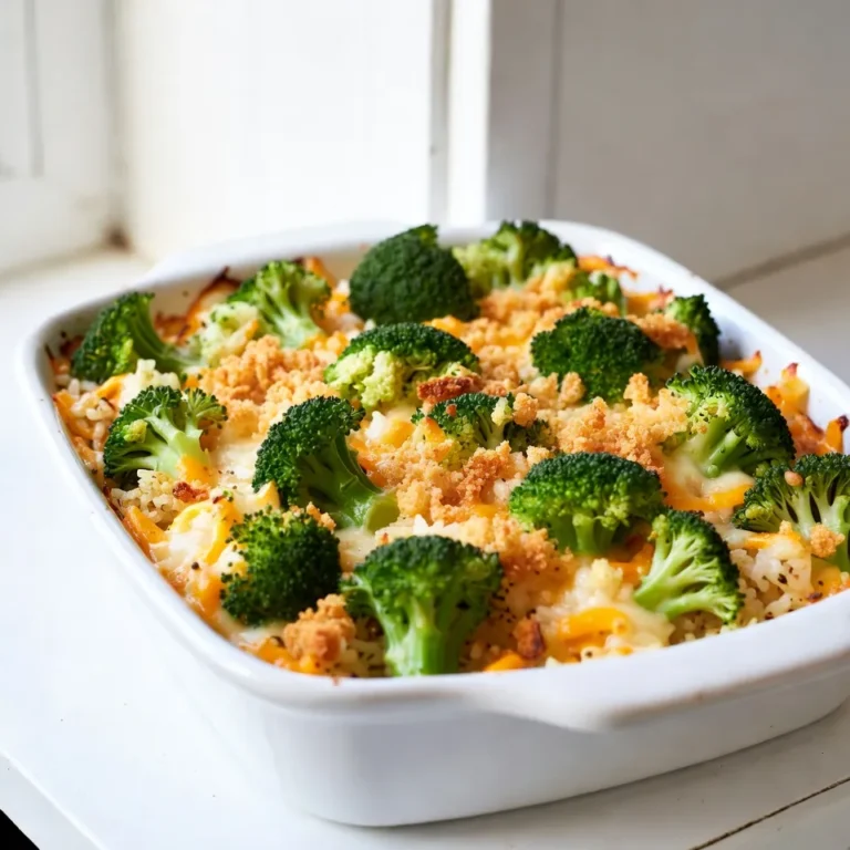 To make Cheesy Broccoli Rice Casserole, gather these simple ingredients: - 2 cups cooked rice (white or brown) - 1 large head of broccoli, chopped into small florets - 1 cup shredded cheddar cheese - 1 cup cream of mushroom soup (or homemade) - 1/2 cup milk - 1/2 cup onion, finely chopped - 1/2 teaspoon garlic powder - 1/2 teaspoon black pepper - 1/4 teaspoon salt - 1/2 cup crispy breadcrumbs (optional for topping) - 2 tablespoons olive oil or butter for sautéing Each ingredient plays a key role. The rice serves as the base, giving the dish its hearty feel. Broccoli adds color and nutrition. Cheddar cheese brings that gooey, cheesy goodness. Cream of mushroom soup adds richness and flavor. Milk keeps the mixture moist. Onions and garlic powder enhance the taste, while black pepper and salt round it out. Finally, crispy breadcrumbs offer a nice crunch on top. You can swap the rice for brown rice for a healthier option. Also, feel free to use different cheeses to suit your taste. Using homemade cream of mushroom soup can elevate the dish even more. Let your creativity shine when choosing ingredients! {{ingredient_image_1}} - Preheating the Oven Start by preheating your oven to 350°F (175°C). This step is key for even cooking. - Sautéing Onions and Broccoli In a large skillet, heat 2 tablespoons of olive oil or butter over medium heat. Add 1/2 cup of finely chopped onion. Cook for 3-4 minutes until the onion is soft and clear. Next, add 1 large head of chopped broccoli florets to the skillet. Stir and cook for about 5 minutes, until the broccoli starts to soften. This adds great flavor. - Preparing the Casserole Mixture In a big bowl, combine 2 cups of cooked rice, the sautéed onion and broccoli, and 1 cup of shredded cheddar cheese. Then, mix in 1 cup of cream of mushroom soup and 1/2 cup of milk. Add 1/2 teaspoon of garlic powder, 1/2 teaspoon of black pepper, and 1/4 teaspoon of salt. Stir well until everything is mixed together. - Transferring to Baking Dish Take your mixture and pour it into a greased 9x13 inch baking dish. Spread it evenly across the dish. If you like, sprinkle 1/2 cup of crispy breadcrumbs on top for extra crunch. - Covering and Baking Cover the baking dish with aluminum foil. Place it in the preheated oven and bake for 25 minutes. This helps the flavors meld. - Final Baking Step After 25 minutes, carefully remove the foil. Bake for an additional 10-15 minutes. Look for bubbling edges and a golden brown top to know it's ready. Once done, let it cool for a few minutes before serving. - Choosing the Right Rice Use cooked white or brown rice for this dish. Brown rice adds a nutty flavor and extra fiber. White rice cooks faster and has a softer texture. Both work well, so pick what you like best. - Ensuring Even Cooking Make sure to chop your broccoli into small, even pieces. This helps it cook evenly with the rice. Stir the mixture well before baking. This way, all flavors blend together nicely. - Adding Extra Flavor Variations Want to spice it up? Try adding cooked chicken or mushrooms to the mix. A dash of hot sauce adds heat. You can also mix in herbs like thyme or parsley for a fresh touch. - Pairing with Main Dishes This casserole pairs well with grilled chicken or baked fish. It also works great as a side for meatloaf or pork chops. The creaminess of the casserole complements savory meats well. - Best Sides for the Casserole Serve it with a simple salad or some roasted veggies. A fresh green salad adds crunch and lightness. You could also serve garlic bread on the side for a fun twist. - Presentation Tips Serve your casserole in a nice dish to impress. Top it with fresh herbs or a sprinkle of extra cheese. This makes the dish look appealing and adds a touch of color. Pro Tips Use Fresh Broccoli: Fresh broccoli gives the best flavor and texture. If using frozen, make sure to thaw and drain excess water to avoid a watery casserole. Experiment with Cheese: While cheddar is classic, try mixing in different cheeses like mozzarella or gouda for a unique taste. Make it Vegetarian: Swap the cream of mushroom soup for a homemade version made from vegetable broth and cream for a completely vegetarian dish. Store Leftovers Properly: Keep leftovers in an airtight container in the fridge for up to 3 days. Reheat in the oven for best results, adding a splash of milk if it seems dry. {{image_2}} Alternatives to Cheddar Cheese If you want to swap cheddar cheese, try these options: - Monterey Jack gives a creamy taste. - Gouda adds a smoky flavor. - Vegan cheese works well for dairy-free needs. Different Vegetables to Add You can customize your casserole with other veggies. Consider these: - Cauliflower for added crunch. - Spinach for a pop of green. - Carrots for sweet bites. Homemade Cream of Mushroom Soup Recipe Making your own soup is easy. Here’s a quick recipe: - Sauté 1 cup of chopped mushrooms in 2 tablespoons of butter until soft. - Add 1/4 cup of flour and stir well. - Pour in 1 cup of vegetable broth and cook until thick. - Season with salt and pepper to taste. Gluten-Free Option To make this dish gluten-free, use these substitutes: - Replace regular soup with gluten-free cream of mushroom soup. - Ensure your breadcrumbs are gluten-free or skip them. Vegan Variations For a vegan twist, follow these tips: - Use brown rice and vegetable broth. - Replace cheese with vegan cheese or nutritional yeast. - Substitute cream of mushroom soup with a vegan version. To keep your Cheesy Broccoli Rice Casserole fresh, follow these tips: - Refrigeration Guidelines: Store leftovers in an airtight container. It lasts up to 4 days in the fridge. Cool the casserole to room temperature before sealing it. This helps avoid sogginess. - Freezing Instructions: For longer storage, freeze the casserole. Place it in a freezer-safe dish. Wrap it tightly in plastic wrap and then foil. It can last up to 3 months in the freezer. To reheat, let it thaw overnight in the fridge. Reheating your casserole can keep it tasty and warm. Here are the best methods: - Best Methods for Reheating: Use an oven or microwave. The oven gives the best results. Preheat the oven to 350°F (175°C). Place the casserole in a baking dish and cover with foil. This keeps it moist. - Time and Temperature Recommendations: Heat in the oven for about 20 minutes. For the microwave, heat on high for 3-5 minutes. Stir halfway through to ensure even heating. Check that it’s hot all the way through before serving. How to Make Cheesy Broccoli Rice Casserole from Scratch? To make this casserole, start with cooked rice. You can use white or brown. Sauté chopped onions and broccoli in olive oil until soft. Mix the rice, vegetables, shredded cheddar, cream of mushroom soup, milk, garlic powder, black pepper, and salt in a bowl. Spread the mix in a greased baking dish. If you want, top it with crispy breadcrumbs. Bake at 350°F for 25 minutes covered. Then, uncover and bake for 10-15 more minutes. Can I Use Frozen Broccoli for This Recipe? Yes, you can use frozen broccoli. Just make sure to thaw and drain it first. This helps avoid extra water in your casserole. Frozen broccoli will still taste great and save prep time. How Long Does the Casserole Last in the Fridge? Your casserole can last in the fridge for about 3-4 days. Store it in an airtight container. This way, it stays fresh and tasty for later meals. What Other Cheeses Work Well in This Casserole? You can try different cheeses like mozzarella or Monterey Jack. Each cheese adds its own flavor. Mixing cheeses can create a rich and creamy texture. Can I Prepare the Casserole Ahead of Time? Yes, you can prepare this casserole ahead of time. Assemble it and cover it tightly. Store it in the fridge for up to 24 hours before baking. Just add a few extra minutes to the baking time if it's cold from the fridge. This blog post explained the key ingredients and steps for making a cheesy broccoli rice casserole. You learned how to prepare and bake it, plus helpful tips for great flavor and texture. I also shared variations to fit different diets and preferences. Remember, this casserole is not just delicious; it’s flexible and easy to make. With simple ingredients, you can create a dish that your family will love. Now, it's time to get cooking and enjoy!
