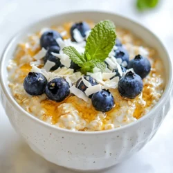 - 1 cup rolled oats - 1 cup coconut milk (canned or carton) - 1/2 cup Greek yogurt (coconut-flavored or plain) - 1/2 cup fresh blueberries (plus extra for topping) - 2 tablespoons shredded coconut (unsweetened) - 1 tablespoon chia seeds - 1 tablespoon honey or maple syrup (optional, for sweetness) - A pinch of salt - Fresh mint leaves for garnish (optional) If you want to mix things up, you can swap some ingredients. For the rolled oats, you can use quick oats or steel-cut oats. Just remember, each type has a different texture. If you need a dairy-free option, use almond milk or oat milk instead of coconut milk. For the yogurt, try almond or soy yogurt for a vegan choice. You can also skip the sweetener if you like it less sweet. If you don’t have fresh blueberries, frozen ones work too. Just add them straight in without thawing. This recipe has many health perks. Rolled oats are great for fiber, which helps digestion. They keep you full longer, too. Coconut milk adds healthy fats that support heart health. Greek yogurt gives you protein for strength and energy. Blueberries are full of antioxidants that fight free radicals. Chia seeds are tiny but mighty, packed with omega-3s and fiber. Shredded coconut adds a nice texture and flavor, while honey or maple syrup can give a quick energy boost. Overall, these ingredients make a tasty and healthy meal option. {{ingredient_image_1}} To start, gather your ingredients. You need 1 cup of rolled oats, 1 cup of coconut milk, and 1/2 cup of Greek yogurt. If you like sweet oats, grab some honey or maple syrup. Let’s make this simple! 1. In a mixing bowl, add the rolled oats, coconut milk, Greek yogurt, chia seeds, and a pinch of salt. 2. Stir well until everything is mixed together nicely. 3. Now, gently fold in the fresh blueberries and shredded coconut. Be careful not to smash the berries! 4. If you want your oats sweeter, add the honey or maple syrup. Mix it in again. 5. Divide the mixture into two mason jars or airtight containers. Seal them tightly. 6. Place the jars in the fridge overnight. This helps the oats soak up the liquid. 7. In the morning, stir the oats. If they feel too thick, add a splash of coconut milk. 8. Top with extra blueberries, shredded coconut, and fresh mint for a nice look. Mixing is key for great overnight oats. Here are some tips: - Make sure your oats and liquids are mixed well. This ensures even flavor and texture. - When folding in blueberries, do it gently. You want them whole for bursts of flavor. - Layering can be fun! Try adding some blueberries or coconut in the middle for a surprise. - Use clear jars to show off those pretty layers. It makes breakfast more inviting! Avoid these common mistakes for the best results: - Don’t skip the soaking time. Oats need time to absorb the liquid. - Be careful with the salt. A pinch goes a long way! Too much can make it taste off. - Don’t crush the blueberries too hard. You want the flavor without mushy bits. - Remember to taste your mixture before you seal it. Adjust sweetness as needed! To make the best blueberry coconut overnight oats, start with quality ingredients. Use rolled oats for a creamy texture. I like to use canned coconut milk for a rich flavor. Mixing Greek yogurt adds protein and creaminess. Don’t forget fresh blueberries; they give a burst of flavor. Gently fold them in to keep them whole. If you want a sweeter taste, add honey or maple syrup. Store any leftover oats in airtight containers. Mason jars work great for this. Keep them in the fridge for up to three days. This way, your oats stay fresh and tasty. Before serving, stir them well. If they seem thick, add a splash of coconut milk. This keeps the texture smooth and enjoyable. You can easily adjust the sweetness and texture of your oats. Taste the mixture before it chills. If it needs sweetness, add more honey or syrup. For a creamier texture, mix in extra yogurt or coconut milk. Experiment to find your perfect balance. Remember, everyone’s taste is different, so make it yours! Pro Tips Use Old-Fashioned Rolled Oats: They absorb liquid well and provide the perfect texture for overnight oats, unlike instant oats, which can become mushy. Add a Flavor Boost: Consider adding a dash of vanilla extract or cinnamon for an extra layer of flavor that pairs beautifully with blueberries and coconut. Customize Your Sweetness: Adjust the sweetness to your liking by starting with less honey or maple syrup, then adding more after tasting in the morning. Meal Prep for the Week: Make a larger batch and store it in the fridge for up to 5 days. Just stir well and add your toppings before serving. {{image_2}} You can switch up the fruit in your overnight oats. Try strawberries, raspberries, or bananas. Each fruit adds its own taste. For a tropical twist, use mango or pineapple. You can also mix fruits for fun flavors. This makes every bite exciting and fresh. To make your oats dairy-free, you can skip the Greek yogurt. Instead, use a plant-based yogurt. Almond or soy yogurt works well. Use coconut milk to keep that creamy texture. You can also replace honey with maple syrup for sweetness. This makes the recipe vegan and just as tasty. Make your oats even healthier by adding superfoods. Chia seeds are already in the recipe. You can add flaxseeds for extra fiber. Try adding a tablespoon of nut butter for protein. You can also toss in some nuts or seeds for crunch. These additions boost nutrition and flavor. Store your blueberry coconut overnight oats in airtight containers. Glass mason jars work great. Always keep them in the fridge to stay fresh. Make sure to seal them tightly. This helps keep the flavors and texture just right. Avoid leaving them out at room temperature. You can keep your overnight oats in the fridge for up to five days. After that, they may lose flavor and texture. It's best to eat them within three days for the best taste. Always check for any signs of spoilage before eating. You can enjoy your overnight oats cold right from the fridge. Many people love the creamy texture this way. If you prefer them warm, you can heat them in the microwave. Just warm them for 30 seconds, then stir. Add a splash of coconut milk if they seem too thick. The best type of oats for this recipe is rolled oats. Rolled oats absorb liquid well. They stay soft and creamy after soaking overnight. Avoid instant oats; they can turn mushy. Yes, you can prepare overnight oats in advance. Make them a few days ahead. Store them in airtight containers in the fridge. This makes busy mornings easier. You can customize your oats in many ways. Add different fruits like bananas or strawberries. Change the yogurt flavor or use nut milk. Mix in nuts or seeds for crunch. Yes, overnight oats are healthy. They are high in fiber and protein. Oats keep you full longer and help with digestion. Adding fruit and yogurt boosts nutrition even more. Yes, you can use frozen blueberries. They work well in overnight oats. Just add them straight from the freezer. They will thaw overnight and add great flavor. Blueberry coconut overnight oats are easy to make and pack with nutrition. You can use simple substitutes if needed and enjoy various tasty twists. Proper storage and preparation tips help you get the best results. Remember, you can customize sweetness and flavors to fit your taste. In the end, overnight oats are a fun and healthy choice. Try the recipes and variations, and enjoy a quick breakfast every day.