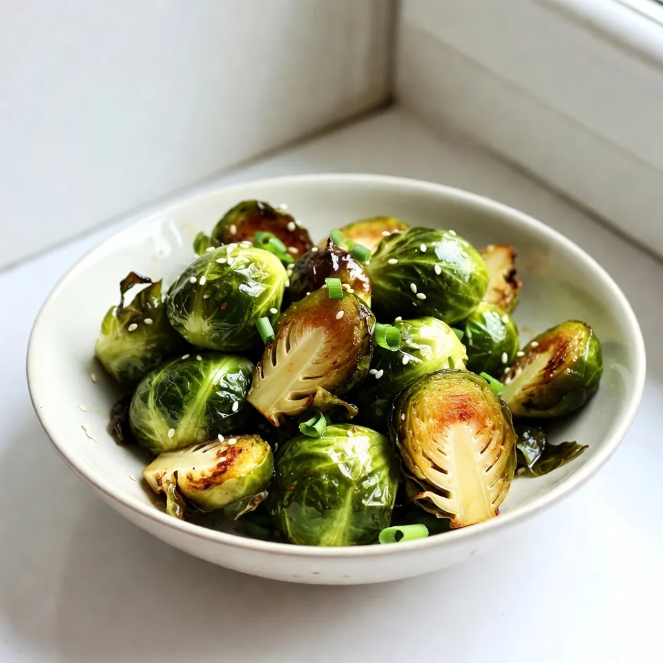 To make Sriracha honey glazed Brussels sprouts, you need these basic ingredients: - 1 lb Brussels sprouts, halved - 3 tablespoons olive oil - 2 tablespoons honey - 1-2 tablespoons Sriracha (adjust for spice level) - 1 teaspoon garlic powder - 1/2 teaspoon salt - 1/4 teaspoon black pepper - 2 tablespoons sesame seeds (optional) - 2 green onions, chopped (for garnish) You can add a few extra ingredients to boost flavor. Consider using: - Crushed red pepper flakes for more heat - Lemon juice for a fresh zing - Soy sauce for a savory twist - Bacon bits for extra crunch These choices can give your dish a unique touch. For the best results, choose fresh Brussels sprouts. Look for firm and bright green sprouts. Avoid those with yellow or wilted leaves. The smaller sprouts are often sweeter. They also cook evenly. If you can, buy organic sprouts. They tend to have better flavor. {{ingredient_image_1}} Start by washing the Brussels sprouts. Cut off the ends and slice them in half. This helps them cook evenly and get crispy. You should have about 1 pound of sprouts. Place them in a large mixing bowl. This is where the magic begins. In the same bowl, add 3 tablespoons of olive oil. Then, add 2 tablespoons of honey for sweetness. Next, pour in 1 to 2 tablespoons of Sriracha. This gives your sprouts that nice kick. Add 1 teaspoon of garlic powder, 1/2 teaspoon of salt, and 1/4 teaspoon of black pepper. Mix everything well. You want each sprout coated in that tasty sauce. Preheat your oven to 400°F (200°C). Spread the coated Brussels sprouts on a baking sheet lined with parchment paper. Make sure they are in a single layer. This helps them roast evenly. Roast them for 20 to 25 minutes. Toss them halfway through for even cooking. They should turn golden brown and tender. If you want, sprinkle 2 tablespoons of sesame seeds on top in the last 5 minutes. Finally, remove them from the oven and garnish with chopped green onions. Serve hot and enjoy your delicious side! To get the best glaze on your Brussels sprouts, use fresh vegetables. Look for bright green sprouts without blemishes. Halve them for even cooking and more surface area for the glaze. Coat them well with olive oil, honey, and Sriracha in a big bowl. Make sure every sprout gets covered. Spread them out on a baking sheet in a single layer. This way, they roast evenly and get that nice caramelized look. You can easily adjust the spice in your glaze. Start with one tablespoon of Sriracha for a milder taste. If you like it hot, add more, up to two tablespoons. Mix it in and taste. This lets you control the heat. Remember, you can always add more spice, but you can't take it out! Serve these Brussels sprouts as a side dish with grilled chicken or fish. They also pair well with rice or quinoa. For added crunch and flavor, sprinkle toasted sesame seeds on top. Garnish with chopped green onions right before serving. This adds color and freshness to your dish. Enjoy your tasty creation! Pro Tips Adjust Spice Level: Feel free to modify the amount of Sriracha to suit your taste. Start with 1 tablespoon for a milder flavor and increase as desired. Even Roasting: To ensure even cooking, make sure the Brussels sprouts are spaced out on the baking sheet. Overcrowding can lead to steaming instead of roasting. Storage Tips: Leftover Brussels sprouts can be stored in an airtight container in the refrigerator for up to 3 days. Reheat in the oven for the best texture. Garnish for Freshness: Adding green onions as a garnish not only enhances the visual appeal but also adds a fresh, crunchy texture that complements the dish. {{image_2}} You can swap honey for other sweeteners. Maple syrup gives a nice flavor. Agave nectar works well too. If you want a low-carb option, try erythritol or stevia. Each sweetener will change the taste slightly, so choose what you like best. You don’t have to stick to just Brussels sprouts. Broccoli or cauliflower add great texture. Carrots bring a sweet crunch. Just remember to cut them into similar sizes. This way, they cook evenly with the sprouts. To make this dish vegan, replace honey with maple syrup or agave. The flavor will remain sweet and tasty. This small change keeps the dish plant-based while still being delicious. To keep your leftover Sriracha honey glazed Brussels sprouts fresh, let them cool first. Place them in an airtight container. Store them in the fridge. They stay good for about 3 to 4 days. If you want to keep them longer, freezing is a great option. When you’re ready to enjoy them again, the best way to reheat is in the oven. Preheat your oven to 350°F (175°C). Spread the Brussels sprouts on a baking sheet. Heat for about 10-15 minutes, until they are warm and crisp again. This method helps to maintain their flavor and texture. You can also use a microwave, but they may become a bit soggy. Freezing Brussels sprouts works well if you want to save them longer. First, cool them completely. Then, place them in a freezer-safe bag or container. They can last for about 2-3 months in the freezer. To thaw, place them in the fridge overnight. Reheat them in the oven for the best taste. Yes, you can prepare the Brussels sprouts ahead. Toss them with the glaze and store them in the fridge. This keeps them fresh for up to 24 hours. When ready to cook, just spread them on a baking sheet and roast. This saves time and makes dinner easy. These Brussels sprouts pair well with many dishes. You can serve them with grilled chicken or salmon for protein. They also go great with rice or quinoa for a hearty meal. Try them alongside a fresh salad or roasted sweet potatoes, too. To tone down the heat, use less Sriracha. Start with just one tablespoon. You can also mix in more honey to balance the spice. Adding a dollop of yogurt or sour cream as a topping helps cool it down, too. This way, you enjoy the flavor without too much heat. In this blog post, I covered how to make Sriracha Honey Glazed Brussels Sprouts. We explored key ingredients, preparation steps, and cooking techniques to achieve a delicious glaze. I offered tips for perfect results and variations to try, including a vegan option. Proper storage and reheating ensure your leftovers taste great. Try this recipe to impress your family and friends. Enjoy a tasty dish that packs flavor!