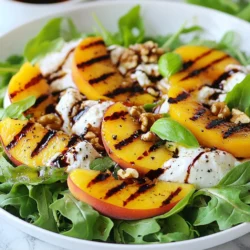 - 4 ripe peaches, halved and pitted - 8 ounces burrata cheese - 4 cups arugula or mixed greens - 1/4 cup toasted walnuts, roughly chopped - 1/4 cup balsamic reduction The main ingredients make this salad shine. Ripe peaches add a sweet, juicy flavor. Burrata cheese brings a creamy texture to each bite. Arugula or mixed greens give a fresh crunch. Toasted walnuts add a nice crunch and nutty taste. Balsamic reduction ties it all together with its tangy sweetness. - 2 tablespoons olive oil - Salt and pepper to taste - Fresh basil leaves for garnish In your pantry, you need olive oil, salt, and pepper. Olive oil helps to grill the peaches without sticking. Salt and pepper enhance the flavors of all the ingredients. Fresh basil leaves add a fragrant finish to the salad. - Grill - Tongs - Serving bowl To make this salad, you will need a grill. Tongs help you turn and remove the peaches safely. A serving bowl is essential to hold this beautiful salad. These tools make the process smooth and enjoyable. {{ingredient_image_1}} 1. Preheating the grill: Start by preheating your grill to medium-high heat. This step is crucial for getting those nice grill marks on the peaches. 2. Oiling peach halves: Next, take your ripe peaches and cut them in half. Remove the pits. Brush the cut sides lightly with olive oil. This helps to prevent sticking and adds flavor. 1. Placing peaches on the grill: Once the grill is hot, place the peach halves cut side down. This will give them a beautiful char and enhance their sweetness. 2. Timing for perfect grill marks: Grill the peaches for about 4-5 minutes. Keep an eye on them. You want nice grill marks and the peaches to soften slightly. 1. Layering greens in the serving bowl: In a large serving bowl, start by layering your arugula or mixed greens. This will be the base of your salad. 2. Arranging grilled peaches and burrata: After grilling, remove the peaches and let them cool a bit. Slice them into wedges and place them on top of the greens. Tear the burrata cheese into pieces and scatter it over the salad. Now you have a vibrant and tasty salad ready to enjoy! Grilling peaches can bring out their sweet flavor. Start by setting your grill to medium-high heat. This temp helps the peaches cook evenly. After preheating, brush the peach halves with olive oil. This step keeps them from sticking to the grill. Place them cut side down for about 4-5 minutes. Look for nice grill marks and a soft texture. If they stick, try using a non-stick spray next time. To keep peaches fresh, store them in a cool place. You can also refrigerate them in a paper bag. This method slows down ripening. For burrata, wrap it in plastic wrap or foil. Store it in the fridge. Use it within a few days for the best flavor. To boost flavor, consider adding more toppings. Crumbled feta cheese or fresh mint can add zest. You could also use honey or agave syrup for sweetness. If you want to switch up the balsamic reduction, try a honey mustard dressing. It gives a nice tang that pairs well with peaches. Experiment to find your favorite combo! Pro Tips Choose Ripe Peaches: Select peaches that are slightly soft to the touch for the best flavor and grill marks. Make the Balsamic Reduction: If you don’t have store-bought balsamic reduction, you can easily make your own by simmering balsamic vinegar until it thickens. Serve Immediately: This salad is best served fresh, so enjoy it right after assembling to appreciate the flavors and textures. Experiment with Nuts: If you don’t have walnuts, try using pecans or almonds for a different flavor profile. {{image_2}} You can change the greens in this salad. Try using spinach or kale instead of arugula. Both add a nice texture and flavor. Spinach is soft and mild. Kale is crunchy and hearty. Each option makes the salad unique. If you're looking for a vegan option, use vegan cheese. Many brands offer delicious dairy-free choices. You can also try feta cheese for a twist. Feta adds a salty kick that pairs well with sweet peaches. Not a fan of walnuts? You can use pecans or almonds instead. Pecans have a sweet, buttery flavor. Almonds add a nice crunch. Both options will enhance the salad's taste and texture. To keep your Grilled Peach Burrata Salad fresh, use an airtight container. Glass containers work best. They prevent moisture loss and keep flavors intact. If you use plastic, make sure it’s BPA-free. Always store the salad in the fridge right after serving. This helps keep your ingredients crisp. Grilled peaches taste best fresh, but you can reheat them. Use a skillet on low heat. This method warms the peaches without making them mushy. Avoid using the microwave, as it can ruin their texture. If you want to enjoy them cold, just pull them from the fridge. Leftover salad can last about 2 days in the fridge. After that, the greens may wilt, and the flavors decline. Grilled peaches can stay fresh for about 3 days if stored well. Always check for any off smells before enjoying leftovers. Yes, you can use canned peaches in this recipe. However, fresh peaches taste better. Canned peaches often have added sugar and syrup. This can make your salad sweeter than intended. If you use canned peaches, choose ones packed in juice, not syrup. Drain them well to avoid excess liquid. You may want to grill them briefly to enhance their flavor. To make this salad vegan, you can swap out the burrata cheese. Use a vegan cheese that melts well. Look for creamy options made from nuts or soy. For a rich flavor, consider using avocado slices. You can also skip the cheese entirely. Just add more nuts or seeds for a satisfying crunch. This keeps the salad tasty and filling. Balsamic reduction is a great choice for this salad. Its sweet and tangy flavor complements the peaches nicely. If you want something different, try a lemon vinaigrette. Mix olive oil, lemon juice, salt, and pepper for a fresh taste. You can also use a honey mustard dressing for a sweet kick. Experiment with different dressings to find your favorite! This Grilled Peach Burrata Salad offers fresh flavors with simple steps. You start with ripe peaches and creamy burrata, mixing in greens and nuts for crunch. Grilling the peaches gives them a smokey touch. Tips help you perfect the grilling and storing process. Experiment with different greens, cheeses, and nuts to make it your own. You'll enjoy this easy, tasty salad any time. Dive into your kitchen, and let your creativity shine!