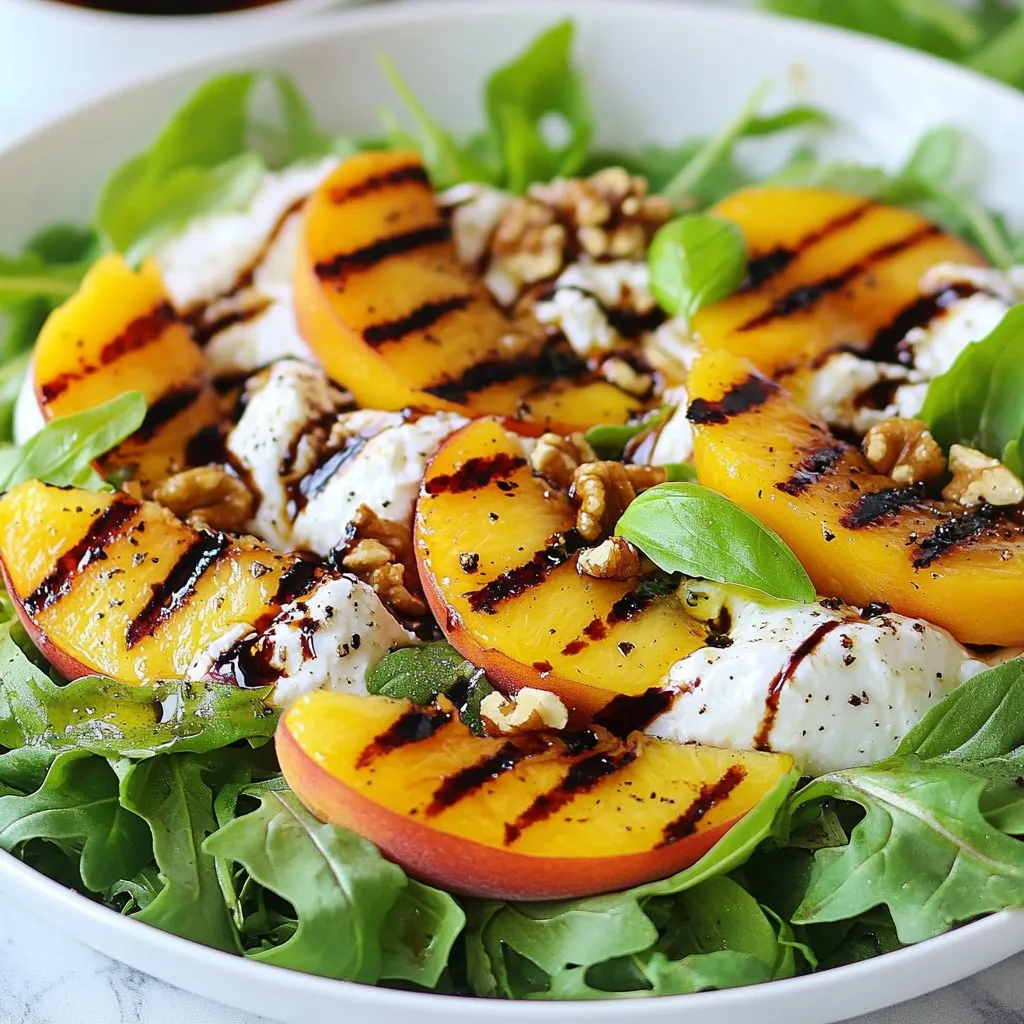 - 4 ripe peaches, halved and pitted - 8 ounces burrata cheese - 4 cups arugula or mixed greens - 1/4 cup toasted walnuts, roughly chopped - 1/4 cup balsamic reduction The main ingredients make this salad shine. Ripe peaches add a sweet, juicy flavor. Burrata cheese brings a creamy texture to each bite. Arugula or mixed greens give a fresh crunch. Toasted walnuts add a nice crunch and nutty taste. Balsamic reduction ties it all together with its tangy sweetness. - 2 tablespoons olive oil - Salt and pepper to taste - Fresh basil leaves for garnish In your pantry, you need olive oil, salt, and pepper. Olive oil helps to grill the peaches without sticking. Salt and pepper enhance the flavors of all the ingredients. Fresh basil leaves add a fragrant finish to the salad. - Grill - Tongs - Serving bowl To make this salad, you will need a grill. Tongs help you turn and remove the peaches safely. A serving bowl is essential to hold this beautiful salad. These tools make the process smooth and enjoyable. {{ingredient_image_1}} 1. Preheating the grill: Start by preheating your grill to medium-high heat. This step is crucial for getting those nice grill marks on the peaches. 2. Oiling peach halves: Next, take your ripe peaches and cut them in half. Remove the pits. Brush the cut sides lightly with olive oil. This helps to prevent sticking and adds flavor. 1. Placing peaches on the grill: Once the grill is hot, place the peach halves cut side down. This will give them a beautiful char and enhance their sweetness. 2. Timing for perfect grill marks: Grill the peaches for about 4-5 minutes. Keep an eye on them. You want nice grill marks and the peaches to soften slightly. 1. Layering greens in the serving bowl: In a large serving bowl, start by layering your arugula or mixed greens. This will be the base of your salad. 2. Arranging grilled peaches and burrata: After grilling, remove the peaches and let them cool a bit. Slice them into wedges and place them on top of the greens. Tear the burrata cheese into pieces and scatter it over the salad. Now you have a vibrant and tasty salad ready to enjoy! Grilling peaches can bring out their sweet flavor. Start by setting your grill to medium-high heat. This temp helps the peaches cook evenly. After preheating, brush the peach halves with olive oil. This step keeps them from sticking to the grill. Place them cut side down for about 4-5 minutes. Look for nice grill marks and a soft texture. If they stick, try using a non-stick spray next time. To keep peaches fresh, store them in a cool place. You can also refrigerate them in a paper bag. This method slows down ripening. For burrata, wrap it in plastic wrap or foil. Store it in the fridge. Use it within a few days for the best flavor. To boost flavor, consider adding more toppings. Crumbled feta cheese or fresh mint can add zest. You could also use honey or agave syrup for sweetness. If you want to switch up the balsamic reduction, try a honey mustard dressing. It gives a nice tang that pairs well with peaches. Experiment to find your favorite combo! Pro Tips Choose Ripe Peaches: Select peaches that are slightly soft to the touch for the best flavor and grill marks. Make the Balsamic Reduction: If you don’t have store-bought balsamic reduction, you can easily make your own by simmering balsamic vinegar until it thickens. Serve Immediately: This salad is best served fresh, so enjoy it right after assembling to appreciate the flavors and textures. Experiment with Nuts: If you don’t have walnuts, try using pecans or almonds for a different flavor profile. {{image_2}} You can change the greens in this salad. Try using spinach or kale instead of arugula. Both add a nice texture and flavor. Spinach is soft and mild. Kale is crunchy and hearty. Each option makes the salad unique. If you're looking for a vegan option, use vegan cheese. Many brands offer delicious dairy-free choices. You can also try feta cheese for a twist. Feta adds a salty kick that pairs well with sweet peaches. Not a fan of walnuts? You can use pecans or almonds instead. Pecans have a sweet, buttery flavor. Almonds add a nice crunch. Both options will enhance the salad's taste and texture. To keep your Grilled Peach Burrata Salad fresh, use an airtight container. Glass containers work best. They prevent moisture loss and keep flavors intact. If you use plastic, make sure it’s BPA-free. Always store the salad in the fridge right after serving. This helps keep your ingredients crisp. Grilled peaches taste best fresh, but you can reheat them. Use a skillet on low heat. This method warms the peaches without making them mushy. Avoid using the microwave, as it can ruin their texture. If you want to enjoy them cold, just pull them from the fridge. Leftover salad can last about 2 days in the fridge. After that, the greens may wilt, and the flavors decline. Grilled peaches can stay fresh for about 3 days if stored well. Always check for any off smells before enjoying leftovers. Yes, you can use canned peaches in this recipe. However, fresh peaches taste better. Canned peaches often have added sugar and syrup. This can make your salad sweeter than intended. If you use canned peaches, choose ones packed in juice, not syrup. Drain them well to avoid excess liquid. You may want to grill them briefly to enhance their flavor. To make this salad vegan, you can swap out the burrata cheese. Use a vegan cheese that melts well. Look for creamy options made from nuts or soy. For a rich flavor, consider using avocado slices. You can also skip the cheese entirely. Just add more nuts or seeds for a satisfying crunch. This keeps the salad tasty and filling. Balsamic reduction is a great choice for this salad. Its sweet and tangy flavor complements the peaches nicely. If you want something different, try a lemon vinaigrette. Mix olive oil, lemon juice, salt, and pepper for a fresh taste. You can also use a honey mustard dressing for a sweet kick. Experiment with different dressings to find your favorite! This Grilled Peach Burrata Salad offers fresh flavors with simple steps. You start with ripe peaches and creamy burrata, mixing in greens and nuts for crunch. Grilling the peaches gives them a smokey touch. Tips help you perfect the grilling and storing process. Experiment with different greens, cheeses, and nuts to make it your own. You'll enjoy this easy, tasty salad any time. Dive into your kitchen, and let your creativity shine!