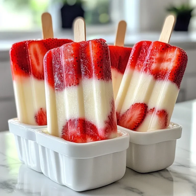 To make Strawberry Yogurt Swirl Popsicles, you need simple and fresh ingredients. Here’s the list: - 2 cups fresh strawberries, hulled and chopped - 2 tablespoons honey or maple syrup (adjust based on sweetness preference) - 1 cup plain Greek yogurt - 1 tablespoon vanilla extract - 1 tablespoon lemon juice - A pinch of salt Each ingredient plays a key role in taste and texture. Fresh strawberries give a sweet and tangy flavor. Honey or maple syrup adds sweetness, but you can adjust it. Greek yogurt makes the pops creamy and rich. Vanilla extract brings warmth, while lemon juice adds a bright zing. The salt enhances all the flavors, making each bite better. When choosing strawberries, pick ripe ones for the best taste. Organic options are great if available. It’s fun to explore different sweeteners too. Each one adds a unique twist to your popsicles. These ingredients are easy to find and make the popsicles a breeze to prepare. Enjoy crafting these delicious treats! {{ingredient_image_1}} Start by blending fresh strawberries with honey or maple syrup. Use two cups of hulled and chopped strawberries. Add two tablespoons of honey or maple syrup for sweetness. Blend until the mixture is smooth. If you want a smoother texture, blend longer. You can also strain it through a fine mesh for an even finer mix. Next, focus on the yogurt layer. In a bowl, combine one cup of plain Greek yogurt with a tablespoon of vanilla extract, a tablespoon of lemon juice, and a pinch of salt. Mix thoroughly. This step is key for flavor. Make sure there are no lumps. A smooth yogurt layer balances the sweet strawberry mix perfectly. Now, it's time to assemble your popsicles. Pour half of the strawberry mixture into your popsicle molds. Add a layer of the yogurt mixture on top. Then, pour the remaining strawberry mixture on top of the yogurt layer. Use a skewer or popsicle stick to gently swirl the layers together. This creates a beautiful marbled effect. Finally, insert popsicle sticks into the molds. Freeze for at least 4-6 hours until solid. To remove the popsicles, run warm water over the outside of the molds for a few seconds. Enjoy your refreshing summer treat! You can customize the sweetness of your popsicles easily. Start with two tablespoons of honey or maple syrup. Taste the strawberry mixture after blending. If you like it sweeter, add a little more. Each fruit will taste different, so adjust as needed. Remember, the yogurt layer also adds creaminess but is less sweet. Make your popsicles look as good as they taste. Serve them on a colorful plate. You can garnish with fresh strawberry slices and a sprig of mint. This adds a nice touch and makes the popsicles more inviting. You can also drizzle some honey on top for a shiny finish. Using the right tools can make a big difference. For molds, choose silicone ones. They help pop the popsicles out easily. For blending, a high-speed blender works best. It ensures a smooth strawberry mixture. If you want a marbled look, keep a skewer handy. It helps swirl the layers together nicely. Pro Tips Use Frozen Strawberries: If fresh strawberries are out of season, you can use frozen strawberries. Just thaw them slightly before blending for a smooth texture. Customize Sweetness: Adjust the amount of honey or maple syrup based on your personal preference and the natural sweetness of the strawberries. Add Other Fruits: Feel free to mix in other fruits like blueberries or raspberries for a variety of flavors and colors in your popsicles. Swirling Technique: For a more defined swirl, use a skewer to gently swirl the mixtures less aggressively, creating beautiful marbled popsicles. {{image_2}} You can mix up the flavor of your Strawberry Yogurt Swirl Popsicles easily. Try using other fruits like blueberries, raspberries, or peaches. These fruits blend well and add a fun twist. You can also combine fruits for a layered taste. For example, mix strawberries with banana for a creamy blend. Herbs can bring a unique flavor to your popsicles. Adding a bit of mint or basil can surprise your taste buds. Just chop the herbs finely and mix them into the yogurt layer. This will give your pops a fresh taste. If you want a dairy-free option, coconut yogurt works great. It is rich and creamy, just like Greek yogurt. Choose plain coconut yogurt to keep the flavor balanced. You can also find almond or cashew yogurt for different tastes. For sweeteners, consider maple syrup or agave nectar. These are great for vegan diets. They blend well and keep your pops sweet without dairy. You can add more texture to your popsicles with fun ingredients. Granola adds a nice crunch. Just sprinkle some in the yogurt layer before you freeze them. Chocolate chips are another fun option. They melt slightly and add a rich flavor. Mix them into the yogurt layer or sprinkle them between layers. This gives your popsicles a delightful surprise with every bite. To keep your popsicles fresh, store them in an airtight container. This helps prevent freezer burn. You can also wrap each popsicle in plastic wrap for extra protection. Label your container with the date. This way, you know when you made them. Strawberry Yogurt Swirl Popsicles can stay fresh in the freezer for up to 2 months. After that, they may lose some flavor and texture. Always check for ice crystals or an off smell before enjoying them. To remove your popsicles without breaking them, run warm water over the outside of the mold for a few seconds. This will help loosen the popsicle. If they still stick, gently twist the mold. Avoid pulling too hard, as this can break the popsicle. Enjoy your treat with ease! These popsicles will last about two months in the freezer. To keep them fresh, store them in an airtight container or wrap them tightly in plastic wrap. This helps prevent freezer burn. Always check for any ice crystals before enjoying them again. If they look good, they should taste great! Yes, you can use frozen strawberries. Just make sure to thaw them before blending. Thawed berries will blend smoothly and give you that sweet, fruity flavor. If you use frozen strawberries, adjust the amount of sweetener. Frozen fruit can be a bit sweeter. Honey or maple syrup works well for sweetening these popsicles. Start with two tablespoons and taste the mixture. If you want it sweeter, add more. For a healthier option, consider using agave syrup or stevia. Always choose a sweetener that suits your taste! You can make tasty strawberry yogurt swirl popsicles with a few simple steps. We covered the key ingredients like fresh strawberries and Greek yogurt. I shared easy instructions to blend, layer, and freeze. You learned how to customize sweetness and improve presentation. With variations like dairy-free options and fun mix-ins, you can adapt this treat to your taste. Remember the best storage methods for maximum freshness. Enjoy your popsicles and get creative with flavors!