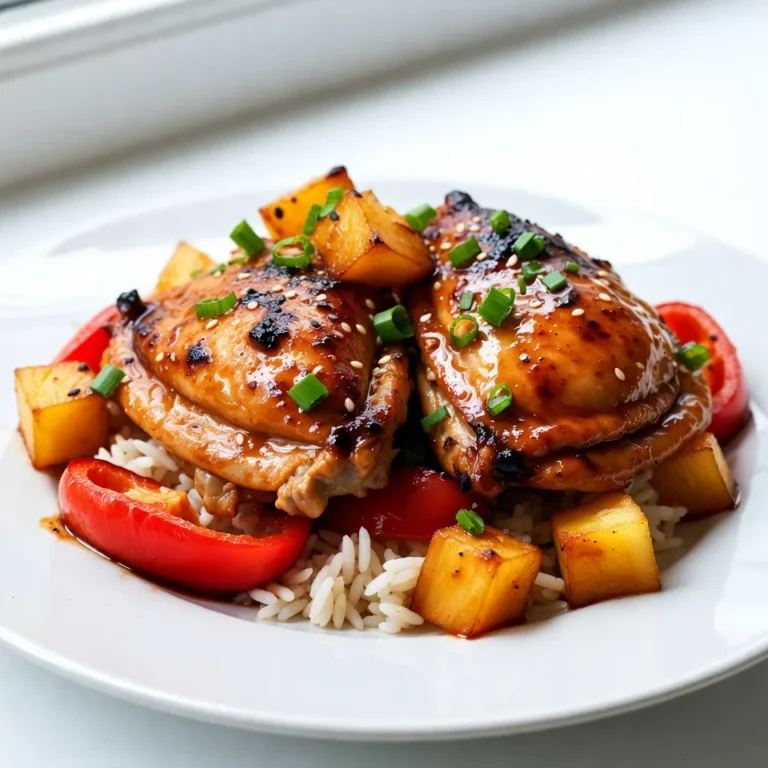 To make Pineapple Teriyaki Chicken, you need a few key items. Let’s break it down. - Chicken thighs: 4 boneless, skinless pieces provide great flavor and moisture. - Sauces and marinades: - 1 cup fresh pineapple chunks adds sweetness. - 1/3 cup teriyaki sauce gives that classic taste. - 2 tablespoons soy sauce adds depth. - 1 tablespoon honey enhances sweetness. - 1 tablespoon ginger, grated, gives a zesty kick. - 2 cloves garlic, minced, brings out rich flavors. - 1 tablespoon sesame oil for a nutty touch. - Fresh produce: - 1 red bell pepper, sliced, adds crunch and color. - 1 green onion, chopped, is perfect for garnish. - Garnishes: - Sesame seeds for a nice finish. - Extra pineapple chunks for a fresh touch. - Cooked jasmine rice for serving. Gather these ingredients to ensure a tasty and colorful dish. Each one plays an important role in making the meal exciting and delicious. {{ingredient_image_1}} 1. Preparing the marinade: In a medium mixing bowl, whisk together the teriyaki sauce, soy sauce, honey, grated ginger, and minced garlic. This mix gives the chicken a rich flavor. 2. Coating the chicken: Add the chicken thighs to the marinade. Use a spoon or your hands to make sure each piece is well-coated. This step is key for juicy chicken. 3. Marination time: Let the chicken marinate for at least 30 minutes. If you want more flavor, marinate for up to 2 hours in the fridge. The longer, the better! 1. Heating the skillet: Heat sesame oil in a large skillet over medium-high heat. This oil adds a nice taste and helps with cooking. 2. Cooking time for chicken: Once the oil is hot, add the marinated chicken thighs. Cook for about 6-7 minutes on each side. You want them browned and cooked through. 3. Checking doneness: Make sure the chicken reaches an internal temperature of 165°F (75°C). This ensures it is safe to eat and very tasty! 1. Adding vegetables and pineapple: Once the chicken is done, take it out of the skillet. Then, add sliced red bell pepper and fresh pineapple chunks. Sauté for about 3-4 minutes until the bell pepper is tender. 2. Mixing with the sauce: Return the chicken to the skillet. Pour any leftover marinade over the chicken and veggies. Stir well to coat everything in the sauce. Heat through for 2-3 minutes. 3. Serving suggestions: Serve the pineapple teriyaki chicken over cooked jasmine rice. Top with chopped green onions, sesame seeds, and extra pineapple chunks for a fun touch! - Best cooking time and temperature: Cook chicken thighs for 6-7 minutes on each side. Use medium-high heat. This ensures the chicken cooks evenly and gets a nice brown color. The internal temp should reach 165°F (75°C) for safety. - Ensuring chicken is tender: Marinate the chicken for at least 30 minutes. This helps it soak up the flavors. If you can, let it marinate for up to 2 hours. The longer it sits, the more tender and flavorful it becomes. - Alternative marinades: You can try different sauces. For example, use teriyaki sauce mixed with orange juice for a sweet twist. You can also add a splash of lime juice for a zesty kick. - Additional spices and herbs: Experiment with spices like crushed red pepper for heat. Fresh herbs like cilantro can add a fresh taste. Garlic powder or onion powder can also enhance the dish easily. Pro Tips Marinate for Maximum Flavor: For the best flavor, let the chicken marinate for up to 2 hours in the refrigerator. This allows the flavors to penetrate deeper into the meat. Check Doneness with a Thermometer: Ensure that chicken is fully cooked by checking for an internal temperature of 165°F (75°C) using a meat thermometer. Customize Your Vegetables: Feel free to add other vegetables like snap peas or broccoli for added color and nutrition. Just adjust the cooking time accordingly. Garnish for Presentation: Don’t skip the garnishes! Chopped green onions, sesame seeds, and extra pineapple not only enhance presentation but also add fresh flavors. {{image_2}} If you need gluten-free options, you can switch the soy sauce. Use tamari sauce instead. Tamari is made without wheat and tastes great. It keeps the teriyaki flavor strong and tasty. If you want to substitute chicken, try using firm tofu. Cut the tofu into chunks and marinate it just like the chicken. You can also use shrimp or pork. Both will soak up the teriyaki sauce well. Mix things up with different fruits. Instead of pineapple, you can use mango or peach. These fruits will add their own sweetness to the dish. You can also try adding some fresh orange slices for a citrus twist. For alternative sauces, you could use hoisin sauce. Hoisin gives a rich flavor that pairs well with chicken. You can also blend in some sriracha for heat, or add a splash of lime juice to brighten up the taste. Experimenting with these flavors can make your dish unique! To keep your Pineapple Teriyaki Chicken fresh, store it right. Place the leftovers in an airtight container. You can refrigerate it for up to three days. If you want it to last longer, freeze it. Make sure to use a freezer-safe container. You can freeze the dish for up to three months. When you are ready to eat the leftovers, reheating is key. The best way to reheat is in a skillet. Heat it on medium until warm. Stir it often to avoid sticking. You can also use a microwave. Just place it in a microwave-safe bowl and cover it. Heat in short bursts until it is hot. To keep the dish tasty, add a splash of water or extra teriyaki sauce. This helps keep the chicken moist. Always check that the chicken is hot throughout. Enjoy your meal just like the first time! How can I make this dish spicier? You can add red pepper flakes or sriracha to the marinade. Start with a little, then taste. You can also serve it with spicy sauce on the side for extra heat. Can I use other meats instead of chicken? Yes, you can use pork, beef, or shrimp. Adjust cooking times to ensure they are cooked through. Each meat will bring a different taste and texture. What side dishes pair well with Pineapple Teriyaki Chicken? Pineapple teriyaki chicken goes well with jasmine rice or fried rice. You can also serve it with steamed broccoli or a fresh salad for a balanced meal. How long can I marinate the chicken? You can marinate the chicken for at least 30 minutes. For best flavor, try marinating for up to 2 hours. Avoid marinating longer than that, as it may change the texture. This blog post guides you through making Pineapple Teriyaki Chicken. You learned about the right ingredients, from chicken thighs to fresh produce. I explained how to marinate and cook the chicken for the best taste. You also discovered tips for boosting flavor and dietary swaps. In the end, enjoy experimenting with this dish. Whether you tweak the flavors or try new sides, the options are endless. Your kitchen adventure awaits!