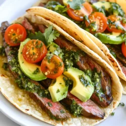 To make tasty Chimichurri steak tacos, you need some key ingredients: - 1 lb flank steak - Salt and pepper to taste - 1 tablespoon olive oil - 4 small corn tortillas - 1 ripe avocado, sliced - 1/2 cup cherry tomatoes, halved - Fresh cilantro, for garnish These ingredients come together for a fresh and rich flavor. The flank steak is the star, tender and juicy when cooked just right. The corn tortillas hold everything together, and the avocado adds creaminess. Chimichurri sauce is what makes these tacos special. Here’s what you need: - 1 cup fresh parsley, finely chopped - 1/2 cup fresh cilantro, finely chopped - 4 garlic cloves, minced - 1/2 teaspoon red pepper flakes - 1/2 cup olive oil - 2 tablespoons red wine vinegar (or lemon juice) - Salt and pepper to taste The fresh herbs give a bright taste, while garlic and red pepper flakes add depth. Olive oil and vinegar create a lovely balance, making each bite burst with flavor. You can customize your tacos with extra toppings: - Lime wedges for squeezing - Crumbled queso fresco or feta - Sliced jalapeños for heat - Sour cream for creaminess These toppings let you play with flavors and textures. Feel free to mix and match to find your perfect bite! {{ingredient_image_1}} To make the chimichurri sauce, gather your ingredients first. In a bowl, add 1 cup of finely chopped parsley and ½ cup of finely chopped cilantro. Next, add 4 minced garlic cloves and ½ teaspoon of red pepper flakes. Slowly pour in ½ cup of olive oil and 2 tablespoons of red wine vinegar. If you prefer, you can use lemon juice instead. Mix everything well and add salt and pepper to taste. This sauce is fresh, zesty, and packed with flavor. Let it sit for a bit to let the flavors blend. Now, it’s time to cook the flank steak. Start by seasoning 1 pound of flank steak with salt and pepper. Heat a grill or skillet over medium-high heat and add 1 tablespoon of olive oil. Once hot, place the steak in the pan. Cook it for about 5 to 7 minutes on each side. This gives you a nice medium-rare steak, which is tender and juicy. After cooking, let the steak rest for 5 minutes. Then, slice the steak against the grain into thin strips. This will help keep the meat tender when you bite into the tacos. Next, let’s assemble the tacos. First, warm 4 small corn tortillas in a dry pan for about 30 seconds on each side. This makes them soft and easy to fold. Place a few slices of the cooked steak on each tortilla. Drizzle chimichurri sauce over the steak. Add sliced avocado and halved cherry tomatoes on top. Finally, garnish with fresh cilantro. These tacos burst with flavor and look beautiful on the plate. Enjoy your fresh and flavorful chimichurri steak tacos! To get the best flank steak, pick a good cut. Look for bright red color and some marbling. Before cooking, season it well with salt and pepper. Heat your grill or pan on medium-high heat. Add olive oil to the pan. Place the steak in the hot pan or on the grill. Cook for 5-7 minutes on each side for medium-rare. Use a meat thermometer for best results. Aim for 130°F for perfect doneness. After cooking, let the steak rest for 5 minutes. This helps keep it juicy. Fresh herbs make the best chimichurri. Use parsley and cilantro, finely chopped. For a strong flavor, add minced garlic. Red pepper flakes give it a nice kick. Whisk in olive oil and red wine vinegar slowly. This helps mix the ingredients well. Season with salt and pepper to taste. Let the sauce sit for at least 10 minutes. This allows the flavors to blend. If you want a different taste, use lemon juice instead of vinegar. How you present your tacos matters. Serve them on a wooden board for a rustic look. Stack the tacos neatly for a clean display. Add lime wedges on the side for pop and freshness. Drizzle extra chimichurri on top for extra flavor. Use sliced avocado and cherry tomatoes for color. Fresh cilantro makes a great garnish. These small touches make your dish shine and tempt everyone to dig in! Pro Tips Rest the Steak: After cooking, always let the steak rest for at least 5 minutes. This allows the juices to redistribute, ensuring a juicy and tender bite. Customize the Chimichurri: Feel free to adjust the herbs in the chimichurri. Adding oregano or mint can provide a unique flavor twist to the sauce. Warm Tortillas Properly: Instead of a dry pan, you can wrap the tortillas in a damp paper towel and microwave them for about 20-30 seconds to keep them soft and pliable. Garnish Creatively: Add a squeeze of fresh lime juice over the tacos before serving for an extra burst of flavor, and consider including sliced jalapeños for a spicy kick! {{image_2}} You can switch up the protein in these tacos. Flank steak is great, but chicken works well too. Season grilled chicken the same way. You can also try shrimp for a lighter touch. Just grill them quickly until they turn pink. For a plant-based option, use grilled portobello mushrooms. They soak up flavor nicely and add a hearty bite. Chimichurri sauce has many versions. You can add fresh oregano for a twist. Some people like to mix in a bit of lime juice. This adds a fresh zing. If you want more heat, use more red pepper flakes. For a creamier sauce, blend in some avocado. This gives it a smooth texture while keeping it rich in flavor. Tacos are all about fun toppings. Add pickled red onions for a tangy crunch. Crumbled queso fresco gives a nice salty kick. For a sweet touch, try mango salsa. It balances the spice of the chimichurri. You can also add shredded cabbage for extra crunch. Fresh lime wedges are perfect for squeezing over the top. Each add-on brings a new layer of flavor. To store leftover tacos, first separate the components. Place the steak, avocado, and tomatoes in airtight containers. Keep the tortillas in a zip-top bag. This will help keep them fresh. Store everything in the fridge for up to three days. If you mix them together, the tortillas can get soggy. Store leftover chimichurri sauce in a glass jar. Make sure the jar has a tight lid. It can stay fresh in the fridge for about one week. If you want to keep it longer, you can freeze it. Pour the sauce into ice cube trays and freeze. Once frozen, transfer the cubes to a zip-top bag. This way, you can use just what you need. Reheat the flank steak gently. Use a skillet over medium heat. Add a small amount of olive oil to keep it moist. Heat for a few minutes until warm. For the tortillas, warm them in a dry pan for about 30 seconds on each side. Avoid using the microwave, as this can make them chewy. Enjoy your tacos as if they were freshly made! Chimichurri sauce is a bright green sauce from Argentina. It has fresh herbs, garlic, and oil. You mix parsley and cilantro for a fresh taste. Garlic adds a nice kick, while olive oil makes it rich. Red wine vinegar gives it a tangy flavor. This sauce is perfect for steak tacos. You can use it as a dip or marinade too. To spice up your chimichurri sauce, add more red pepper flakes. Start with one teaspoon and adjust to your taste. You can also add diced jalapeños or serrano peppers. These peppers bring heat and flavor. If you want a smoky touch, try smoked paprika. Mix these in with the other ingredients for a zesty kick. Yes, you can use flour tortillas if you prefer them. They are softer and easier to wrap. Flour tortillas also have a milder taste. However, corn tortillas add a nice texture and flavor. Try both to see which one you like best. Enjoy your tacos with the tortilla that suits your taste! Chimichurri steak tacos are not just delicious; they are easy to make! You learned about the key ingredients, tasty toppings, and how to prepare everything step by step. We talked about cooking tips and how to keep your tacos fresh. You can even try different meats and sauces to mix things up. I hope you feel ready to make these tacos at home. You’ll impress your friends and family with this fun meal! Enjoy your cooking journey!