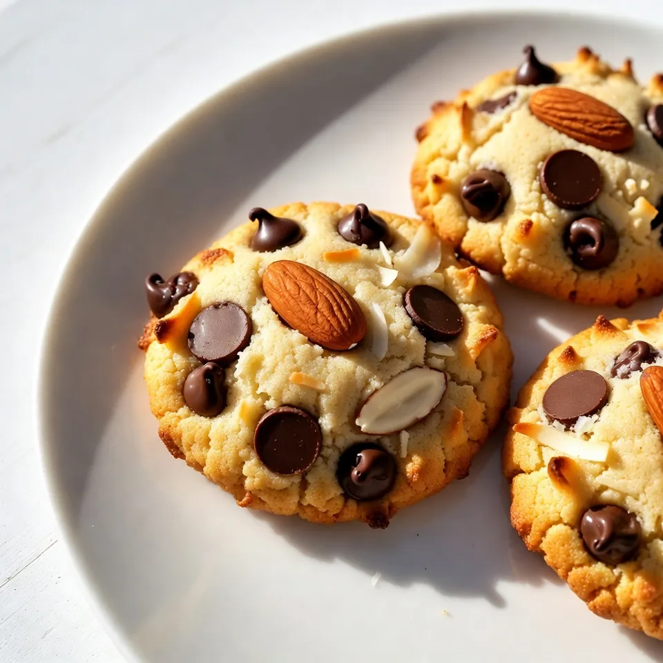 To make Coconut Almond Joy Cookies, you need a few key items: - 1 cup almond flour - 1/2 cup shredded unsweetened coconut - 1/4 cup maple syrup - 1/4 cup coconut oil, melted - 1 teaspoon vanilla extract - 1/2 teaspoon baking soda - 1/4 teaspoon salt Each ingredient plays a big role. Almond flour gives a nice nutty flavor and a soft texture. Shredded coconut adds chewiness and sweetness. Maple syrup provides natural sweetness, while coconut oil keeps the cookies moist. Vanilla extract enhances the flavor. Baking soda helps cookies rise, and salt balances the sweetness. You can make these cookies even better with some fun add-ins: - 1/2 cup dark chocolate chips - Whole almonds for garnish Dark chocolate chips bring rich flavor and a delightful crunch. Whole almonds on top add a nice touch and extra texture. Measuring your ingredients correctly is key to success. Here are some tips: - Use dry measuring cups for almond flour and shredded coconut. - Level off the top with a knife to avoid too much flour. - For liquid ingredients like maple syrup, use a liquid measuring cup. - Check the measurement at eye level for accuracy. This attention to detail helps ensure your cookies turn out perfect every time. Enjoy baking! {{ingredient_image_1}} First, preheat your oven to 350°F (175°C). This step is key for even baking. Next, line a baking sheet with parchment paper. This helps prevent sticking and makes cleanup easy. In a mixing bowl, combine 1 cup of almond flour, 1/2 cup of shredded unsweetened coconut, 1/2 teaspoon of baking soda, and 1/4 teaspoon of salt. Stir these dry ingredients well. Make sure there are no clumps. This mix gives our cookies a great texture. In another bowl, whisk together 1/4 cup of melted coconut oil, 1/4 cup of maple syrup, and 1 teaspoon of vanilla extract. The melted oil helps the cookies stay soft. The maple syrup adds natural sweetness. Mix until smooth and well combined. Now, pour the wet mixture into the dry ingredients. Mix until a dough forms. Gently fold in 1/2 cup of dark chocolate chips. Use a tablespoon to scoop the dough and form balls. Place them about 2 inches apart on the baking sheet. Press a whole almond into the top of each cookie for a nice touch. Bake in the preheated oven for 10-12 minutes. Look for golden edges. Let the cookies cool on the sheet for a few minutes before moving them to a wire rack to cool fully. Enjoy your Coconut Almond Joy Cookies! To make great Coconut Almond Joy Cookies, you need the right dough. A common mistake is overmixing. Mix just until the dough comes together. If it feels too dry, add a little more melted coconut oil. If it's too wet, add a touch more almond flour. This balance is key for cookie texture. The baking time for these cookies is around 10 to 12 minutes. Watch the edges closely. You want them to turn golden brown. If the cookies are still pale, give them another minute or two. A good tip is to gently press a cookie. It should feel firm but still soft in the center. This means they're done! Serving your cookies well is important. Let them cool on a wire rack. This keeps them from getting soggy. For a fun touch, sprinkle some extra shredded coconut on top before serving. You can also arrange them on a colorful platter. Add a few whole almonds for a nice look. These tips make your cookies as pretty as they are tasty! Pro Tips Use Fresh Ingredients: Ensure your shredded coconut and almond flour are fresh for the best flavor and texture in your cookies. Chill the Dough: If the dough is too soft to handle, refrigerate it for 15-20 minutes. This will make it easier to scoop and shape. Experiment with Sweeteners: Feel free to substitute maple syrup with honey or agave syrup for a different sweetness profile. Storage Tips: Store cookies in an airtight container at room temperature for up to a week or freeze for longer storage. {{image_2}} You can change the flavor of your Coconut Almond Joy Cookies easily. Try adding spices like cinnamon or nutmeg for warmth. A dash of almond extract gives a nice twist. You can also use peppermint extract for a fresh taste. Each addition brings a new layer of flavor to your treat. Want to make these cookies vegan? Use maple syrup as your sweetener, which is already vegan. Replace coconut oil with a plant-based butter for a rich flavor. For gluten-free options, stick with almond flour, as it is naturally gluten-free. This way, more people can enjoy your cookies. Get creative with toppings and mix-ins! Instead of dark chocolate chips, try milk chocolate or white chocolate. You can also mix in dried fruits like cranberries or cherries for a fruity touch. Use different nuts, like pecans or walnuts, for added crunch. Each change makes the cookies uniquely yours. Store your cookies at room temperature. Use an airtight container to keep them fresh. Line the bottom with parchment paper to avoid sticking. Place a piece of bread in the container to help retain moisture. This keeps your cookies soft for several days. To store cookies for longer, consider freezing them. First, let the cookies cool completely. Next, place them in a single layer on a baking sheet. Freeze for about an hour, then transfer them to a freezer bag. Remove as much air as possible. This way, they stay fresh for up to three months. When you want to enjoy your cookies again, reheating is key. Preheat your oven to 350°F (175°C). Place the cookies on a baking sheet. Heat them for about five minutes. This will help restore their soft texture. Enjoy them warm for the best taste! You can use several flours instead of almond flour. Here are some great options: - Coconut flour: Use less, as it absorbs more moisture. - Oat flour: This adds a mild flavor and works well. - All-purpose flour: This is a good choice if you want a classic cookie taste. Each of these flours changes the cookie's texture and taste. Coconut flour makes them more crumbly, while oat flour keeps them soft. Experiment and find what you like best! Yes, you can make these cookies without coconut. Here are some tasty ideas: - Use more almond flour: Replace the coconut with almond flour. - Add nuts: Chopped walnuts or pecans can add crunch. - Try dried fruit: Raisins or cranberries can bring sweetness. These changes still give you a great cookie. You can enjoy different flavors while keeping the cookie's charm! To keep your cookies fresh, follow these tips: - Use an airtight container: This keeps them soft and chewy. - Store at room temperature: They stay best in a cool, dry place. - Refrigerate if needed: If it's hot, this can help them last longer. For longer storage, you can freeze them. Wrap each cookie in plastic wrap and place them in a freezer bag. When you're ready to eat, just thaw at room temperature or warm them up in the oven! In this post, we explored a simple cookie recipe using almond flour and coconut. I shared easy steps for mixing and baking, along with tips to perfect your dough. You learned about optional add-ins, flavor variations, and storage techniques. Feel free to experiment with different ingredients to suit your taste. Enjoy your baking journey, and remember, small changes can lead to great flavors! Happy baking!