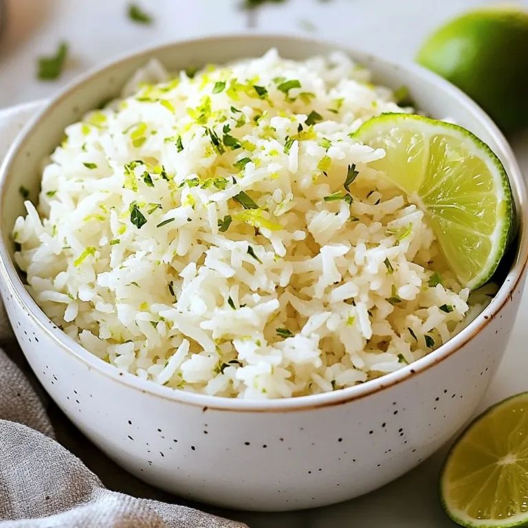 To make coconut lime rice, gather these simple ingredients. Each one adds to the dish's flavor and charm. - 1 cup jasmine rice - 1 cup coconut milk - 1/2 cup water - 1 tablespoon sugar - Zest and juice of 1 lime - 1/2 teaspoon salt - Fresh cilantro, chopped (for garnish) - Lime wedges (for serving) Jasmine rice gives a lovely aroma. Coconut milk adds creaminess and sweetness. The lime zest and juice bring a bright, tangy kick. Sugar balances the flavors well. Use fresh cilantro for a pop of color and flavor. Lime wedges are perfect for extra zest when serving. Make sure to use good-quality coconut milk. It should be thick and creamy. This will enhance the taste of your rice. If you prefer a lighter dish, feel free to use light coconut milk. Gather these ingredients, and you are ready to create a dish that pairs well with many meals. Whether you serve it with grilled chicken or veggies, coconut lime rice shines on your plate. {{ingredient_image_1}} Rinsing jasmine rice is very important. It helps remove extra starch. Too much starch can make rice sticky. You want each grain to stay separate and fluffy. To rinse jasmine rice, place it in a bowl. Fill the bowl with cold water. Swirl the rice gently with your hand. This action helps wash away the starch. Pour out the cloudy water. Repeat this step until the water runs clear. Finally, drain the rice well before cooking. Now let’s cook the rice! Start by combining the rinsed rice with coconut milk, water, sugar, and salt in a medium saucepan. Stir the mix to combine all the ingredients well. Next, put the saucepan on the stove. Turn the heat to medium and bring it to a gentle boil. Once you see bubbles, reduce the heat to low. Cover the saucepan with a lid. Let it simmer for about 15 minutes. This step allows the rice to absorb all the liquid. After the rice has cooked, remove the saucepan from the heat. Keep it covered and let it sit for another 5 minutes. This resting time helps the rice steam and become even fluffier. Now, fluff the rice with a fork. This action separates the grains nicely. Finally, add the lime zest and juice. Gently mix everything to blend those bright flavors. Serve warm, garnished with fresh cilantro and lime wedges. Enjoy your delicious coconut lime rice! To get the best texture, always cover the pot while cooking. This helps steam the rice well. After cooking, let it rest for five minutes. This extra time allows the rice to soak up moisture and become fluffy. Using different lime varieties can change the taste. Try Persian limes for a sweeter touch or Key limes for a tart zing. You can also add herbs like mint or spices like cumin. This brings more depth to the flavor. A medium saucepan works best for cooking rice evenly. Look for one with a tight-fitting lid. For garnishing, a sharp knife helps cut lime wedges neatly. A fork is perfect for fluffing the rice once it’s done. Pro Tips Rinse the Rice: Rinsing the jasmine rice thoroughly removes excess starch, preventing it from becoming gummy and ensuring a fluffy texture. Use Fresh Lime: For the best flavor, use fresh lime juice and zest. The freshness will enhance the overall taste of the dish. Let it Steam: After cooking, let the rice sit covered for an additional 5 minutes. This helps to steam the rice further, making it even fluffier. Garnish Generously: Don’t skimp on the fresh cilantro and lime wedges for serving. They add a vibrant touch and a burst of flavor that complements the dish beautifully. {{image_2}} You can swap jasmine rice for quinoa. This change adds protein. Use the same amount of quinoa as rice. Rinse it well to remove bitterness. Cook quinoa in coconut milk and water, like rice. Bring it to a boil, then reduce heat. Let it simmer for about 15 minutes. This will give you a fluffy and nutty flavor. Coconut lime rice pairs great with chicken or shrimp. For chicken, grill or sauté it in lime juice and spices. Cook until it is tender and juicy. For shrimp, sauté in a pan with garlic and lime juice. Cook for about 3-4 minutes until pink. Once cooked, mix the protein into the rice. This adds a hearty touch to your dish. To keep it vegan, ensure your coconut milk is plant-based. Use vegetable broth instead of water for extra flavor. For gluten-free options, check that the sugar is gluten-free. You can also add beans for protein. This keeps your dish tasty and healthy. To keep your coconut lime rice fresh, store it in an airtight container. This helps lock in moisture and flavor. Place it in the fridge right after it cools down. Coconut lime rice lasts about 3 to 4 days in the fridge. Always check for any off smells before using leftovers. Freezing is a great option if you have extra rice. Start by letting the rice cool completely. Then, portion it into freezer-safe bags. Squeeze out any air before sealing them. Label the bags with the date. You can freeze it for up to 3 months. To reheat, thaw it in the fridge overnight. Then, heat it in a pan with a splash of coconut milk or water. Stir until warmed through. You can get creative with leftover coconut lime rice. Use it as a base for a rice bowl. Top it with grilled chicken or veggies. Another idea is to make a coconut lime fried rice. Just stir-fry with eggs and your favorite veggies. You can also mix it into a salad for a tropical twist. The options are endless! Yes, you can use brown rice. It will take longer to cook. Expect about 40 to 45 minutes. The flavor will be nuttier and less sweet than jasmine rice. This change gives a different taste but can still be delicious. To make it creamier, add more coconut milk. You can start with an extra 1/4 cup at the start. Mix in some butter or a splash of heavy cream too. These will help enhance the texture. Yes, coconut lime rice is great for meal prep. Cook it in advance and store it in airtight containers. Keep it in the fridge for up to four days. Avoid adding fresh herbs until you serve it. This keeps the flavors fresh. Coconut lime rice is easy to make and very tasty. We covered the key ingredients and steps to create this dish. Rinsing the rice is important for perfect texture. Adding lime zest gives it a fresh flavor. You can also try variations like coconut lime quinoa or add protein for more meals. Store your leftovers well so they last longer. With these tips, you can enjoy this dish anytime. Try it out and have fun cooking!