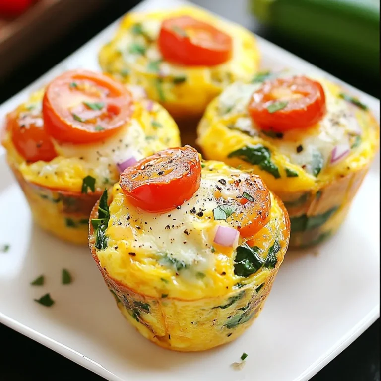 Here’s what you need to make veggie packed egg muffins: - 6 large eggs - 1 cup spinach, chopped - 1 bell pepper (red or yellow), diced - 1 small zucchini, grated - 1/2 cup cherry tomatoes, halved - 1/4 cup red onion, finely chopped - 1/2 cup shredded cheese (cheddar or feta) - 1 teaspoon garlic powder - 1/2 teaspoon salt - 1/4 teaspoon black pepper - 1 tablespoon olive oil - Optional: Fresh herbs (basil or parsley) for garnish These ingredients come together to create a tasty and healthy muffin. The eggs are the base and provide protein. The veggies add color and nutrients. You can mix and match the vegetables based on what you like. For example, if you want to use kale or mushrooms instead of spinach or zucchini, feel free! The cheese adds creaminess and flavor. Don't forget the herbs at the end for a fresh touch! They really make the dish pop. Enjoy these muffins as a quick breakfast or snack. {{ingredient_image_1}} - Preheat oven to 350°F (175°C) - Grease muffin tin with cooking spray or olive oil Start by setting your oven to 350°F. This step helps the muffins cook evenly. While the oven heats, grab a muffin tin and coat it with cooking spray or a bit of olive oil. This keeps the muffins from sticking. - Combine eggs, garlic powder, salt, and black pepper in a bowl - Mix until well combined Next, crack six large eggs into a bowl. Add one teaspoon of garlic powder, half a teaspoon of salt, and a quarter teaspoon of black pepper. Whisk this mixture until it looks smooth and yellow. This mix is the base of your muffins. - Add chopped spinach, bell pepper, zucchini, cherry tomatoes, red onion, and cheese - Stir to distribute the veggies evenly Now, it’s time to add flavor. Toss in one cup of chopped spinach, one diced bell pepper, one small grated zucchini, half a cup of halved cherry tomatoes, and a quarter cup of finely chopped red onion. Don’t forget half a cup of shredded cheese! Stir it all together. Make sure the veggies and cheese are spread out well in the egg mix. - Pour the mixture into muffin cups, filling about three-quarters full Carefully pour the egg mixture into your prepared muffin tin. Fill each cup about three-quarters of the way full. This gives them room to rise without overflowing. - Bake for 18-20 minutes until puffed and set - Use a knife to check for doneness Put the muffin tin in your preheated oven. Bake for 18 to 20 minutes. The muffins should puff up and look set. To check if they are done, poke a knife into the center of one muffin. If it comes out clean, they are ready! - Allow muffins to cool before removing - Serve warm or cool for meal prep Once baked, take the muffins out of the oven. Let them cool in the tin for a few minutes. After that, gently remove them and place them on a cooling rack. You can serve them warm right away or let them cool completely for meal prep. Enjoy the tasty muffins! - Use room temperature eggs for better mixing. - Mix just until combined; don’t overmix the batter. Using room temperature eggs helps your muffins rise better. Cold eggs can make the mixture uneven. Mixing just enough keeps the muffins light. Overmixing can make them tough and dense. - Try adding herbs like basil or parsley for extra flavor. - Use different cheeses, like feta or goat cheese, for variety. Fresh herbs add a bright taste. They can make your muffins pop with flavor. You can also try spices like paprika or oregano. Different cheeses can change the muffin's taste and texture. Cheddar gives a rich flavor, while feta adds a creamy touch. - Check muffins at 18 minutes to avoid overcooking. - If muffins sink, it may be due to too much mixing or underbaking. Overcooking makes muffins dry and tough. Use a toothpick to check for doneness; it should come out clean. If your muffins sink, consider mixing less next time, or bake them a bit longer. This will help you achieve that perfect fluffy bite every time. Pro Tips Customize Your Veggies: Feel free to swap in your favorite vegetables or whatever you have on hand. Broccoli, mushrooms, or kale can all be great additions! Meal Prep for the Week: These egg muffins store well in the refrigerator for up to 5 days, making them perfect for quick breakfasts or snacks throughout the week. Cheese Options: Experiment with different types of cheese like goat cheese, mozzarella, or pepper jack for a unique flavor twist. Cook Evenly: Ensure your muffin tin is well-greased to prevent sticking, and consider using silicone muffin liners for easy removal and cleanup. {{image_2}} You can switch up the greens in your muffins. Try using kale or swiss chard instead of spinach. These choices add a new taste and texture. You can also add mushrooms or broccoli for even more flavor. Both veggies pair well with eggs and cheese. Want to boost the protein? You can add cooked meats like bacon or sausage. They bring a savory touch to your muffins. Another option is cottage cheese. It adds creaminess and packs in more protein without changing the flavor much. If you need gluten-free muffins, use alternative flours, like almond or coconut flour. These keep the muffins tasty and light. For those who avoid dairy, use plant-based cheese. It melts well and gives a nice creaminess to the muffins. These adjustments help everyone enjoy this dish. To keep your veggie packed egg muffins fresh, store them in the fridge. Place them in an airtight container. This helps prevent them from drying out. You can keep them in the fridge for up to five days. If you want to enjoy them later, freezing is a great option. To freeze your muffins, let them cool completely first. Then, wrap each muffin in plastic wrap. Place the wrapped muffins in a freezer-safe bag. Try to remove as much air as possible to avoid freezer burn. They can stay frozen for up to three months. When you're ready to eat them, just pull out the number you want. To thaw your muffins, place them in the fridge overnight. This keeps them from getting soggy. If you’re in a hurry, you can use the microwave. Heat them for about 30 seconds, checking if they’re warm enough. Remember, letting them thaw slowly keeps their texture nice. You can reheat your muffins in two main ways: the microwave or the oven. For the microwave, heat them for about 30 seconds to one minute. This method is quick but may make them a bit soggy. To use the oven, preheat it to 350°F (175°C). Place the muffins on a baking sheet and heat for about 10 minutes. This way, they stay fluffy and delicious. Enjoy your muffins warm! Yes, you can use egg substitutes. Common options include flaxseed meal, chia seeds, and silken tofu. Flaxseed and chia seeds work well. Mix one tablespoon with three tablespoons of water. Let it sit for a few minutes until it thickens. Silken tofu can be blended until smooth and used in place of eggs. This will change the texture a bit, but it still works. These muffins last up to five days in the fridge. Store them in an airtight container. You can also freeze them. In the freezer, they last about three months. Just make sure to wrap them well to avoid freezer burn. Absolutely! These muffins are great for meal prep. You can make a large batch on the weekend. Store them in the fridge for quick breakfasts. They reheat well and save you time during busy mornings. Yes, you can make these muffins ahead of time. After baking, let them cool completely. Store them in an airtight container in the fridge or freezer. When you are ready to eat, reheat in the microwave or oven. This keeps them tasty and fresh. These Veggie Packed Egg Muffins offer a tasty, healthy meal option. We covered the essential ingredients, step-by-step instructions, and helpful tips to make perfect muffins. You can easily customize them with different veggies and proteins. Store leftovers efficiently to enjoy later. Now, you can whip up these muffins anytime for breakfast or snacks. They are easy, fun, and sure to please your taste buds. Enjoy the process and feel proud of your homemade creation.