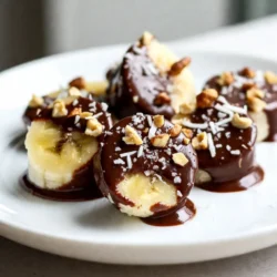 Here’s what you need for chocolate covered banana bites: - 2 ripe bananas - 1 cup semi-sweet chocolate chips - 1 tablespoon coconut oil (optional) - ⅓ cup chopped nuts (options: walnuts, almonds, hazelnuts) - ⅓ cup shredded coconut (unsweetened) - Sea salt (optional) Ripe bananas are key for flavor. Look for bananas that are yellow with a few brown spots. They taste sweeter and are easier to mash. Semi-sweet chocolate chips melt well and give a rich taste. If you want a smoother chocolate, add coconut oil. It makes the chocolate easier to dip. Chopped nuts add a nice crunch. You can use walnuts, almonds, or hazelnuts. Shredded coconut gives a tropical twist. If you like a salty-sweet mix, sprinkle a little sea salt on top. This enhances the flavor of the chocolate. Gather these ingredients, and you’ll be ready to make a tasty treat! {{ingredient_image_1}} To start, peel the bananas and slice them into 1-inch thick rounds. This size is perfect for dipping. Make sure the bananas are ripe but not overripe. Ripe bananas are sweeter and softer, making them ideal for this treat. If they are too green, they won’t taste as good. If they are too brown, they can be mushy. Next, we need to melt the chocolate. Take a microwave-safe bowl and add the semi-sweet chocolate chips. If you want smoother chocolate, add 1 tablespoon of coconut oil. Microwave the bowl in 30-second bursts. Stir the chocolate after each burst. This helps it melt evenly. Keep going until the chocolate is fully melted and smooth. Now it’s time to dip the banana slices. Use a fork or a toothpick to hold each slice. Dip it into the melted chocolate. Let any extra chocolate drip off. Before the chocolate hardens, sprinkle your chosen toppings on top. You can use chopped nuts or shredded coconut. A tiny pinch of sea salt adds a nice touch too! After dipping, place the chocolate-covered banana bites on a baking tray lined with parchment paper. Chill them in the fridge for at least 30 minutes. This helps the chocolate set properly. Once they are firm, you can serve them. Arrange the bites nicely on a plate for a fun treat! How can I prevent chocolate from hardening too quickly? To keep chocolate smooth, work quickly after melting. Dip each banana slice soon after you coat the chocolate. If it starts to harden, place it back in the microwave for a few seconds. This helps maintain a creamy texture. What are tips for using a double boiler instead? Using a double boiler can help keep chocolate warm without burning it. Fill a pot with water and let it simmer. Place a bowl on top. Make sure the bowl doesn't touch the water. Stir the chocolate as it melts for an even coat. What are some suggestions for additional toppings? You can add many toppings to your banana bites. Try mini chocolate chips, crushed graham crackers, or even sprinkles for fun. Each adds a new taste and texture to your treat. What are some alternative chocolate options? You can use dark chocolate for a richer flavor. White chocolate also works well if you want a sweeter taste. Each type of chocolate brings its unique charm to the banana bites. What are options for sugar-free chocolate? Look for sugar-free chocolate chips at the store. These can help lower the sugar content while still giving you that sweet taste. They are great for those watching their sugar intake. What are the benefits of using dark chocolate? Dark chocolate is a healthier choice. It has more antioxidants than milk chocolate. It can support heart health and may even boost your mood. Plus, it complements the sweetness of bananas nicely. Pro Tips Choose Ripe Bananas: For the best flavor and texture, use bananas that are just ripe, with a few brown spots. They will be sweeter and easier to dip. Quality Chocolate Matters: Using high-quality chocolate chips will make a noticeable difference in taste. Consider using chocolate with a higher cocoa content for a richer flavor. Experiment with Toppings: Get creative with your toppings! Try adding different nuts, seeds, or even sprinkles to customize your banana bites. Storage Tips: Store any leftovers in an airtight container in the refrigerator for up to a week. They can also be frozen for a longer shelf life. {{image_2}} You can switch bananas for other fruits. Strawberries make a great choice. Their sweet taste pairs well with chocolate. Apples also work well. Slice them thinly and dip them in chocolate. You can even use peaches or pineapples. Each fruit gives a new twist to your treat! Want to add some spice? Try adding cinnamon to your chocolate. It adds warmth and depth. You can also use chili powder for a kick. Just a pinch will do! Flavored chocolate is another option. Look for chocolate with hints of orange or mint. This will make every bite exciting and unique. Pairing chocolate-covered bites with nut butter is a game-changer. Spread almond or peanut butter on top before dipping. This adds creaminess and flavor. Another idea is to serve them with yogurt. Greek yogurt adds a nice tang. It makes a fun dip for your chocolate bites. These combinations will impress anyone who tries them! To keep your chocolate-covered banana bites fresh, store them well. Freezing is a great option if you want to save some for later. Here’s how you do it: - Place the banana bites in a single layer on a baking sheet. - Freeze them for about 1 hour until they harden. - Once solid, transfer them to an airtight container. This keeps them from getting freezer burn. If you plan to eat them soon, store them in the refrigerator. Use a covered container for best results. They will stay fresh and tasty when kept cool. Room temperature storage is not ideal. The chocolate may melt and become sticky. It’s best to keep them cold until you’re ready to enjoy them. How long do your banana bites last? In the fridge, they will stay good for about 3 to 5 days. If you freeze them, they can last for up to 2 months. Look for signs of spoilage. If you see any discoloration or a strange smell, it's time to toss them. If the chocolate looks dull or has white spots, that’s called "bloom." While it may not taste bad, it does affect the look and texture. Always trust your senses! Yes, you can use frozen bananas. However, they may change texture. Frozen bananas can be mushy after thawing. This may affect the crunch of your bites. If you want a smoother treat, they can work well. Just keep in mind the texture may not be as firm. Look for bananas that are yellow with brown spots. These spots mean the sugars have developed. Ripe bananas are sweet and soft, perfect for this recipe. If they are green, they are not ready yet. If they are too brown, they may be overripe and mushy. Yes, you can make them vegan. Use dark chocolate that does not have dairy. Brands like Enjoy Life or Hu Chocolate offer great vegan options. You can also skip the coconut oil if you want. The bites will still be tasty and healthy. Semi-sweet chocolate chips are ideal for this treat. They melt well and taste great. You can also use dark chocolate for a richer flavor. Milk chocolate can work too, but it may be too sweet. Choose what fits your taste best! You learned how to make chocolate-covered banana bites. We covered the key ingredients, from ripe bananas to chocolate chips. I shared tips to ensure smooth chocolate and suggested fun variations, like using other fruits. Proper storage techniques help keep your treats fresh longer. Whether you crave a quick snack or a fancy dessert, these bites suit any occasion. Enjoy creating delicious treats and impressing friends and family with your skills. The possibilities are endless. Happy dipping!