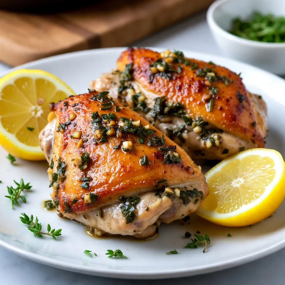 - 4 bone-in, skin-on chicken thighs - 4 cloves garlic, minced - 2 tablespoons fresh rosemary, chopped - 2 tablespoons fresh thyme, chopped - 1 tablespoon fresh parsley, chopped - 1 lemon, juiced and zested - 3 tablespoons olive oil The main ingredients create a wonderful base for this dish. The chicken thighs give you juicy meat and crispy skin. Garlic adds a punch of flavor, while fresh herbs bring a bright touch. The lemon juice and zest enhance the dish with a zesty kick. Olive oil keeps everything moist and helps with browning. - Salt - Pepper - Lemon wedges for serving The seasoning adds depth to the flavor. Salt and pepper are key for taste. You can adjust these to your liking. Lemon wedges on the side add a fun twist. They give you the option to squeeze more zest on your chicken when serving. When making this dish, pay attention to your ingredients. Use fresh herbs for the best flavor. Quality chicken thighs will shine in this recipe. Enjoy the process of marinating and cooking. These steps elevate the taste and make your meal special. {{ingredient_image_1}} - Preheat the oven to 400°F (200°C). - In a bowl, mix minced garlic, chopped rosemary, thyme, parsley, lemon juice, and olive oil. Add salt and pepper to taste. This mix brings great flavor to your chicken. - Pat the chicken thighs dry using paper towels. Place them in a bowl or bag. - Pour the herb mixture over the chicken. Coat them well. If you use a bag, seal it and massage the chicken. Let it sit for at least 30 minutes at room temperature. For better taste, refrigerate for up to 2 hours. - Heat a large ovenproof skillet on medium-high heat. - Add the marinated chicken thighs, skin side down. Sear for 5-7 minutes until the skin is crispy and golden brown. - Flip the chicken thighs and move the skillet to the oven. Roast for 20-25 minutes. The chicken should reach an internal temperature of 165°F (75°C) and the juices must run clear. - Take the skillet out of the oven. Let the chicken rest for about 5 minutes before serving. This helps keep the juices locked in. To get crispy skin, start by patting the chicken thighs dry. This step helps remove moisture. Moisture can cause steaming instead of crisping. Next, heat your skillet well before adding the chicken. Sear the skin side down for about 5-7 minutes. You want that golden brown look! After cooking, let the chicken rest for about 5 minutes before serving. This helps the juices stay inside, making it juicier. Want to boost the flavor? Try adding paprika or cayenne for some heat. You can also use herbs like oregano or basil for a fresh twist. Mixing in some red pepper flakes adds a nice zing. Consider using fresh herbs like dill or cilantro for unique tastes. They can change the whole dish! For a beautiful presentation, serve the chicken on a rustic wooden board. Add fresh herbs and lemon wedges for color. This makes the dish look fresh and inviting. Pair your chicken with sides like roasted vegetables or creamy mashed potatoes. These sides complement the flavors well and create a complete meal. Pro Tips Marinate for Maximum Flavor: Allow the chicken to marinate for at least 30 minutes, but for even better results, refrigerate for up to 2 hours. This will enhance the flavor and tenderness of the meat. Perfectly Crispy Skin: Ensure the chicken thighs are patted dry before searing. This helps achieve a crispy, golden skin when cooked. Use a Meat Thermometer: To ensure the chicken is cooked through, use a meat thermometer. The internal temperature should reach 165°F (75°C) for perfectly cooked chicken. Rest Before Serving: Let the chicken rest for about 5 minutes after removing it from the oven. This allows the juices to redistribute, keeping the meat moist and flavorful. {{image_2}} You can grill garlic herb chicken thighs for a smoky flavor. Start by preheating your grill to medium-high. Place the marinated chicken on the grill, skin side down. Cook for about 6-8 minutes per side, until the skin is crispy and the meat reaches 165°F. This method adds a nice char and enhances the taste. If you prefer a more hands-off approach, you can use a slow cooker or Instant Pot. For the slow cooker, place the marinated chicken in the pot and cook on low for 4-5 hours or high for 2-3 hours. In an Instant Pot, use the sauté function to sear the chicken first, then add a little broth and cook on high pressure for 10-12 minutes. Feel free to get creative with herbs. You can swap rosemary and thyme for basil or oregano. Each herb brings its unique taste, so mix and match based on what you have. If you want a lighter option, boneless chicken thighs can work well too. They cook faster and absorb flavors nicely. For those on a gluten-free diet, this recipe is already gluten-free. Just ensure your chicken and any additional ingredients are certified gluten-free. If you want a low-sodium option, limit the salt in the marinade or use a salt substitute. You can also make it a one-pan meal by adding vegetables like bell peppers or zucchini. Just toss them in the skillet with the chicken while it cooks. This adds nutrition and flavor, making dinner even easier. To keep your garlic herb chicken thighs fresh, place them in an airtight container. Store the container in the fridge. This helps lock in moisture and flavor. Make sure to cool the chicken to room temperature before sealing it. You can enjoy leftovers for up to three days. When reheating, use an oven for the best texture. Preheat your oven to 350°F (175°C). Place the chicken on a baking sheet. Cover it with foil to keep it moist. Heat for about 15-20 minutes or until it is hot all the way through. This step helps maintain the juicy flavors. If you want to freeze your cooked chicken thighs, let them cool completely first. Place them in a freezer-safe bag or container. Remove as much air as possible to prevent freezer burn. You can keep them in the freezer for up to three months. To thaw, move the chicken from the freezer to the fridge. Let it thaw overnight. If you're in a hurry, you can use the microwave. Use the defrost setting and check every few minutes. This ensures that it thaws evenly. In the fridge, your garlic herb chicken thighs last about three days. If you freeze them, they stay good for up to three months. Always check for any signs of spoilage before eating. If the chicken has an off smell or strange texture, it's best to toss it. Keep track of your leftovers to enjoy them at their best! How do I know when chicken thighs are fully cooked? You can check the doneness by using a meat thermometer. Insert it into the thickest part of the thigh without touching bone. The chicken is done when it reaches 165°F (75°C). The juices should run clear, not pink. This ensures the chicken is safe to eat. Can I use skinless chicken thighs for this recipe? Yes, you can use skinless chicken thighs. The skin adds crispiness and flavor, but skinless thighs will still taste good. They may cook a bit faster, so watch the time closely. What is the best way to achieve crispy skin on chicken? To get crispy skin, start by patting the chicken dry. This removes moisture that can prevent crispiness. Sear the thighs skin side down in a hot skillet for about 5-7 minutes. This helps the skin get golden brown before roasting. Is it necessary to marinate the chicken? Marinating is not strictly necessary, but it adds great flavor. If you have time, marinate for at least 30 minutes. For stronger flavor, marinate up to 2 hours. If you're short on time, you can skip it. Can I add other spices or ingredients to the marinade? Absolutely! You can add spices like paprika, cumin, or chili flakes for heat. Fresh herbs like basil or oregano work well too. Be creative and adjust to your taste! What are good sides to serve with garlic herb chicken thighs? Great side dishes include roasted vegetables, mashed potatoes, or a fresh salad. You can also serve it with rice or quinoa for a filling meal. Think about what flavors you enjoy and pair them! This blog post guides you through making delicious garlic herb chicken thighs. Start with the right ingredients and learn to marinate for flavor. Follow the steps for cooking to achieve crispy skin and tenderness. Explore tips for enhancing flavors and discover storage options for leftovers. Overall, these easy variations allow you to customize your dish. Enjoy this simple and tasty meal with friends and family! Experiment and find what you love best.