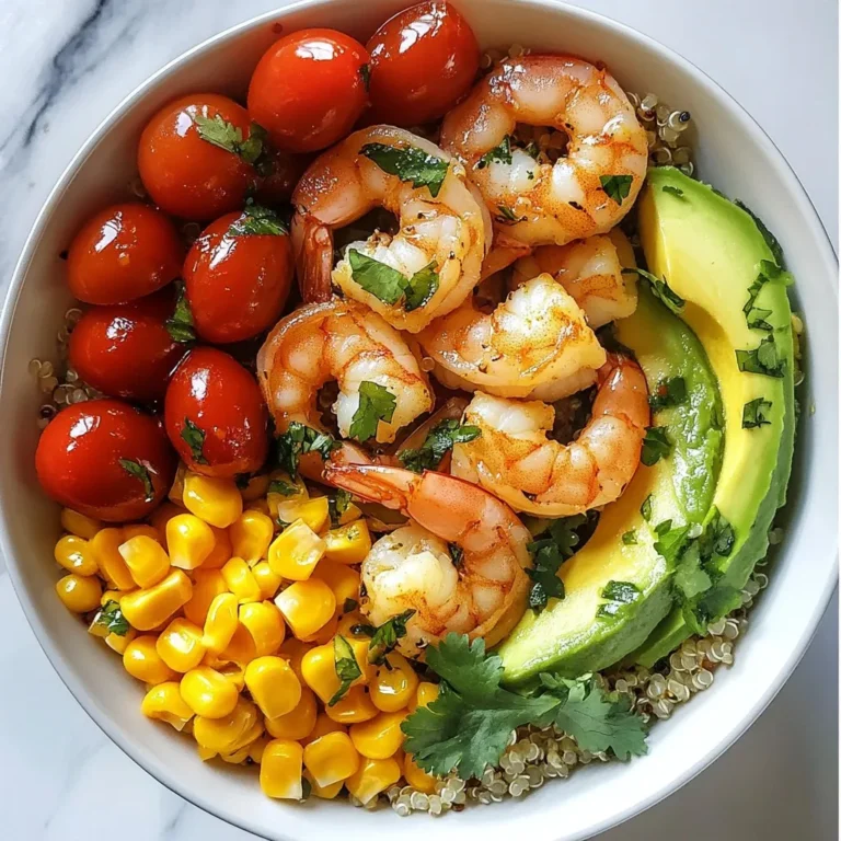- 1 lb large shrimp, peeled and deveined - 2 cups cooked quinoa (or brown rice) - 1 cup cherry tomatoes, halved - 1 avocado, sliced - 2 tablespoons olive oil - 3 cloves garlic, minced - Juice and zest of 2 limes - 1 teaspoon cumin - 1 teaspoon smoked paprika - Salt and pepper to taste - Diced red onion - Jalapeño slices - Additional cilantro for garnish The main ingredients in this bowl bring fresh flavors and nutrients. The shrimp gives protein and a sweet taste. Quinoa or brown rice serves as a hearty base. Cherry tomatoes add a nice pop of color and flavor. Sliced avocado offers creaminess that balances the dish. For the marinade, olive oil helps blend the flavors. Garlic adds depth, while lime juice and zest brighten everything up. Cumin and smoked paprika add warmth and a bit of spice. Salt and pepper enhance all these flavors. You can add some optional garnishes for extra flair. Diced red onion adds crunch. Jalapeño slices bring a spicy kick if you like heat. Fresh cilantro ties it all together with a burst of freshness. This dish is not only tasty but also healthy. It offers a balanced meal that is easy to make. Enjoy your cooking adventure with this vibrant Cilantro Lime Shrimp Bowl! {{ingredient_image_1}} First, grab a large mixing bowl. In the bowl, combine these ingredients: - 2 tablespoons olive oil - 3 cloves garlic, minced - Juice of 2 limes - Zest of 1 lime - 1 teaspoon cumin - 1 teaspoon smoked paprika - Salt and pepper to taste Stir well with a whisk or spoon. This mix will be your flavorful marinade. Now it's time for the shrimp. Add 1 pound of peeled and deveined shrimp to the marinade. Make sure each shrimp gets coated well. Let them sit for 15 to 20 minutes. This step really boosts the flavor. After the shrimp has marinated, heat a skillet over medium-high heat. When the skillet is hot, add the shrimp. Cook them for about 2 to 3 minutes on each side. Look for them to turn pink and opaque. This means they are ready to eat! Now, let's build the bowl. Start with 2 cups of cooked quinoa or brown rice at the bottom. Then, top it with the cooked shrimp. Next, add 1 cup of halved cherry tomatoes, 1 sliced avocado, and ½ cup of corn. Finally, sprinkle a generous amount of chopped fresh cilantro on top. If you want, add diced red onion or jalapeño for extra flavor. Enjoy your fresh and healthy Cilantro Lime Shrimp Bowl! When picking shrimp, I always choose wild-caught. It tastes better and is healthier. Look for large shrimp, about 16-20 per pound. This size cooks quickly and stays juicy. Check for a fresh smell, not fishy. The shells should be firm and shiny. For the best flavor, marinate your shrimp for 15-20 minutes. This lets the garlic and lime soak in. The lime juice adds a nice tang, while cumin and paprika give depth. If you marinate too long, the shrimp can become tough. So, stick to the time! Cook shrimp in a hot skillet over medium-high heat. This way, they cook quickly and evenly. Add the marinated shrimp and don’t overcrowd the pan. Cook for 2-3 minutes on each side. When they turn pink and opaque, they are ready. Remove them right away to avoid overcooking. Pro Tips Marinate for Maximum Flavor: Allow the shrimp to marinate for at least 20 minutes to fully absorb the flavors of the garlic, lime, and spices. Cooking Shrimp Perfectly: Cook the shrimp just until they turn pink and opaque; overcooking can lead to rubbery texture. Customize Your Bowl: Feel free to add other toppings like black beans, diced bell peppers, or even a drizzle of hot sauce for extra flavor. Fresh Ingredients Matter: Use fresh lime juice and cilantro for the best flavor; dried herbs and bottled lime juice won't deliver the same freshness. {{image_2}} You can change up this dish to suit your taste. Use brown rice instead of quinoa for a nuttier flavor. You can also use other grains like farro or bulgur. If you want a different protein, try chicken or tofu. Just remember to adjust cooking times. Chicken should be cooked until it reaches 165°F. Tofu needs a bit more time if you want it crispy. Consider adding spices to make the dish your own. Cumin and smoked paprika give great flavor, but you can also try chili powder or cayenne for heat. Add fresh herbs like parsley or dill for a fresh taste. A pinch of sugar can balance the lime’s tanginess. If you love garlic, add more minced cloves for a stronger taste. Get creative with your bowl! Add more veggies like bell peppers, spinach, or zucchini. You can also mix in black beans for extra protein. Try different sauces like a spicy yogurt or a drizzle of hot sauce for kick. A squeeze of lime on top before serving brightens the flavors. Enjoy experimenting with different combinations! To store your leftovers, first let the shrimp bowl cool down. Use airtight containers. This keeps the shrimp and other ingredients fresh. You can divide the bowl into single servings for easy grab-and-go meals. This method helps you enjoy your meal later without losing flavor. When it's time to eat, you can reheat the shrimp and bowl. The best way is to use a skillet. Heat it over medium-low heat. Add a splash of water or broth to keep things moist. Stir gently until warm. You can also use a microwave. Just cover the bowl with a damp paper towel to trap steam. This helps maintain flavor and texture. Yes, you can freeze parts of the bowl! However, it's best to freeze the shrimp separately. Place the shrimp in a freezer bag. Remove as much air as possible before sealing. Cooked quinoa or rice can also freeze well. Just store it in a separate container. To thaw, place the shrimp in the fridge overnight before reheating. Enjoy your meal later without losing taste! Yes, you can prepare this bowl in advance. For best results, store each component separately. Keep the shrimp, grains, and veggies in airtight containers. This method prevents sogginess and keeps flavors fresh. You can store the shrimp in the fridge for up to two days. Reheat the shrimp gently in a skillet. To save time, cook the quinoa or rice a day before. If you want alternatives to quinoa or brown rice, consider these options: - Cauliflower rice: great for low-carb diets - Barley: adds a chewy texture - Couscous: quick to cook and light - Farro: nutty flavor and hearty These options fit well in this bowl and provide unique tastes. To tell if shrimp are cooked right, look for these signs: - They turn pink and opaque. - The flesh curls into a C shape. - They feel firm to the touch. Avoid overcooking to keep them juicy. Cook them for about 2-3 minutes per side. This keeps shrimp tender and delicious. In summary, the Cilantro Lime Shrimp Bowl is a delightful mix of flavors. You saw how to prepare the marinade, cook the shrimp, and assemble the bowl. I shared tips on choosing shrimp and enhancing flavors. You can customize your bowl with various ingredients and store leftovers safely. With these steps, you’ll create a tasty dish that impresses. Enjoy your cooking, and don’t hesitate to try new flavors or ingredients!