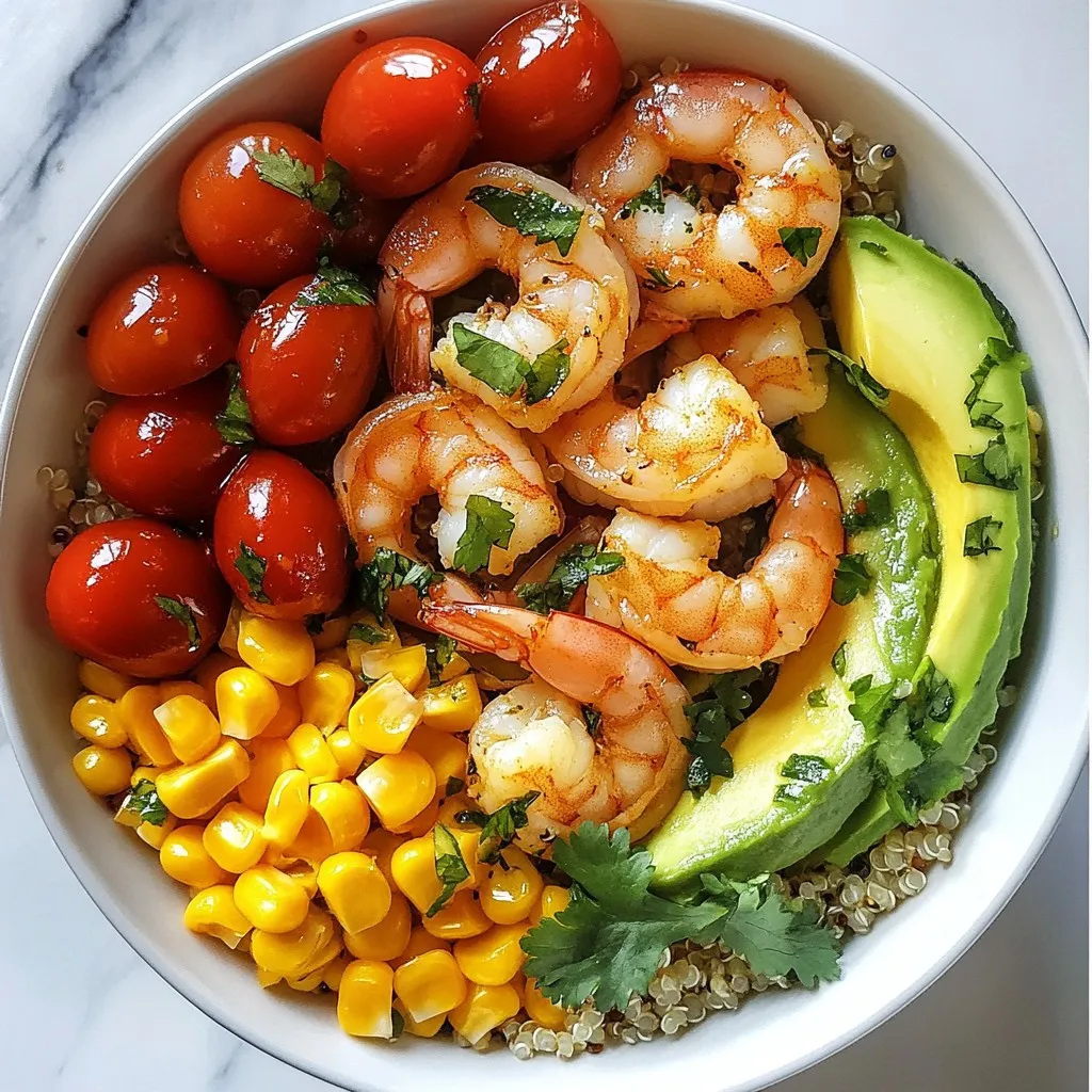 - 1 lb large shrimp, peeled and deveined - 2 cups cooked quinoa (or brown rice) - 1 cup cherry tomatoes, halved - 1 avocado, sliced - 2 tablespoons olive oil - 3 cloves garlic, minced - Juice and zest of 2 limes - 1 teaspoon cumin - 1 teaspoon smoked paprika - Salt and pepper to taste - Diced red onion - Jalapeño slices - Additional cilantro for garnish The main ingredients in this bowl bring fresh flavors and nutrients. The shrimp gives protein and a sweet taste. Quinoa or brown rice serves as a hearty base. Cherry tomatoes add a nice pop of color and flavor. Sliced avocado offers creaminess that balances the dish. For the marinade, olive oil helps blend the flavors. Garlic adds depth, while lime juice and zest brighten everything up. Cumin and smoked paprika add warmth and a bit of spice. Salt and pepper enhance all these flavors. You can add some optional garnishes for extra flair. Diced red onion adds crunch. Jalapeño slices bring a spicy kick if you like heat. Fresh cilantro ties it all together with a burst of freshness. This dish is not only tasty but also healthy. It offers a balanced meal that is easy to make. Enjoy your cooking adventure with this vibrant Cilantro Lime Shrimp Bowl! {{ingredient_image_1}} First, grab a large mixing bowl. In the bowl, combine these ingredients: - 2 tablespoons olive oil - 3 cloves garlic, minced - Juice of 2 limes - Zest of 1 lime - 1 teaspoon cumin - 1 teaspoon smoked paprika - Salt and pepper to taste Stir well with a whisk or spoon. This mix will be your flavorful marinade. Now it's time for the shrimp. Add 1 pound of peeled and deveined shrimp to the marinade. Make sure each shrimp gets coated well. Let them sit for 15 to 20 minutes. This step really boosts the flavor. After the shrimp has marinated, heat a skillet over medium-high heat. When the skillet is hot, add the shrimp. Cook them for about 2 to 3 minutes on each side. Look for them to turn pink and opaque. This means they are ready to eat! Now, let's build the bowl. Start with 2 cups of cooked quinoa or brown rice at the bottom. Then, top it with the cooked shrimp. Next, add 1 cup of halved cherry tomatoes, 1 sliced avocado, and ½ cup of corn. Finally, sprinkle a generous amount of chopped fresh cilantro on top. If you want, add diced red onion or jalapeño for extra flavor. Enjoy your fresh and healthy Cilantro Lime Shrimp Bowl! When picking shrimp, I always choose wild-caught. It tastes better and is healthier. Look for large shrimp, about 16-20 per pound. This size cooks quickly and stays juicy. Check for a fresh smell, not fishy. The shells should be firm and shiny. For the best flavor, marinate your shrimp for 15-20 minutes. This lets the garlic and lime soak in. The lime juice adds a nice tang, while cumin and paprika give depth. If you marinate too long, the shrimp can become tough. So, stick to the time! Cook shrimp in a hot skillet over medium-high heat. This way, they cook quickly and evenly. Add the marinated shrimp and don’t overcrowd the pan. Cook for 2-3 minutes on each side. When they turn pink and opaque, they are ready. Remove them right away to avoid overcooking. Pro Tips Marinate for Maximum Flavor: Allow the shrimp to marinate for at least 20 minutes to fully absorb the flavors of the garlic, lime, and spices. Cooking Shrimp Perfectly: Cook the shrimp just until they turn pink and opaque; overcooking can lead to rubbery texture. Customize Your Bowl: Feel free to add other toppings like black beans, diced bell peppers, or even a drizzle of hot sauce for extra flavor. Fresh Ingredients Matter: Use fresh lime juice and cilantro for the best flavor; dried herbs and bottled lime juice won't deliver the same freshness. {{image_2}} You can change up this dish to suit your taste. Use brown rice instead of quinoa for a nuttier flavor. You can also use other grains like farro or bulgur. If you want a different protein, try chicken or tofu. Just remember to adjust cooking times. Chicken should be cooked until it reaches 165°F. Tofu needs a bit more time if you want it crispy. Consider adding spices to make the dish your own. Cumin and smoked paprika give great flavor, but you can also try chili powder or cayenne for heat. Add fresh herbs like parsley or dill for a fresh taste. A pinch of sugar can balance the lime’s tanginess. If you love garlic, add more minced cloves for a stronger taste. Get creative with your bowl! Add more veggies like bell peppers, spinach, or zucchini. You can also mix in black beans for extra protein. Try different sauces like a spicy yogurt or a drizzle of hot sauce for kick. A squeeze of lime on top before serving brightens the flavors. Enjoy experimenting with different combinations! To store your leftovers, first let the shrimp bowl cool down. Use airtight containers. This keeps the shrimp and other ingredients fresh. You can divide the bowl into single servings for easy grab-and-go meals. This method helps you enjoy your meal later without losing flavor. When it's time to eat, you can reheat the shrimp and bowl. The best way is to use a skillet. Heat it over medium-low heat. Add a splash of water or broth to keep things moist. Stir gently until warm. You can also use a microwave. Just cover the bowl with a damp paper towel to trap steam. This helps maintain flavor and texture. Yes, you can freeze parts of the bowl! However, it's best to freeze the shrimp separately. Place the shrimp in a freezer bag. Remove as much air as possible before sealing. Cooked quinoa or rice can also freeze well. Just store it in a separate container. To thaw, place the shrimp in the fridge overnight before reheating. Enjoy your meal later without losing taste! Yes, you can prepare this bowl in advance. For best results, store each component separately. Keep the shrimp, grains, and veggies in airtight containers. This method prevents sogginess and keeps flavors fresh. You can store the shrimp in the fridge for up to two days. Reheat the shrimp gently in a skillet. To save time, cook the quinoa or rice a day before. If you want alternatives to quinoa or brown rice, consider these options: - Cauliflower rice: great for low-carb diets - Barley: adds a chewy texture - Couscous: quick to cook and light - Farro: nutty flavor and hearty These options fit well in this bowl and provide unique tastes. To tell if shrimp are cooked right, look for these signs: - They turn pink and opaque. - The flesh curls into a C shape. - They feel firm to the touch. Avoid overcooking to keep them juicy. Cook them for about 2-3 minutes per side. This keeps shrimp tender and delicious. In summary, the Cilantro Lime Shrimp Bowl is a delightful mix of flavors. You saw how to prepare the marinade, cook the shrimp, and assemble the bowl. I shared tips on choosing shrimp and enhancing flavors. You can customize your bowl with various ingredients and store leftovers safely. With these steps, you’ll create a tasty dish that impresses. Enjoy your cooking, and don’t hesitate to try new flavors or ingredients!