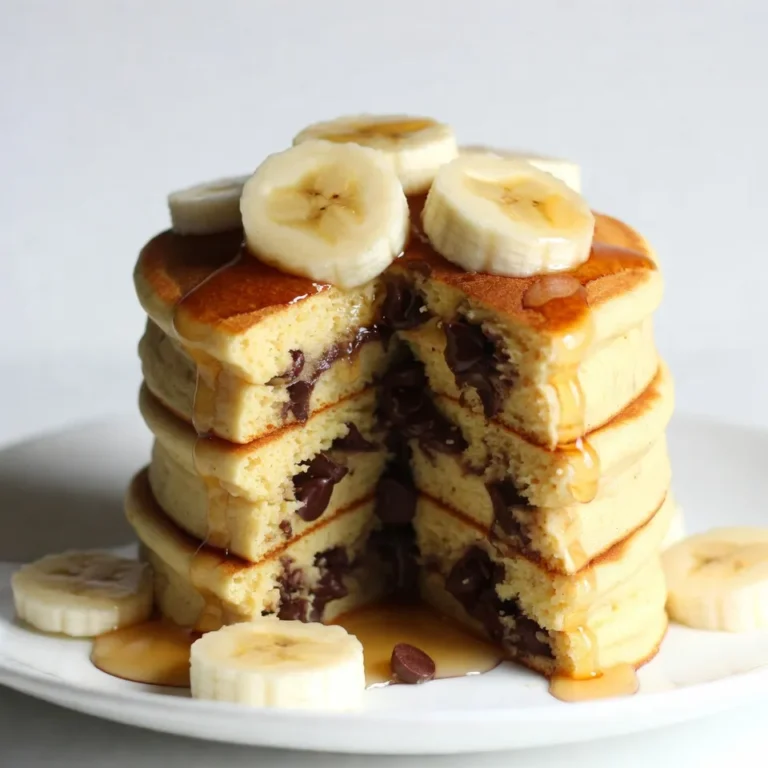 To make these tasty banana chocolate chip pancakes, you will need: - 1 cup all-purpose flour - 1 tablespoon baking powder - 1/2 teaspoon salt - 1 tablespoon sugar - 1 large ripe banana, mashed - 1 cup milk (dairy or non-dairy) - 1 large egg - 2 tablespoons melted butter (or coconut oil) - 1/2 cup semi-sweet chocolate chips - Extra banana slices for garnish - Maple syrup for serving If you want to change things up, here are some options: - Use whole wheat flour instead of all-purpose flour for more fiber. - Replace the milk with almond or oat milk for a dairy-free option. - Swap the sugar for honey or maple syrup for a natural sweetener. - Try using flax eggs instead of a regular egg for a vegan version. These pancakes taste great with different toppings. Here are some ideas: - Fresh banana slices add a lovely touch. - A sprinkle of nuts like walnuts or pecans gives crunch. - Yogurt or whipped cream makes them extra creamy. - Add a drizzle of chocolate sauce for a sweet finish. {{ingredient_image_1}} First, grab a large mixing bowl. Add 1 cup of all-purpose flour. Next, add 1 tablespoon of baking powder, 1/2 teaspoon of salt, and 1 tablespoon of sugar. Whisk these dry ingredients well until they mix together. This step is key for even pancakes. In another bowl, take 1 large ripe banana. Mash it well with a fork until smooth. Then, add 1 cup of milk, 1 large egg, and 2 tablespoons of melted butter or coconut oil. Mix these wet ingredients until fully blended. This helps create a rich flavor in your pancakes. Heat a non-stick skillet over medium heat. Lightly grease it with oil or butter. Pour about 1/4 cup of batter onto the skillet for each pancake. Cook until bubbles form, about 2 to 3 minutes. Flip the pancakes and cook for another 2 to 3 minutes, until golden brown. Remove the pancakes and keep them warm while you cook the rest. Serve warm with extra banana slices and maple syrup on top. Enjoy your delicious creation! To make the best batter, start with dry and wet mixes. In one bowl, mix the flour, baking powder, salt, and sugar. In another bowl, mash the ripe banana. Then add milk, egg, and melted butter. Combine the two bowls gently. You want a few lumps in the batter. This keeps the pancakes soft. For fluffy pancakes, heat your skillet well. Use medium heat and add a little oil. Pour about 1/4 cup of batter for each pancake. Wait until bubbles appear on top, around 2-3 minutes. Flip the pancake and cook until golden brown. This technique keeps the inside soft and fluffy. Serve these pancakes warm with extra banana slices on top. A drizzle of maple syrup adds sweetness. You can also add nuts or berries for extra flavor. Try serving with yogurt or whipped cream for a treat. Enjoy your pancake stack as a special breakfast or brunch! Pro Tips Use Ripe Bananas: The riper the banana, the sweeter and more flavorful your pancakes will be. Look for bananas with brown spots for the best taste! Don’t Over-Mix: Mix the batter just until combined. Lumps are okay! Over-mixing can lead to tough pancakes. Adjust Heat Carefully: Cooking pancakes at medium heat is key. If they brown too quickly, lower the heat to ensure they cook through without burning. Experiment with Add-Ins: Feel free to customize your pancakes by adding nuts, berries, or different types of chocolate chips for a unique twist! {{image_2}} You can easily make these pancakes vegan. Replace the egg with a flax egg. Mix one tablespoon of flaxseed meal with three tablespoons of water. Let it sit for a few minutes to thicken. Use almond milk or oat milk instead of dairy milk. For gluten-free pancakes, swap all-purpose flour for gluten-free flour. Look for a blend that works well in baking. Both options taste great and keep the pancakes fluffy. Adding nuts or berries brings fun twists to your pancakes. Chopped walnuts or pecans add crunch and flavor. You can mix in about a quarter cup of nuts. Fresh or frozen blueberries or strawberries also work well. Just fold them into the batter gently. This makes each bite a delicious surprise. Feel free to get creative with your add-ins! Try adding pumpkin puree for a fall vibe. About half a cup of pumpkin gives a lovely flavor. You can also mix in spices like cinnamon and nutmeg. This warms up your pancakes and matches the season. You can adjust the sweetness by adding more sugar or maple syrup. These seasonal changes keep your banana chocolate chip pancakes exciting all year round! Store leftover pancakes in an airtight container. Place parchment paper between each pancake to prevent sticking. You can keep them in the fridge for up to three days. This keeps them fresh and tasty. To reheat pancakes, use a microwave or skillet. For the microwave, heat each pancake for about 20-30 seconds. If using a skillet, warm them on low heat for 1-2 minutes on each side. This keeps them soft and delicious. You can freeze pancakes for later use. First, let the pancakes cool completely. Then, stack them with parchment paper in between. Place the stack in a freezer-safe bag. They can last up to three months in the freezer. To enjoy, just thaw and reheat. Yes, you can make these pancakes ahead of time. Cook the pancakes as usual and let them cool. Then, place them in an airtight container. Store them in the fridge for up to three days. You can also freeze them. Just layer parchment paper between pancakes to stop them from sticking. When you’re ready to eat, reheat them in the toaster or microwave. The best way to mash bananas is simple. Use a fork and place the ripe banana in a bowl. Press down on the banana with the fork until it becomes smooth. For a creamier texture, you can use a potato masher. Make sure to use ripe bananas. They are sweeter and easier to mash. You can definitely substitute the chocolate chips! If you want a healthier option, try using chopped nuts or dried fruit. You can also use dark chocolate or white chocolate chips for a different taste. If you prefer no chocolate, add more banana or cinnamon for extra flavor. We covered all you need for making great pancakes. You learned about key ingredients, simple steps, helpful tips, tasty variations, and storage methods. Remember, pancakes are versatile and fun! Feel free to try new flavors or dietary options. They can be a quick meal or a fun treat. Use what you’ve learned to impress your friends and family with delicious pancakes. Enjoy your cooking journey and make breakfast special every time.