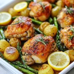 - 4 bone-in, skin-on chicken thighs - 2 cups baby potatoes, halved - 1 bunch asparagus, trimmed - 1 lemon, zested and juiced - 1 tablespoon fresh rosemary, chopped - 1 tablespoon fresh thyme, chopped - 4 cloves garlic, minced - Salt and pepper to taste - 2 tablespoons olive oil For this Lemon Herb Chicken Sheet Pan Dinner, the main ingredients play a key role. The chicken thighs bring rich flavor and a juicy texture. I love using bone-in, skin-on thighs for the best taste. The baby potatoes add a hearty touch, and the asparagus gives a fresh crunch. The lemon zest and juice brighten the dish. This citrus flavor pairs well with the herbs. Fresh rosemary and thyme enhance the meal with their aromatic notes. Garlic, salt, and pepper round out the seasoning. Using olive oil helps everything roast beautifully. It also keeps the chicken skin crispy. Each ingredient works together to create a tasty and colorful dinner. You can easily find all these ingredients at your local grocery store. {{ingredient_image_1}} 1. First, preheat your oven to 425°F (220°C). This heat will help cook everything evenly. 2. In a small bowl, mix the lemon juice, lemon zest, minced garlic, olive oil, chopped rosemary, chopped thyme, salt, and pepper. This is your lemon herb mixture. 3. Next, take a large bowl and add the chicken thighs. Pour half of the lemon herb mixture over the chicken. Toss it well until each piece is coated. 4. Let the chicken marinate for at least 15 minutes. If you have time, let it sit for up to an hour in the fridge. This makes the flavor stronger. 1. On a large sheet pan, arrange the halved baby potatoes, cut side up. Drizzle them with a bit of olive oil, salt, and pepper. Roast the potatoes in the preheated oven for 10 minutes. This gives them a nice start. 2. After 10 minutes, take the pan out of the oven. Add the marinated chicken thighs to the pan, skin side up. Drizzle any remaining herb mixture over the chicken. 3. Roast the chicken and potatoes for another 20 minutes. 4. After 20 minutes, add the trimmed asparagus to the sheet pan. Toss the asparagus lightly in the drippings. Roast for another 10 to 15 minutes. Make sure the chicken reaches an internal temperature of 165°F (74°C) and the veggies are tender. 5. Once it’s done, let the dish rest for a few minutes before serving. This helps the flavors settle. To get the best flavor, marinate the chicken for at least 15 minutes. For even more taste, let it sit for up to 1 hour in the fridge. This helps the chicken soak up all the herbs and lemon. When cooking, set your oven to a high heat of 425°F (220°C). This temperature helps the chicken skin become crispy while keeping the meat juicy. Make sure the chicken reaches an internal temperature of 165°F (74°C) for safe eating. For a rustic look, serve directly from the pan. This adds a homey feel to your meal. You can also plate the chicken and veggies neatly for a fancy touch. Garnish with lemon wedges and fresh herbs. This adds color and freshness to your dish. Pair this meal with a simple side salad or crusty bread. Both options enhance the meal and balance the flavors nicely. Pro Tips Marinate for Maximum Flavor: Allow the chicken to marinate for at least 1 hour in the fridge. This enhances the flavors and ensures a juicy, tender result. Even Cooking: Make sure to arrange the chicken thighs and vegetables in a single layer on the sheet pan. This helps them cook evenly and promotes browning. Test for Doneness: Use a meat thermometer to check the internal temperature of the chicken. It should reach 165°F (74°C) to be safe for consumption. Customize Your Veggies: Feel free to swap out the asparagus for other seasonal vegetables like broccoli or bell peppers for a different flavor profile and texture. {{image_2}} You can change up the veggies in this dish. Instead of baby potatoes, try sweet potatoes or carrots. They add a nice touch of sweetness. For a crisp bite, you might use bell peppers or Brussels sprouts. Each option brings a different flavor and texture. If you want to use boneless chicken, that works too. Boneless thighs or breasts cook faster. Just be careful not to dry them out. You can still marinate them the same way. To make this dish special, mix in different herbs. Basil or parsley can give a fresh twist. You might also try oregano for a more Mediterranean feel. Don’t just stop at lemon. Lime or orange can add a fun zest. They brighten up the dish in their own way. A splash of vinegar can also bring in a nice tang. These small changes let you enjoy new flavors every time you make this meal. To keep your Lemon Herb Chicken Sheet Pan Dinner fresh, first cool the leftovers. Place the chicken and veggies in an airtight container. This helps keep flavors strong. Store them in the fridge for up to four days. If you want to keep leftovers longer, freezing is a great option. Wrap individual portions in plastic wrap. Then, place them in a freezer bag. This method protects against freezer burn. You can freeze the dish for up to three months. When it’s time to enjoy leftovers, you have two main options: microwave or oven. For the microwave: Place the chicken and veggies on a plate. Cover them with a damp paper towel. Heat in short bursts, checking often to avoid overcooking. For the oven: Preheat it to 350°F (175°C). Place your chicken and veggies on a baking sheet. Heat for about 20 minutes, or until warm. This method helps keep the chicken skin crispy. Regardless of your method, check the chicken's temperature. It should reach 165°F (74°C) for safe eating. Enjoy your meal again with its zesty flavors intact! Can I use other types of chicken? Yes, you can! Feel free to swap chicken thighs for chicken breasts or drumsticks. Just keep in mind that cooking times may change. Breasts cook faster, while drumsticks may take longer. Always check the internal temperature for safety. What other vegetables can I add? You have many choices! Carrots, bell peppers, and zucchini all work well. Just be sure to cut them into similar sizes for even cooking. You can even mix in some cherry tomatoes for a burst of flavor. How do I know when the chicken is done? The best way is to use a meat thermometer. The chicken should reach an internal temperature of 165°F (74°C). You can also check that the juices run clear when you cut into it. If it’s pink, it needs more time. Can I prepare this meal in advance? Absolutely! You can marinate the chicken up to a day ahead. Just keep it in the fridge until you’re ready to cook. For vegetables, you can chop them ahead of time as well. Just store them in an airtight container. This dish brings together simple, fresh ingredients for a tasty meal. We started with bone-in chicken thighs, paired with baby potatoes and asparagus. The lemon zest adds bright flavor, while garlic and herbs bring depth. I shared key tips on marination and cooking times to achieve the best taste. Experiment with ingredient swaps and try new herbs to keep it interesting. Don’t forget storage tips for leftovers. Enjoy making your own version of this simple, delicious dish!