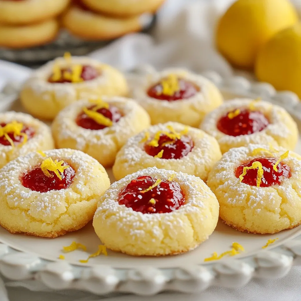To make Lemon Raspberry Thumbprint Cookies, you need the following: - 1 cup unsalted butter, softened - 1 cup granulated sugar - 1 large egg yolk - 2 tablespoons lemon juice - Zest of 1 lemon - 2 cups all-purpose flour - 1/2 teaspoon baking powder - 1/4 teaspoon salt - 1/2 cup raspberry jam (seedless for smooth texture) - Powdered sugar for dusting (optional) These ingredients create a perfect balance of flavors. The butter gives the cookies a rich taste, while the lemon adds brightness and zest. The raspberry jam brings sweetness and a lovely color. You can swap some ingredients if needed: - Butter: Use coconut oil for a dairy-free option. - Granulated Sugar: Try using brown sugar for a deeper flavor. - Egg Yolk: Substitute with 1 tablespoon of applesauce to make it egg-free. - All-Purpose Flour: Use almond flour for a gluten-free version. - Raspberry Jam: Any fruit jam works well. Try strawberry or blueberry for a twist. These substitutions can change the taste but keep the spirit of the cookie. To bake these cookies, you will need some basic tools: - Mixing bowls - Whisk - Baking sheet - Parchment paper - Measuring cups and spoons - Spoon for jam Having the right tools makes the process easier. Make sure your oven is preheated so that your cookies bake evenly. {{ingredient_image_1}} Start by gathering your ingredients. You will need butter, sugar, egg yolk, lemon juice, lemon zest, flour, baking powder, salt, and raspberry jam. Preheat your oven to 350°F (175°C) and line a baking sheet with parchment paper. This makes cleanup easier later. In a large bowl, cream together the softened butter and granulated sugar. Mix this until it is light and fluffy, which takes about 3 to 4 minutes. Next, add the egg yolk, lemon juice, and lemon zest. Beat these ingredients until they blend well. In another bowl, whisk together the all-purpose flour, baking powder, and salt. Gradually add this dry mix to the wet ingredients. Mix just until everything comes together. It is important not to overmix, as this can make the cookies tough. Now, roll the dough into balls about 1 inch wide. Place them about 2 inches apart on your baking sheet. Use your thumb or the back of a spoon to press a small dent in the center of each ball. This is where the jam will go. Spoon about half a teaspoon of raspberry jam into each indentation. This adds a sweet and tangy flavor to your cookies. Place the baking sheet in your oven and bake for 12 to 15 minutes. Keep an eye on them—the edges should turn lightly golden when they are done. Remove the cookies from the oven and let them sit on the baking sheet for a few minutes. This helps them set. After that, transfer them to a wire rack to cool completely. Once the cookies are cool, you can dust them with powdered sugar if you like a touch of sweetness. These cookies are perfect for sharing with friends or enjoying with a cup of tea. For a fun twist, serve them with extra raspberry jam on the side. These little treats are sure to be a hit! To get the best texture for your cookies, start with softened butter. Softened butter mixes well with sugar. This creates a light and fluffy base. Mix the butter and sugar for about three to four minutes. This step is key to airy cookies. When adding the dry mix, do not overmix. Just stir until you can’t see the flour. This helps keep the cookies tender. One common mistake is not measuring flour correctly. Too much flour can make cookies dry. Use the scoop-and-level method for accuracy. Another mistake is baking at the wrong temperature. Always preheat your oven to 350°F (175°C). This ensures even baking. Lastly, don’t skip the raspberry jam. It adds great flavor and moisture to the cookies. To boost the flavor, use fresh lemon zest. This adds brightness to the cookies. You can also try different jams. Strawberry or blueberry can add a fun twist. If you want a richer taste, add a pinch of vanilla extract. For a touch of spice, consider adding a bit of cinnamon. These small changes can make a big difference in your cookies. Pro Tips Use Room Temperature Butter: Ensure your butter is at room temperature for easier creaming with sugar, resulting in a lighter texture. Chill the Dough: If the dough feels too soft to shape, chill it in the refrigerator for 15-30 minutes to make it easier to handle. Experiment with Jams: Feel free to substitute raspberry jam with other flavors like strawberry or blueberry for a delightful twist. Store Properly: Keep cookies in an airtight container at room temperature to maintain freshness for up to a week. {{image_2}} You can change the flavor of these cookies easily. Instead of raspberry jam, try other jams. Strawberry, blueberry, or even apricot can work well. Each jam brings its unique taste. You can also mix flavors. Use lemon curd for a zesty twist. This will make the cookies even more refreshing. Consider adding spices like cinnamon or ginger to the dough for warmth. A pinch of almond extract can enhance the flavor too. If you need gluten-free cookies, I have a simple fix. Swap out all-purpose flour for a gluten-free blend. Look for a blend that contains xanthan gum, or add 1/4 teaspoon of it to your mix. This will help the cookies hold together. Make sure your jam is gluten-free too. Always check labels, as some brands may add gluten-containing ingredients. To make these cookies vegan, replace the butter and egg yolk. Use coconut oil or vegan butter instead of regular butter. For the egg yolk, try 1/4 cup of unsweetened applesauce. This keeps the cookies moist and tasty. Use a plant-based milk like almond or soy to replace the lemon juice if needed. Choose a vegan jam to fill the cookies. This way, everyone can enjoy a delightful treat! To keep your Lemon Raspberry Thumbprint Cookies fresh, store them in an airtight container. This keeps them moist and flavorful. If you stack the cookies, place parchment paper between layers. This prevents them from sticking together. Store the container in a cool, dry place away from direct sunlight. Freezing these cookies is easy! First, let them cool completely. Then, place them in a single layer on a baking sheet. Freeze until firm, about one hour. After that, transfer them to a freezer bag or container. Be sure to remove as much air as possible before sealing. You can freeze them for up to three months. Thaw them in the fridge overnight when you're ready to enjoy. These cookies stay fresh for about a week when stored properly. If you freeze them, they can last up to three months without losing flavor. Always check for any signs of spoilage before eating. Yes, you can use fresh raspberries. Just mash them gently. This makes a fresh filling. However, fresh fruit might not hold its shape. Jam gives a nice, sweet burst. Seedless jam is smooth and easy to use. To make cookies softer, add more butter. You can also bake for a shorter time. A little extra egg yolk can help too. Chewy cookies need a bit more brown sugar. This adds moisture and a nice texture. You can dust cookies with powdered sugar for a sweet look. A drizzle of lemon icing adds a nice touch. Use a simple mix of lemon juice and powdered sugar. It’s easy and looks lovely. Add some zest for extra flair. In this post, we covered the key ingredients and baking steps for delicious lemon raspberry thumbprint cookies. I shared tips to perfect texture and avoid common mistakes. You can explore many variations, like gluten-free and vegan options, to suit your needs. Remember to store your cookies properly for the best taste. Baking should be fun and creative. Enjoy making these treats with your own twist!