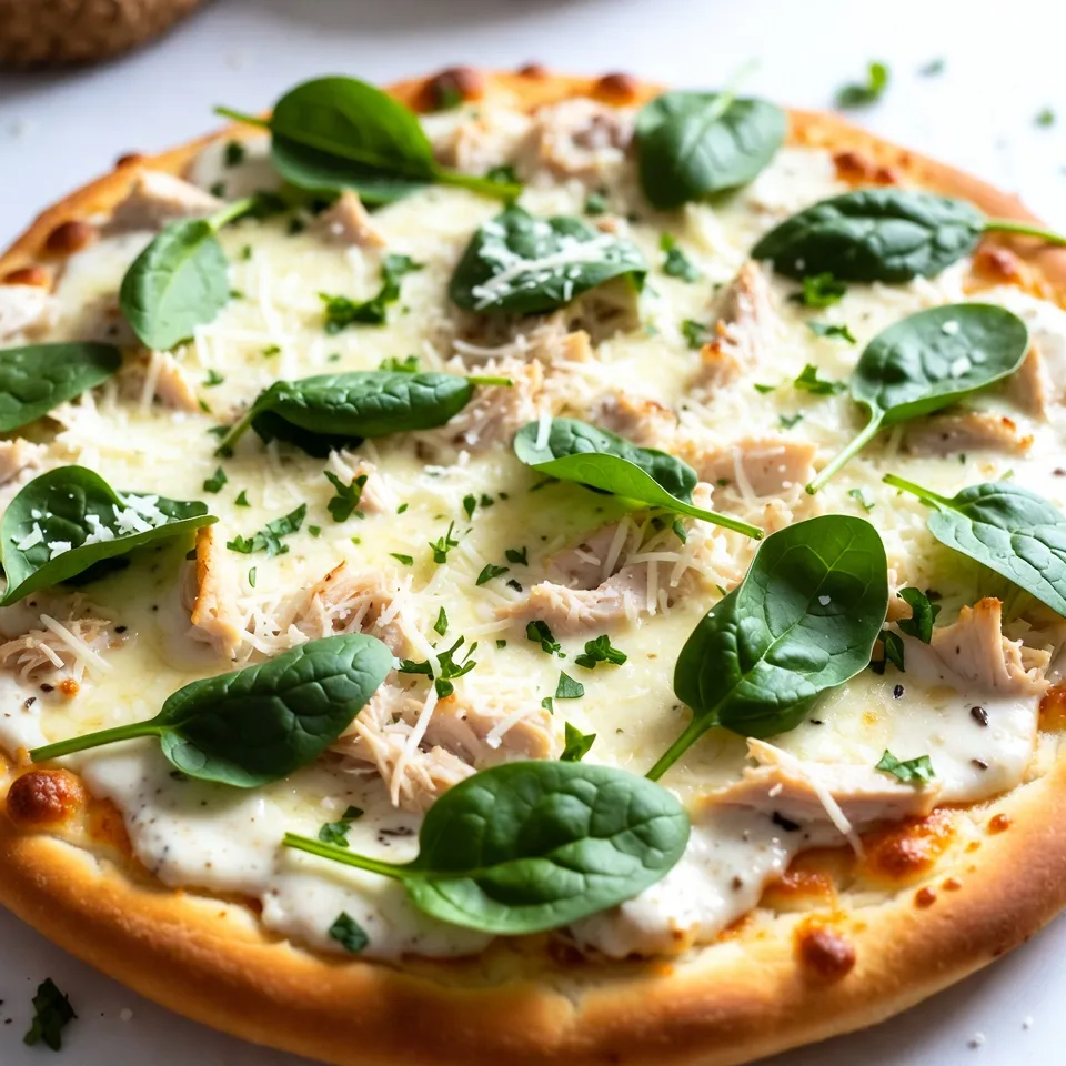 - 1 pizza dough (store-bought or homemade) - 1 cup cooked chicken breast, shredded - 1 cup Alfredo sauce (store-bought or homemade) - 1 ½ cups shredded mozzarella cheese - ½ cup grated Parmesan cheese - 1 teaspoon garlic powder - ½ teaspoon Italian seasoning - 1 cup fresh baby spinach - 1 tablespoon olive oil - Salt and pepper to taste - Fresh parsley, chopped (for garnish) When I make Chicken Alfredo Pizza, I focus on quality and freshness. The pizza dough serves as the base. You can buy it or make it at home. I often choose store-bought for speed. For the chicken, I use shredded cooked chicken breast. It adds protein and flavor. The Alfredo sauce is rich and creamy, making the pizza taste amazing. I recommend using homemade sauce when you can, but store-bought works well too. Now let’s talk about cheese. I use mozzarella for its meltiness. For a tangy kick, I add Parmesan. Garlic powder and Italian seasoning give it a delightful flavor boost. Don't forget the fresh baby spinach! It adds color and a healthy touch. A little olive oil keeps the crust from getting soggy. I always season with salt and pepper to enhance all the flavors. Lastly, I finish with fresh parsley as a garnish. It adds a nice pop of color and freshness. Each ingredient plays a key role in making this pizza a hit! {{ingredient_image_1}} 1. Preheat your oven to 475°F (245°C). If you have a pizza stone, place it inside to heat. 2. Roll out the pizza dough on a floured surface. Aim for about 12 inches in size. 1. Brush the rolled-out dough lightly with olive oil. This keeps it from getting soggy. 2. Spread the alfredo sauce evenly on the dough. Leave a small edge around it. 3. Sprinkle shredded mozzarella cheese over the sauce. Make sure it covers everything. 4. Add the shredded chicken on top of the cheese. Season with garlic powder, Italian seasoning, salt, and pepper. 5. Place fresh spinach leaves over the chicken. Top with grated Parmesan cheese for extra flavor. 1. Carefully place the pizza in the oven or on the pizza stone. Bake it for 12-15 minutes. Look for a golden brown crust and bubbly cheese. 2. After baking, take the pizza out and let it cool for a minute. 3. Slice the pizza into wedges. Garnish with fresh parsley for a nice touch. Choosing the right thickness is key. I like my dough about ¼ inch thick. This gives the crust a nice bite without being too heavy. If you prefer a thinner crust, roll it out to ⅛ inch. For a thicker crust, go up to ½ inch. To get a crispy crust, brush olive oil on the dough before adding toppings. This keeps moisture out. You can also pre-bake the crust for 5 minutes before adding sauce and toppings. This method helps the bottom stay crisp. Seasoning is important for great taste. I add garlic powder and Italian seasoning to the chicken. This gives it a nice flavor boost. You can also try adding some crushed red pepper flakes for extra heat. For variety, consider toppings like mushrooms, bell peppers, or artichokes. These add color and flavor. You can even switch the cheese. Try using gouda or provolone for a different twist. Pair your Chicken Alfredo Pizza with a fresh salad. A simple green salad with lemon vinaigrette works well. You can also serve it with garlic bread for extra indulgence. For drinks, a light white wine pairs nicely. If you prefer non-alcoholic options, try sparkling water with lemon. This balances the rich flavors of the pizza. Pro Tips Use Fresh Ingredients: Fresh spinach and high-quality cheese will elevate the flavors of your pizza, making it more delicious. Customize Your Toppings: Feel free to add other toppings such as mushrooms, bell peppers, or artichokes for extra flavor and texture. Perfect Your Crust: For a crispier crust, pre-bake the dough for a few minutes before adding your toppings. Let It Rest: Allow the pizza to cool for a minute before slicing to help the cheese set and prevent it from sliding off. {{image_2}} You can switch up the flavor of your Chicken Alfredo Pizza by using different sauces. - Pesto Chicken Alfredo Pizza: Swap the alfredo sauce for pesto. This gives a fresh, herby taste that pairs well with chicken. - White Garlic Sauce option: Use a creamy white garlic sauce. This adds a rich and bold flavor that enhances every bite. You can also change the protein in your pizza to mix things up. - Substituting chicken with shrimp or bacon: Shrimp offers a light, sweet taste. Bacon adds a smoky crunch that makes the pizza more exciting. - Vegetarian option without meat: Skip the meat and load up on veggies like bell peppers, mushrooms, and olives. This keeps it hearty and satisfying without meat. If you have dietary needs, you can still enjoy this pizza. - Gluten-free pizza dough options: Look for gluten-free dough at the store or make your own with almond flour. This allows those with gluten sensitivities to enjoy pizza night. - Low-carb variations: Try using a cauliflower crust instead of traditional dough. It’s a great way to cut carbs while enjoying the same flavors. These variations let you personalize your Chicken Alfredo Pizza. You can experiment with flavors, textures, and dietary needs to make it your own. To keep your Chicken Alfredo Pizza fresh, store it properly. First, let the pizza cool completely. Then, place slices in an airtight container. You can also wrap them in plastic wrap. This helps keep the moisture in. Your pizza lasts about 3 to 4 days in the fridge. Check for any signs of spoilage before eating. If it looks or smells off, it’s best to toss it. If you want to keep your pizza longer, freezing is a great option. Wrap each slice tightly in plastic wrap. Then, place them in a freezer bag. This way, they stay fresh for up to 2 months. To reheat, remove the pizza from the freezer. Let it thaw in the fridge overnight. You can heat it in the oven at 375°F (190°C) for about 10-15 minutes. This helps keep the crust crispy and the cheese gooey. Enjoy your tasty leftovers! Chicken Alfredo Pizza is a tasty dish that combines two favorites: pizza and Alfredo sauce. It features a creamy base made from Alfredo sauce, topped with shredded chicken, cheese, and fresh spinach. Ingredients breakdown: - Pizza dough: You can use store-bought or homemade. - Cooked chicken breast: Shredded for easy topping. - Alfredo sauce: Creamy and rich, this serves as the base. - Cheeses: Shredded mozzarella for melting and grated Parmesan for flavor. - Baby spinach: Adds color and freshness. This pizza is both filling and comforting, perfect for a family meal. Yes, you can prepare Chicken Alfredo Pizza ahead of time. Here are some tips for easy prep: - Dough: You can roll out the dough and store it in the fridge. - Sauce and Toppings: Prepare the Alfredo sauce and toppings in advance. Keep them in separate containers. - Assembly: Assemble the pizza just before baking to keep it fresh. This way, you save time and can enjoy a quick meal. Reheating Chicken Alfredo Pizza is simple. Here are the best practices to keep it fresh: - Oven Method: Preheat your oven to 350°F (175°C). Place the pizza on a baking sheet and heat for about 10-15 minutes. - Skillet Method: Heat a non-stick skillet over low heat. Place the pizza in the skillet and cover it. Cook for about 5-7 minutes until warmed through. These methods help maintain the crust's crispness and the toppings' flavor. In this blog post, I covered how to make Chicken Alfredo Pizza from scratch. We explored the key ingredients, step-by-step instructions, and helpful tips for a perfect pizza. I also offered variations, storage advice, and answers to common questions. With these details, you can create a delicious meal that impresses everyone. Enjoy making and sharing your Chicken Alfredo Pizza!