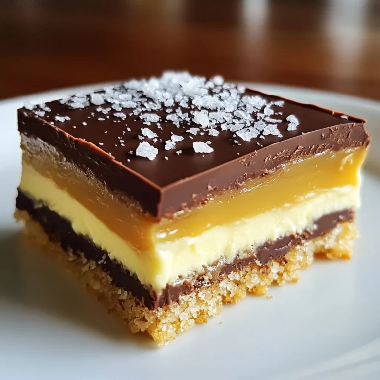 To make a Chocolate Caramel Slice, gather these simple ingredients: - 1 ½ cups digestive biscuits, crushed - ½ cup unsalted butter, melted - 1 can (14 oz) sweetened condensed milk - ¼ cup golden syrup (or light corn syrup) - ¼ cup brown sugar, packed - 200g dark chocolate, chopped - 2 tablespoons coconut oil - Sea salt flakes for garnish These ingredients come together to create a rich and tasty dessert. The digestive biscuits form a solid base. The melted butter helps bind them together. Sweetened condensed milk adds creaminess to the caramel. Golden syrup gives a hint of sweetness. Brown sugar adds depth to the flavor. Dark chocolate provides a rich topping. Coconut oil keeps the chocolate smooth. Finally, sea salt flakes enhance the taste. Having these ingredients on hand makes it easy to whip up this treat. You can find most of them at your local store. If you want to switch things up, there are alternatives. For example, use graham crackers instead of digestive biscuits. The result will still be delicious! {{ingredient_image_1}} - In a medium bowl, mix 1 ½ cups of crushed digestive biscuits with ½ cup of melted unsalted butter. Use a fork to combine them well. - Press this mixture firmly into the base of a lined 8x8 inch baking pan. Make sure it’s even and smooth. - Chill the base in the fridge for 30 minutes. This helps it set and become firm. - In a medium saucepan, combine 1 can of sweetened condensed milk, ¼ cup of golden syrup, and ¼ cup of brown sugar. - Cook the mixture over medium heat. Stir it continuously for about 8 to 10 minutes. You want it to thicken and turn a golden color. - Be careful not to let it boil. Once ready, pour the caramel over the chilled biscuit base. Spread it evenly. - In a small saucepan or microwave, melt 200g of dark chocolate with 2 tablespoons of coconut oil. Stir until it’s smooth and shiny. - Pour the melted chocolate over the caramel layer. Use a spatula to spread it evenly across the top. - Let the slice set in the refrigerator for at least 2 hours. It should be completely firm before you cut it. - Once set, remove it from the pan and cut it into squares. - Sprinkle a light pinch of sea salt flakes on top of each piece for a tasty finish. To make great caramel, you must watch the heat. Keep it on medium. Stir the mixture often to stop it from burning. You want a thick, golden caramel. If it’s too thin, cook it longer. The sugar must dissolve well for the best taste. When melting chocolate, use a double boiler or microwave. In the microwave, heat in short bursts. Stir between each burst to prevent clumping. Be careful not to overcook the chocolate. It should be smooth and shiny, not hard. For a lovely presentation, cut the slice into neat squares. Place them on a decorative plate. Drizzle extra caramel sauce for flair. Pair your slice with coffee or tea. A scoop of ice cream also works well. Enjoy your delicious treat! Pro Tips Use Fresh Ingredients: Always opt for fresh, high-quality dark chocolate and butter to enhance the flavor of the slice. Chill Between Layers: Ensure each layer is fully chilled before adding the next to maintain distinct layers and prevent mixing. Customize Your Toppings: Feel free to get creative! Add nuts, dried fruits, or even a drizzle of white chocolate on top for extra flair. Storage Tips: Store the slices in an airtight container in the fridge to keep them fresh and to maintain their texture for up to a week. {{image_2}} You can easily change the flavors in your chocolate caramel slice. Adding nuts or seeds gives a nice crunch. Try chopped almonds or walnuts for a tasty twist. You can also sprinkle in some seeds like pumpkin or sunflower for a boost of nutrition. Incorporating flavors like sea salt caramel is another great option. The salt enhances the sweet taste. Just sprinkle a bit of sea salt on the caramel layer before adding the chocolate. You'll love the balance of sweet and salty. If you need gluten-free options, swap the digestive biscuits for gluten-free cookies. They work just as well and keep the slice delicious. You can also check labels to ensure the other ingredients are gluten-free. For dairy-free alternatives, use coconut milk instead of sweetened condensed milk. There are many dairy-free dark chocolates available too. This way, everyone can enjoy this treat! You can add extra layers or toppings to your chocolate caramel slice. For instance, try a layer of peanut butter before the chocolate topping. This adds a rich, nutty flavor. You can also make chocolate caramel slice bars. Just cut them into smaller pieces for easy serving. These bite-sized treats are perfect for parties or snacks. To keep your chocolate caramel slice fresh, follow these tips: - Use an airtight container: This helps prevent moisture and keeps flavors intact. - Store in the fridge: The cool temperature helps maintain the slice's texture and taste. - Separate layers with parchment paper: This prevents sticking and makes serving easier. You can freeze the chocolate caramel slice for longer storage. Here’s how: - Wrap tightly in plastic wrap: Ensure no air gets in to avoid freezer burn. - Place in a freezer-safe container: This adds extra protection. When you’re ready to enjoy it again: - Thaw in the fridge overnight: This keeps the slice from becoming too soft. - Cut into squares before freezing: It’s easier to grab just what you need. Yes, you can make this slice ahead of time. I suggest making it one to two days before serving. This allows the flavors to meld nicely. Plus, it saves you time on the day of your event. If you don’t have digestive biscuits, try using graham crackers. They work well and add a nice flavor. You can also use crushed Oreo cookies for a fun twist. Just mix them with melted butter, and you’re good to go! The Chocolate Caramel Slice lasts about a week in the fridge. Keep it in an airtight container to maintain freshness. If you want to enjoy it longer, you can freeze it. Just make sure to wrap it well! In this post, I shared how to make a delicious Chocolate Caramel Slice. We covered the key ingredients, step-by-step instructions, helpful tips, and tasty variations. Remember, the secret lies in the perfect caramel and chocolate layers. Whether you enjoy it plain or with nuts, this treat delights everyone. Store it well and it lasts longer, but you might eat it fast! Try making it ahead for a sweet surprise. Enjoy creating and sharing this tasty dessert with friends and family. Your baking adventure awaits!